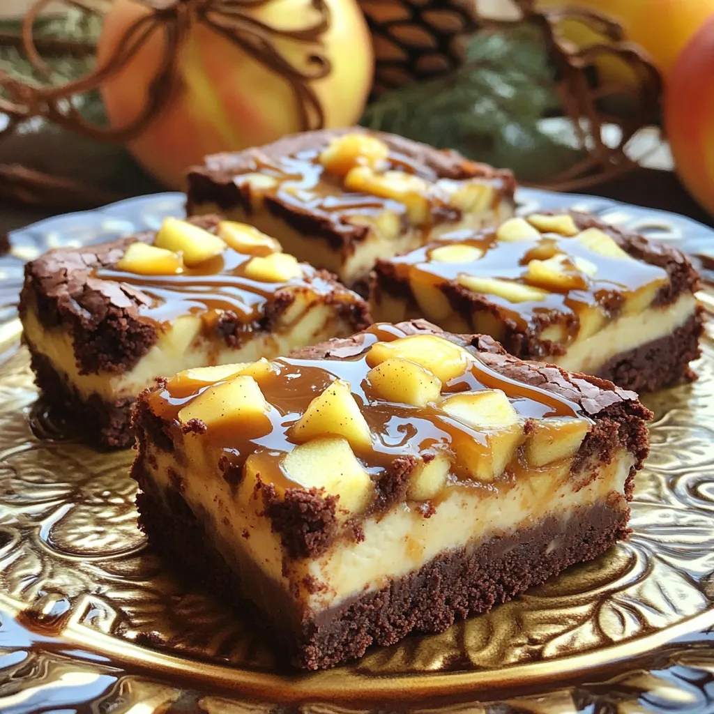 - 1/2 cup unsalted butter - 1 cup granulated sugar - 2 large eggs - 1 teaspoon vanilla extract - 1 cup all-purpose flour - 1/4 cup unsweetened cocoa powder - 1/2 teaspoon baking powder - 1/4 teaspoon salt - 2 medium apples, peeled, cored, and diced - 1 teaspoon cinnamon - 8 oz cream cheese, softened - 1/4 cup powdered sugar - 1 egg - 1/2 teaspoon vanilla extract - 1/2 cup caramel sauce (plus extra for drizzling) When I create caramel apple cheesecake brownies, I choose the freshest ingredients. The base starts with unsalted butter; this helps control the salt level. Granulated sugar adds sweetness and moisture. I use two large eggs to bind everything together, along with a splash of vanilla extract for flavor. For the brownie mix, I combine all-purpose flour and unsweetened cocoa powder. The cocoa gives a rich taste, while baking powder and salt bring the right rise and balance. Diced apples add freshness, and cinnamon brings warmth. For the cheesecake layer, I use softened cream cheese, combined with powdered sugar and another egg. This creates a smooth, creamy layer. Finally, I drizzle caramel sauce on top for that sweet finish. Each ingredient plays a key role in making these brownies a decadent delight. - Preheat your oven to 350°F (175°C). - Grease a 9x9-inch baking pan or line it with parchment paper. - In a medium saucepan, melt 1/2 cup unsalted butter over low heat. - Remove the melted butter from heat. Stir in 1 cup granulated sugar. - Add 2 large eggs, one at a time, mixing well after each. - Mix in 1 teaspoon vanilla extract. - In a separate bowl, whisk 1 cup all-purpose flour, 1/4 cup cocoa powder, 1/2 teaspoon baking powder, and 1/4 teaspoon salt. - Gradually add the dry mix to your wet mix. Stir until just combined. - Fold in 2 diced apples and 1 teaspoon cinnamon. Make sure to spread the apples evenly. - In a mixing bowl, beat 8 oz softened cream cheese, 1/4 cup powdered sugar, 1 egg, and 1/2 teaspoon vanilla extract until smooth. - Drop spoonfuls of this cream cheese mix over the brownie batter. - Use a knife to swirl the cream cheese into the brownie batter. - Drizzle 1/2 cup caramel sauce over the top. Swirl it for extra flavor. - Bake for 30-35 minutes. Test with a toothpick; it should come out clean or with a few moist crumbs. - Cool in the pan for 15 minutes. Then, lift it out using the parchment paper. - Let it cool completely on a wire rack. - Drizzle with extra caramel sauce before cutting into squares. To keep your brownies from being too cakey, don't overmix the batter. Mix until just combined. This keeps the texture fudgy and rich. Overmixing adds air, which makes brownies light and cake-like. Use a gentle hand when folding in the apples and cinnamon too. If you want to switch things up, try using pears or peaches instead of apples. They bring a nice sweetness and flavor. You can also add chocolate chips for an extra layer of richness. Fold in a half-cup of your favorite chocolate chips for a delightful twist. When serving, place the brownies on a pretty platter. Drizzle caramel sauce over the top for a stunning look. You can also sprinkle cinnamon on top for added flavor. For a fresh touch, add thin apple slices around the brownies. This makes your dessert even more appealing! {{image_2}} You can switch things up with fun flavors. One option is a pumpkin spice version. Just add pumpkin puree and pumpkin spice to the batter. This gives your brownies a warm, fall flavor that’s perfect for chilly days. Another idea is to mix in nuts like walnuts or pecans. They add a nice crunch and a rich taste. Just chop them up and fold them into the brownie batter before baking. If you or someone you know has dietary needs, don’t worry! You can easily make gluten-free options. Use a gluten-free flour blend instead of all-purpose flour. This way, everyone can enjoy these tasty treats. For those needing dairy-free adaptations, swap the cream cheese for a dairy-free cream cheese. Use coconut milk or almond milk in place of regular milk. This keeps the creamy texture while fitting your dietary needs. Feel free to experiment with these variations to make the recipe your own! To keep your caramel apple cheesecake brownies fresh, store them in an airtight container. Place parchment paper between layers to avoid sticking. They stay tasty at room temperature for up to three days. If you want to keep them longer, refrigerate them. They can last up to a week in the fridge. For freezing, cut the brownies into squares first. Wrap each square in plastic wrap, then place them in a freezer-safe bag. They freeze well for about three months. Thaw them in the fridge overnight before serving. When you want to enjoy your brownies warm, reheating is easy. Preheat your oven to 350°F (175°C). Place the brownies on a baking sheet and cover them with foil. Heat for about 10 to 15 minutes. This keeps them soft and gooey. You can also use a microwave. Place a brownie on a microwave-safe plate. Heat it for about 15 to 20 seconds. Be careful not to overheat, or it may become tough. Enjoy that warm, melty goodness! Yes, you can make these brownies ahead of time. They stay fresh for a few days. Store them in an airtight container at room temperature. For longer storage, you can freeze them. Wrap each brownie in plastic wrap, then place them in a freezer bag. Thaw them at room temperature when you’re ready to enjoy. To check if the brownies are done, insert a toothpick in the center. If it comes out clean or with a few moist crumbs, they are ready. Keep in mind that they will continue to set as they cool. Avoid overbaking, as this can make them dry. I recommend using tart apples for balance. Granny Smith apples work well due to their crisp texture and tartness. Honeycrisp apples are also a great choice. They add sweetness and keep their shape during baking. Absolutely! Store-bought caramel sauce saves time. Just make sure to choose a high-quality brand for the best taste. You can drizzle it over the brownies or swirl it into the batter for added flavor. To enhance the chocolate flavor, try adding chocolate chips to the batter. Use semi-sweet or dark chocolate chips for a richer taste. You can also increase the cocoa powder slightly for a deeper chocolate flavor. This article covered the key ingredients and steps to make delicious brownies. You learned about flavors, texture tips, and storage methods. Remember, the right mix of apples and cinnamon can elevate your treat. Don't forget to try different variations for your taste. With these insights, your brownies will impress friends and family. Enjoy baking and savor every bite!