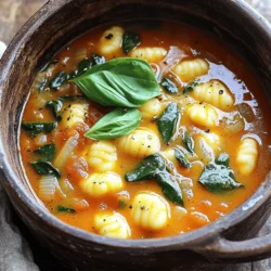 To make this warm and tasty soup, you need some basic items: - 1 tablespoon olive oil - 1 medium onion, diced - 3 cloves garlic, minced - 1 can (28 oz) crushed tomatoes - 4 cups vegetable broth - 1 teaspoon dried oregano - 1 teaspoon dried basil - 1/2 teaspoon red pepper flakes (optional) - 1 package (16 oz) gnocchi (store-bought or homemade) - 2 cups fresh spinach, chopped - Salt and pepper to taste - 1/2 cup heavy cream or coconut milk (for a vegan option) - Fresh basil leaves for garnish These ingredients come together to create a rich and hearty soup. The crushed tomatoes give it a nice base. The gnocchi adds a soft, chewy texture that kids and adults enjoy. While the soup is great as is, you can add some extra touches: - Grated Parmesan cheese for a savory kick - A squeeze of lemon juice for brightness - Fresh herbs like parsley or thyme for more aroma These items can enhance the taste and make the soup even better. They bring out the flavors and add a gourmet feel. You can easily adjust this soup for different diets: - Use vegetable broth to keep it vegetarian or vegan. - Swap heavy cream for coconut milk to make it dairy-free. - Use gluten-free gnocchi for a gluten-free option. These substitutes keep the soup delicious while meeting your needs. You can enjoy it without worry! Start by gathering all your ingredients. You will need: - 1 tablespoon olive oil - 1 medium onion, diced - 3 cloves garlic, minced - 1 can (28 oz) crushed tomatoes - 4 cups vegetable broth - 1 teaspoon dried oregano - 1 teaspoon dried basil - 1/2 teaspoon red pepper flakes (optional) - 1 package (16 oz) gnocchi - 2 cups fresh spinach, chopped - Salt and pepper to taste - 1/2 cup heavy cream or coconut milk - Fresh basil leaves for garnish Next, chop the onion and mince the garlic. Make sure to have everything ready. This will make cooking easier. Heat the olive oil in a large pot over medium heat. Add the diced onion and sauté until soft, about 3-4 minutes. Then, stir in the minced garlic. Cook it for another 1-2 minutes until it smells great. Now, pour in the crushed tomatoes and vegetable broth. Add the oregano, dried basil, and red pepper flakes if you like some heat. Bring this mix to a boil. Once boiling, lower the heat and let it simmer for 10 minutes. This lets all the flavors blend nicely. After simmering, add the gnocchi. Cook them according to the package instructions. Usually, they take about 3-5 minutes to float to the top. This means they are done! Once the gnocchi is ready, stir in the chopped spinach. Cook until it wilts, which takes just a minute or two. Finally, pour in the heavy cream or coconut milk. Stir well and season with salt and pepper to your taste. Serve the soup hot in bowls. Garnish each bowl with fresh basil leaves for a pop of color. You could also add a drizzle of olive oil for extra flavor. For a complete meal, pair it with crusty bread or a fresh salad. Enjoy this hearty and simple dish! When making One-Pot Tomato Basil Gnocchi Soup, beginners often make a few mistakes. Here are some to watch for: - Overcooking the gnocchi: Gnocchi cooks fast. If you let it sit too long, it can become mushy. - Not seasoning enough: Taste your soup as you go. Add salt and pepper for more flavor. - Skipping the onion and garlic: These add depth. Don’t skip this step; they are key. To make your soup shine, try these tips: - Use fresh herbs: Fresh basil gives a bright taste. Add some at the end for a boost. - Add a splash of lemon juice: It brightens the flavors and adds a nice zing. - Incorporate cheese: Grated Parmesan stirred in adds richness. Just melt it in before serving. Having the right tools makes cooking easier. Here’s what I recommend: - Large pot: A sturdy pot holds everything well and allows for even cooking. - Wooden spoon: Great for stirring without scratching your pot. - Measuring cups and spoons: Accurate measurements help you get it right. - Ladle: Perfect for serving up that warm soup. {{image_2}} To make this soup vegan, swap heavy cream for coconut milk. The coconut milk gives a nice, creamy texture. It also adds a hint of sweetness. Use vegetable broth instead of chicken broth to keep it plant-based. You can also add more veggies, like carrots or bell peppers, for extra nutrition. If you want a heartier soup, add proteins like beans or lentils. Chickpeas work well and add good fiber. Cook them in the soup for the last few minutes. You can also add shredded chicken or sausage for meat lovers. Just make sure to cook them ahead of time before adding them to the pot. Seasonal ingredients can change the soup's flavor. In spring, add asparagus or peas for freshness. In fall, consider using pumpkin or squash for a warm taste. You can also mix in fresh herbs like parsley or thyme. This keeps the soup exciting and new, no matter the season. After you finish your One-Pot Tomato Basil Gnocchi Soup, let it cool. This helps keep the taste fresh. Use an airtight container to store the soup. Place it in the fridge if you'll eat it in a few days. The soup stays good for about three days. If you want to keep it longer, freezing is a great choice. To freeze, first cool the soup down completely. Then, pour it into freezer-safe bags. Make sure to remove as much air as you can. This keeps the soup from getting freezer burn. Label the bags with the date. The soup can stay in the freezer for up to three months. Just remember, the gnocchi may change texture after freezing. When you are ready to eat the soup again, take it out of the fridge or freezer. If it's frozen, let it thaw in the fridge overnight. To reheat, pour the soup in a pot over medium heat. Stir it often to avoid sticking. If the soup is too thick, add a little broth or water. Heat until it is warm, and enjoy! Cooking gnocchi in the soup takes about 3 to 5 minutes. Once you add the gnocchi, they will float when ready. This shows they are cooked. Keep an eye on them to avoid overcooking. Overcooked gnocchi can become mushy, which is not tasty. Yes, you can use fresh tomatoes! If you prefer fresh, use about 2 pounds of ripe tomatoes. Chop them up and add them to the pot. The taste will be bright and fresh. Just remember, you may need to cook them a bit longer to break down. You can use different broths in this recipe. Chicken broth or mushroom broth are great options. Each will give the soup a unique flavor. If you want a richer taste, use homemade broth. Just make sure your broth fits any dietary needs you have. This blog post covered everything you need for a tasty one-pot tomato basil gnocchi soup. We discussed essential and optional ingredients, preparation steps, cooking methods, and tips to enhance flavor. You learned how to store leftovers and even some fun variations. Remember, cooking is about creativity. Feel free to add your twist to this soup. Enjoy making it and share the joy with others!
