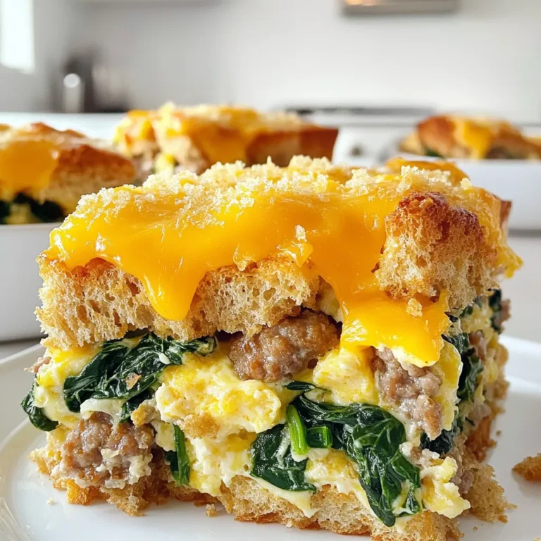 To make a great Savory Sausage and Spinach Breakfast Strata, you'll need the following ingredients: - 1 pound breakfast sausage, casings removed - 1 cup fresh spinach, roughly chopped - 6 large eggs - 2 cups milk - 1 teaspoon Dijon mustard - 1/2 teaspoon garlic powder - 1/2 teaspoon onion powder - Salt and pepper to taste - 8 slices whole grain bread, cut into cubes - 1 cup shredded cheddar cheese - 1/4 cup grated Parmesan cheese Each item plays a role in creating a hearty and tasty dish. The sausage adds rich flavor, while the spinach brings freshness. Eggs and milk form the creamy base. Bread absorbs all those wonderful flavors. Cheddar and Parmesan give a cheesy finish that you will love. - Preheat the oven to 350°F (175°C). - Grease a 9x13-inch baking dish with cooking spray or butter. - Brown the sausage in a skillet. - Stir and break it apart until it is cooked, about 5-7 minutes. - Add the chopped spinach to the skillet. - Cook until the spinach wilts, about 2-3 minutes. - In a large bowl, whisk together the eggs and milk. - Add Dijon mustard, garlic powder, onion powder, salt, and pepper. - Mix until well combined. - Add the cubed bread to the egg mixture. - Then, add the cooked sausage and spinach. - Gently fold everything together until well mixed. - Transfer the mixture into the greased baking dish. - Spread it out evenly in the dish. - Sprinkle shredded cheddar and Parmesan cheese over the top. - Cover with aluminum foil and bake for 30 minutes. - Remove the foil and bake for another 15-20 minutes. - The top should be golden, and the strata should be set. - Let the strata cool for a few minutes before slicing. - For a lovely presentation, garnish with fresh herbs like parsley or chives. - Serve warm with a side of fresh fruit or yogurt for balance. - Use stale bread for the best texture. Fresh bread can make the strata soggy. Stale bread soaks up the egg mixture well. - Adjust seasoning to your taste. A pinch more salt or pepper can enhance the flavors. - Serve the strata with fresh fruit, like berries or melon. This adds a sweet touch to your meal. - Garnish with freshly chopped herbs, such as parsley or chives. This makes the dish look vibrant and appealing. - To reheat leftovers, place them in a preheated oven at 350°F (175°C). Bake for 15-20 minutes until warm. - Store leftovers in an airtight container in the fridge. They last up to 3 days for best quality. {{image_2}} You can easily switch out some ingredients for variety. If you want a leaner option, try using turkey sausage instead of regular sausage. It still packs flavor but with less fat. For cheese, consider using feta or goat cheese. These cheeses add a tangy twist that pairs well with the spinach. Feel free to get creative with add-ins. You can throw in other veggies like bell peppers or onions. These add color and crunch. You can also spice things up by adding a pinch of red pepper flakes or smoked paprika. This gives your dish an extra kick. This strata is great for any meal. It works perfectly for breakfast, brunch, or even dinner. For portion sizes, I suggest cutting it into squares. Each square is a good serving. You can serve it warm with a side of fresh fruit or yogurt for a balanced meal. The savory sausage and spinach breakfast strata lasts up to 4 days in the fridge. Store it in an airtight container to keep it fresh. Glass containers work best as they do not absorb odors. If you use plastic, make sure it is BPA-free. To freeze leftovers, let the strata cool completely. Cut it into individual portions for easy reheating. Wrap each piece tightly in plastic wrap, then place them in a freezer bag. Label the bag with the date. To reheat, thaw overnight in the fridge. Warm it in the oven at 350°F (175°C) for about 20 minutes until hot. Look for changes in smell or color. If the strata smells sour or looks discolored, it is best to throw it out. Mold is another clear sign that it has gone bad. Always trust your senses—when in doubt, discard it. You can use gluten-free bread. This keeps the dish tasty for those with gluten issues. For low-carb options, try cauliflower bread or zucchini bread. Both work well and taste great in this dish. Yes, you can prepare the strata the night before. Follow the recipe but stop before baking. Cover the dish and store it in the fridge. In the morning, just bake it straight from the fridge. This saves time and makes breakfast stress-free. The strata takes about 30 minutes covered and 15-20 minutes uncovered. Ovens vary, so check it early. You want the top to be golden and the center to set. A toothpick should come out clean when done. Yes, you can use frozen spinach. Thaw it first and drain the excess water. Squeeze out as much water as you can. This keeps the strata from getting soggy. Mix it with the sausage as you would with fresh spinach. Serve the strata warm. Garnish it with chopped herbs like parsley or chives. This adds color and flavor. You can also add a side of fresh fruit or yogurt to balance the meal. In this blog post, we explored a tasty breakfast strata using simple, wholesome ingredients. We broke down each step, from cooking the sausage to baking the dish. Remember to use stale bread for that perfect texture and feel free to mix up ingredients for your taste. Whether you enjoy this for breakfast or dinner, storing leftovers properly ensures you can savor it later. Get creative with your toppings and variations. Enjoy your cooking adventure!