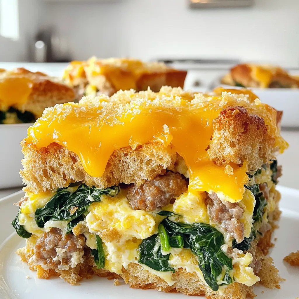 To make a great Savory Sausage and Spinach Breakfast Strata, you'll need the following ingredients: - 1 pound breakfast sausage, casings removed - 1 cup fresh spinach, roughly chopped - 6 large eggs - 2 cups milk - 1 teaspoon Dijon mustard - 1/2 teaspoon garlic powder - 1/2 teaspoon onion powder - Salt and pepper to taste - 8 slices whole grain bread, cut into cubes - 1 cup shredded cheddar cheese - 1/4 cup grated Parmesan cheese Each item plays a role in creating a hearty and tasty dish. The sausage adds rich flavor, while the spinach brings freshness. Eggs and milk form the creamy base. Bread absorbs all those wonderful flavors. Cheddar and Parmesan give a cheesy finish that you will love. - Preheat the oven to 350°F (175°C). - Grease a 9x13-inch baking dish with cooking spray or butter. - Brown the sausage in a skillet. - Stir and break it apart until it is cooked, about 5-7 minutes. - Add the chopped spinach to the skillet. - Cook until the spinach wilts, about 2-3 minutes. - In a large bowl, whisk together the eggs and milk. - Add Dijon mustard, garlic powder, onion powder, salt, and pepper. - Mix until well combined. - Add the cubed bread to the egg mixture. - Then, add the cooked sausage and spinach. - Gently fold everything together until well mixed. - Transfer the mixture into the greased baking dish. - Spread it out evenly in the dish. - Sprinkle shredded cheddar and Parmesan cheese over the top. - Cover with aluminum foil and bake for 30 minutes. - Remove the foil and bake for another 15-20 minutes. - The top should be golden, and the strata should be set. - Let the strata cool for a few minutes before slicing. - For a lovely presentation, garnish with fresh herbs like parsley or chives. - Serve warm with a side of fresh fruit or yogurt for balance. - Use stale bread for the best texture. Fresh bread can make the strata soggy. Stale bread soaks up the egg mixture well. - Adjust seasoning to your taste. A pinch more salt or pepper can enhance the flavors. - Serve the strata with fresh fruit, like berries or melon. This adds a sweet touch to your meal. - Garnish with freshly chopped herbs, such as parsley or chives. This makes the dish look vibrant and appealing. - To reheat leftovers, place them in a preheated oven at 350°F (175°C). Bake for 15-20 minutes until warm. - Store leftovers in an airtight container in the fridge. They last up to 3 days for best quality. {{image_2}} You can easily switch out some ingredients for variety. If you want a leaner option, try using turkey sausage instead of regular sausage. It still packs flavor but with less fat. For cheese, consider using feta or goat cheese. These cheeses add a tangy twist that pairs well with the spinach. Feel free to get creative with add-ins. You can throw in other veggies like bell peppers or onions. These add color and crunch. You can also spice things up by adding a pinch of red pepper flakes or smoked paprika. This gives your dish an extra kick. This strata is great for any meal. It works perfectly for breakfast, brunch, or even dinner. For portion sizes, I suggest cutting it into squares. Each square is a good serving. You can serve it warm with a side of fresh fruit or yogurt for a balanced meal. The savory sausage and spinach breakfast strata lasts up to 4 days in the fridge. Store it in an airtight container to keep it fresh. Glass containers work best as they do not absorb odors. If you use plastic, make sure it is BPA-free. To freeze leftovers, let the strata cool completely. Cut it into individual portions for easy reheating. Wrap each piece tightly in plastic wrap, then place them in a freezer bag. Label the bag with the date. To reheat, thaw overnight in the fridge. Warm it in the oven at 350°F (175°C) for about 20 minutes until hot. Look for changes in smell or color. If the strata smells sour or looks discolored, it is best to throw it out. Mold is another clear sign that it has gone bad. Always trust your senses—when in doubt, discard it. You can use gluten-free bread. This keeps the dish tasty for those with gluten issues. For low-carb options, try cauliflower bread or zucchini bread. Both work well and taste great in this dish. Yes, you can prepare the strata the night before. Follow the recipe but stop before baking. Cover the dish and store it in the fridge. In the morning, just bake it straight from the fridge. This saves time and makes breakfast stress-free. The strata takes about 30 minutes covered and 15-20 minutes uncovered. Ovens vary, so check it early. You want the top to be golden and the center to set. A toothpick should come out clean when done. Yes, you can use frozen spinach. Thaw it first and drain the excess water. Squeeze out as much water as you can. This keeps the strata from getting soggy. Mix it with the sausage as you would with fresh spinach. Serve the strata warm. Garnish it with chopped herbs like parsley or chives. This adds color and flavor. You can also add a side of fresh fruit or yogurt to balance the meal. In this blog post, we explored a tasty breakfast strata using simple, wholesome ingredients. We broke down each step, from cooking the sausage to baking the dish. Remember to use stale bread for that perfect texture and feel free to mix up ingredients for your taste. Whether you enjoy this for breakfast or dinner, storing leftovers properly ensures you can savor it later. Get creative with your toppings and variations. Enjoy your cooking adventure!