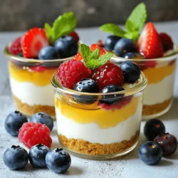 To make Greek Yogurt Cheesecake Cups, you will need: - 2 cups Greek yogurt (plain) - 8 oz cream cheese, softened - 1/2 cup honey or maple syrup (for vegan) - 1 teaspoon vanilla extract - 1 teaspoon lemon juice - 1/4 cup powdered sugar - 1 cup crushed graham crackers or almond flour (for gluten-free) - 4 tablespoons melted butter or coconut oil - Fresh berries (strawberries, blueberries, or raspberries) for topping - Fresh mint leaves for garnish (optional) These ingredients blend to create a creamy, rich cheesecake. The Greek yogurt adds tang, while the cream cheese gives it a smooth texture. For a vegan version, use: - Maple syrup instead of honey - Coconut oil instead of butter - Almond flour for the crust For gluten-free options, replace graham crackers with almond flour. This way, you can enjoy these cups no matter your dietary needs. Using high-quality ingredients makes a real difference. Fresh Greek yogurt gives a better taste and creaminess. Choose full-fat cream cheese for a rich flavor. When you use pure vanilla extract, it enhances the dessert’s aroma. Fresh berries should be ripe and vibrant to brighten your cheesecake cups. Quality ingredients lead to a more delicious treat everyone will love. To make the crust, grab a mixing bowl. Combine 1 cup of crushed graham crackers or almond flour with 4 tablespoons of melted butter or coconut oil. Mix it well. You want every crumb to be coated in butter. This gives it a rich taste. Next, take serving cups or small jars. Divide the mixture evenly among them. Press it firmly to create an even layer at the bottom. This step is key for a solid base. Once done, place the cups in the fridge. Let them chill while you prepare the filling. Using a large bowl, take 8 ounces of softened cream cheese. Blend it with a hand mixer until it's smooth. Make sure there are no lumps. Now, add 2 cups of plain Greek yogurt. Then mix in 1/2 cup of honey or maple syrup, 1 teaspoon of vanilla extract, 1 teaspoon of lemon juice, and 1/4 cup of powdered sugar. Beat this mixture until it becomes creamy and fully combined. This is the heart of your cheesecake cups. Remove the crust cups from the fridge. Spoon the cheesecake filling over the crusts. Smooth out the tops for a nice finish. Cover the cups and refrigerate them for at least 2 to 4 hours. The longer they chill, the better the flavor will be. Before serving, top each cup with fresh berries like strawberries, blueberries, or raspberries. You can add a mint leaf for a nice touch. Enjoy your creamy delight! To get the best cheesecake, you need smooth ingredients. Start by softening the cream cheese. This makes it mix well with the Greek yogurt. Use a hand mixer to blend until you have a creamy texture. If the mixture is too thick, add a splash of milk. This helps it become smoother and lighter. You can make these cups your own! Try different flavors by adding zest from lemons or limes. You can also mix in fruit purees, like strawberry or raspberry, for a fruity twist. For toppings, fresh berries are great. You can also use crushed nuts or a drizzle of chocolate. Mint leaves add a nice touch too! Be careful not to over-mix the filling. This can make it too airy and change the texture. Watch how much sweetener you add. Too much can overpower the taste. Make sure to chill the cups long enough. If you skip this step, the cheesecake may not set well. Take your time and enjoy the process! {{image_2}} You can play with flavors by using different Greek yogurt. Try vanilla or lemon for a zestier taste. Strawberry Greek yogurt adds a nice fruity twist. You can even use honey-flavored yogurt for extra sweetness. Each choice changes the flavor profile while keeping it creamy. Mix and match to find your favorite! While crushed graham crackers are classic, you can switch it up! Almond flour makes a great gluten-free crust. Try crushed cookies or even oats for a unique texture. If you want a nutty taste, use ground nuts like pecans. You can also use coconut flour for a tropical hint. The crust is your canvas—be creative! Toppings can change with the seasons. In spring, fresh strawberries or cherries are bright and tasty. Summer calls for blueberries or raspberries to keep it cool. In fall, diced apples with cinnamon add warmth. Winter can be cozy with pomegranate seeds or citrus zest. Don't forget a sprig of mint for a fresh touch. Each season brings new flavors to enjoy! To keep your Greek yogurt cheesecake cups fresh, store them in the fridge. Use airtight containers or cover each cup with plastic wrap. This helps prevent the cheesecake from absorbing any odors. Make sure to keep the cups away from strong-smelling foods. This way, your dessert stays tasty and fresh. If you want to save some cheesecake cups for later, you can freeze them. First, let the cups chill in the fridge until set. Then, wrap each cup tightly in plastic wrap. Place them in a freezer-safe bag or container. You can freeze them for up to three months. To enjoy, thaw them in the fridge overnight before serving. These cheesecake cups will stay fresh in the fridge for about 4 to 5 days. After that, the texture and taste may change. Always check for any signs of spoilage. If they look or smell off, it’s best to toss them. Enjoy your treat while it's at its best! Yes, you can use low-fat Greek yogurt. It will still taste great. The texture may be a bit lighter, but it will work. Just make sure it is plain. This option keeps it creamy without adding too much fat. The cheesecake cups are set when they feel firm to the touch. They should not jiggle when you move them. If they seem soft in the middle, give them more time in the fridge. I recommend chilling them for at least 2-4 hours. The longer they chill, the better the flavor gets. Absolutely! These cheesecake cups are perfect for making ahead of time. You can prepare them up to two days in advance. Just store them in the fridge until you are ready to serve. This makes them a great option for parties or get-togethers. Enjoy the extra time you save! To sum it up, this blog post shared a clear guide on making delightful cheesecake cups. We covered key ingredients, step-by-step prep, and tips for great results. You learned about storage, variations, and answers to common questions. Remember, quality ingredients matter. Experiment with flavors and avoid common mistakes. With these insights, you’re ready to impress your friends and family with your cheesecake cups. Enjoy making this tasty treat!