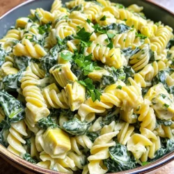 To make One Pot Spinach Artichoke Pasta, gather these ingredients: - Pasta choices: 12 oz of penne, rotini, or fusilli - Vegetables: 1 cup of frozen spinach (thawed and drained), 1 cup of canned artichoke hearts (drained and roughly chopped), 3 cloves of garlic (minced), 1 onion (finely chopped) - Liquid: 4 cups of vegetable broth, 1 cup of cream cheese (softened) - Seasoning: 1 teaspoon of Italian seasoning, salt and pepper to taste, 1 tablespoon of olive oil - Garnish: Fresh parsley (chopped) Each ingredient plays a key role. The pasta serves as the base, while spinach and artichokes add nutrition and flavor. Garlic and onion bring a savory depth. The vegetable broth creates a rich sauce, and cream cheese adds creaminess. The Italian seasoning brings warmth, while salt and pepper enhance all the flavors. Fresh parsley adds a nice touch when serving. First, heat the olive oil in a large pot over medium heat. Add the finely chopped onion. Sauté it for about 3-4 minutes until it becomes soft and clear. This step builds a flavorful base. Next, add the minced garlic and cook for another 1-2 minutes. The garlic should smell great but not burn. Once the garlic is fragrant, stir in the thawed and drained spinach, along with the chopped artichoke hearts. Cook these together for another 2 minutes. This mix adds color and nutrition to your dish. Now, pour in the vegetable broth. Bring it to a boil. Once boiling, add your choice of pasta. I love using penne or rotini, but fusilli works too. Sprinkle in the Italian seasoning and stir well. The pasta should be fully submerged in the broth. Lower the heat to medium-low and cover the pot. Let it cook for 10-12 minutes. Stir occasionally to prevent sticking. The pasta should be al dente when done, which means it has a little bite to it. When the pasta is cooked, remove the pot from heat. Stir in the softened cream cheese and grated Parmesan cheese. Mix until everything is creamy and well combined. This is where the magic happens, creating a rich, tasty sauce. Finally, season with salt and pepper to your liking. Serve hot, and if you like, garnish with fresh chopped parsley. This simple step adds a nice touch of color and flavor. Enjoy your creamy spinach artichoke pasta! To make sure your pasta is al dente, follow these steps: - Check the package instructions for cooking time. - Start timing once the pasta hits the boiling broth. - Taste a piece before draining, it should be firm yet tender. For a creamy texture, use these stirring techniques: - Stir gently and consistently to mix in the cheese. - Scrape the bottom of the pot to avoid sticking. - Add a splash of broth if the sauce seems thick. If you need an alternative for cream cheese, consider these options: - Greek yogurt for a tangy twist. - Silken tofu for a dairy-free choice. - Ricotta cheese for added creaminess. For pasta types, feel free to mix it up: - Use whole wheat for more fiber. - Try gluten-free options like chickpea or lentil pasta. - Spiralized vegetables can make a fun, fresh base. Pair your One Pot Spinach Artichoke Pasta with these side dishes: - A light green salad with lemon vinaigrette. - Garlic bread for a comforting touch. - Roasted vegetables to add color and flavor. For presentation ideas, try these tips: - Serve in bowls topped with parsley. - Add a sprinkle of extra Parmesan for flair. - Use colorful plates to make the dish pop. {{image_2}} You can add protein to your One Pot Spinach Artichoke Pasta for a heartier meal. - Chicken or Shrimp Options: Cook diced chicken or shrimp in the pot before adding other ingredients. This adds nice flavor and boosts protein. Just make sure to cook the chicken until it's no longer pink or the shrimp until they turn pink and opaque. - Vegetarian Protein Sources: If you prefer plant-based options, try adding chickpeas or lentils. They add great texture and protein without meat. Just rinse canned chickpeas or cook lentils separately, then mix them in at the end. Enhancing flavors can take this pasta dish to the next level. - Extra Spices and Herbs: Consider adding crushed red pepper for heat or smoked paprika for depth. Fresh herbs like basil or thyme can also brighten the dish. Add these during cooking for the best flavor. - Using Different Cheeses for Creaminess: While cream cheese is great, you can mix in ricotta or goat cheese for a different taste. You might also try a strong cheese like blue cheese for a unique flavor twist. Many people have dietary needs. Here are some easy swaps. - Gluten-Free Pasta Alternatives: If you need gluten-free options, use gluten-free pasta. Brown rice or chickpea pasta works well. Just cook according to the package instructions. - Dairy-Free Substitutes for Cream Cheese: For a dairy-free version, use cashew cream or a dairy-free cream cheese. These will give you that creamy texture without the dairy. Just blend soaked cashews with a bit of water until smooth for a great substitute. To keep your One Pot Spinach Artichoke Pasta fresh, choose the right containers. Glass or BPA-free plastic containers work best. They seal tightly and prevent spills. If you have more leftovers, use smaller containers for easy portions. When it comes to refrigeration, store your pasta in the fridge within two hours of cooking. It lasts about 3 to 5 days. For longer storage, freezing is a good option. Divide your pasta into portions and freeze in airtight containers. It can last up to 3 months in the freezer. Reheating the pasta can be simple. The best methods include using the microwave or stovetop. If using the microwave, place your pasta in a bowl and add a splash of broth or water. Heat in 30-second intervals, stirring in between. To reheat on the stovetop, place the pasta in a pan over low heat. Add a bit of broth or cream to help with creaminess. Stir frequently to avoid sticking. This will keep your dish nice and smooth when reheated. Yes, you can make this pasta ahead of time. To prep, cook the pasta and sauce as normal. Let it cool completely before storing. Place it in an airtight container and refrigerate for up to 3 days. When ready to eat, simply reheat on the stove over low heat. You may want to add a splash of broth to keep it creamy. This dish pairs well with many sides. Consider serving: - Garlic bread for a crunchy contrast. - A fresh green salad for extra veggies. - Roasted vegetables to add more flavor and texture. - A light soup for a warm starter. This meal is quick and easy. Here's the breakdown: - Prep time: 10 minutes - Cook time: 15 minutes - Total time: 25 minutes - Servings: 4 people You can whip this up fast on a busy night! This post covered all the essentials for making One Pot Spinach Artichoke Pasta. We discussed the ingredients, step-by-step cooking instructions, and tips to enhance flavor and texture. You learned about variations to fit your taste and dietary needs. Lastly, we shared storage guidance to keep your dish fresh. Cooking can be simple and fun. With these steps, you'll impress anyone at your table. Enjoy the process, and let your creativity shine in every bowl!