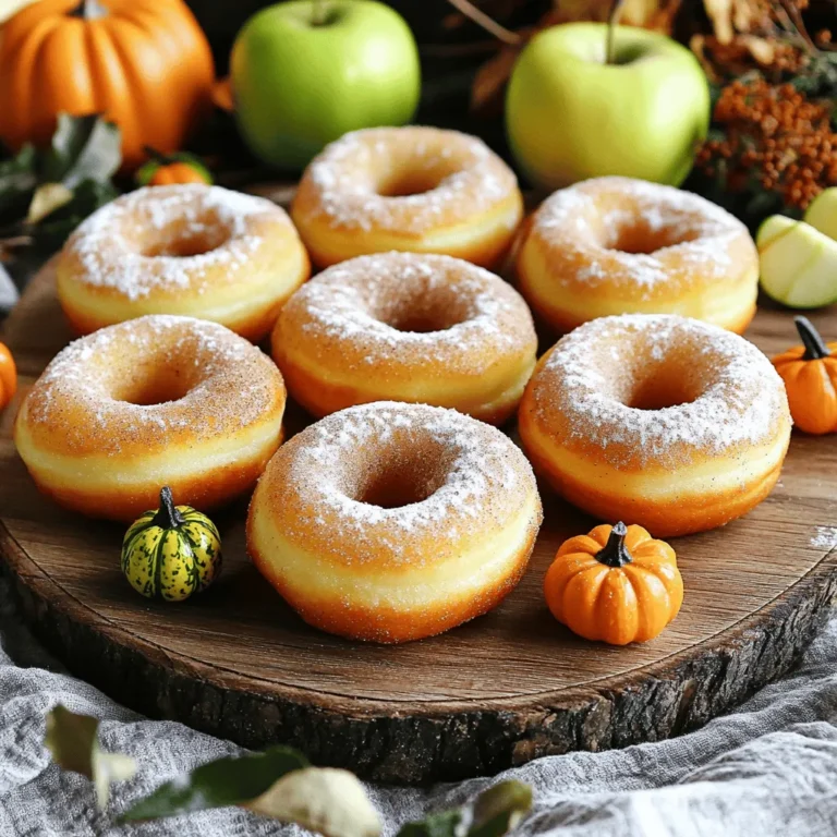 To make these apple cider donuts, you'll need: - 2 cups apple cider - 1 cup all-purpose flour - 1 cup whole wheat flour - 3/4 cup granulated sugar - 1/2 cup brown sugar, packed - 1 teaspoon baking powder - 1 teaspoon baking soda - 1 teaspoon cinnamon - 1/2 teaspoon nutmeg - 1/2 teaspoon salt - 1/2 cup unsweetened applesauce - 2 large eggs - 1/4 cup vegetable oil - 1 teaspoon vanilla extract - Extra sugar and cinnamon for coating Each ingredient plays a key role: - Apple cider gives the donuts a rich apple flavor. Reducing it makes the taste stronger. - All-purpose and whole wheat flour create a nice texture. Whole wheat adds a bit more fiber. - Sugars sweeten the donuts and help them brown nicely. - Baking powder and baking soda are leavening agents. They help the donuts rise and stay soft. - Cinnamon and nutmeg add warmth and spice. They make the donuts taste like fall. - Unsweetened applesauce keeps the donuts moist and adds more apple flavor. - Vegetable oil keeps the donuts tender. It helps them stay soft after baking. - Vanilla extract adds a sweet note, balancing the spices. You can change some ingredients if needed: - Gluten-free flour can replace all-purpose and whole wheat flour for a gluten-free option. - Brown sugar can be swapped with coconut sugar for a different sweetness. - Oil can be replaced with melted butter for a richer flavor. - Eggs can be replaced with flax eggs or applesauce for a vegan option. - Spices like ginger or cardamom can be added for a unique twist. - Coatings can include chocolate or powdered sugar for different tastes. Feel free to get creative with these ingredients. Each change can bring a new flavor or texture to your donuts! First, take 2 cups of apple cider. Pour it into a small saucepan. Heat it over medium heat. Watch it closely as it cooks. Reduce the cider until it thickens. You want about 1 cup when finished. This may take around 15 minutes. Once thick, let it cool for a bit. Next, grab a large mixing bowl. In it, whisk together these dry ingredients: - 1 cup all-purpose flour - 1 cup whole wheat flour - 3/4 cup granulated sugar - 1/2 cup brown sugar, packed - 1 teaspoon baking powder - 1 teaspoon baking soda - 1 teaspoon cinnamon - 1/2 teaspoon nutmeg - 1/2 teaspoon salt Make sure everything is well mixed. This step blends the flavors and helps the donuts rise. Now, take a separate bowl. In this bowl, mix: - The cooled apple cider - 1/2 cup unsweetened applesauce - 2 large eggs - 1/4 cup vegetable oil - 1 teaspoon vanilla extract Stir until smooth. Once mixed, pour this blend into the dry ingredients. Mix until just combined. It’s okay if some lumps remain. Don’t overmix, or your donuts may be tough. Next, grease your donut pan with non-stick spray. Carefully spoon the batter into each cavity. Fill them about 2/3 full. Bake in a preheated oven at 350°F (175°C) for 10-12 minutes. The donuts should spring back when pressed lightly. Let them cool in the pan for 5 minutes. Then, move them to a wire rack. While they cool, mix some extra sugar and cinnamon in a shallow bowl. Once cool, roll each donut in this mixture for a sweet coating. Enjoy your tasty treats! Mixing the batter well is key. Start by whisking your dry ingredients in one bowl. This helps blend the flour, sugars, and spices evenly. In another bowl, mix your wet ingredients. Stir them until smooth. When you combine both bowls, mix just until you see no dry flour. Lumps are okay. Overmixing can make your donuts tough. To get that perfect donut shape, fill each cavity in your donut pan about two-thirds full. This allows the donuts to rise without spilling over. Bake them until they spring back when touched. This means they are done. Let them cool in the pan for a few minutes before moving them. This helps keep their shape intact. Store your apple cider donuts in an airtight container at room temperature. They stay fresh for about two days. If you want to keep them longer, freeze them. Wrap each donut in plastic wrap and place them in a freezer bag. To reheat, just pop them in the microwave for about 10-15 seconds. Enjoy them warm, just like fresh from the oven! {{image_2}} You can make these donuts healthier in a few ways. Swap out some of the all-purpose flour for almond or coconut flour. Use honey or maple syrup instead of sugar. Applesauce is a great ingredient; you can add more to keep them moist. You can also try using Greek yogurt instead of oil for a protein boost. To add more flavor, mix in spices like ginger or allspice. You can also add a pinch of clove for warmth. Try adding citrus zest, like orange or lemon, to brighten the taste. For toppings, consider using a glaze made from powdered sugar and apple cider. You can also drizzle caramel for a sweet finish. Making gluten-free donuts is easy. Use a gluten-free flour blend instead of regular flour. Look for blends that include xanthan gum, which helps with texture. You can also add ground oats if you want a heartier feel. Always check labels to ensure your ingredients are gluten-free. For a stunning serve, place your apple cider donuts on a lovely platter. You can dust them lightly with powdered sugar. Add some apple slices or mini pumpkins around them. This makes a festive display that brightens any table. These donuts pair well with warm drinks. Think of apple cider, hot chocolate, or spiced tea. Coffee also makes a great match. The rich flavors in these drinks bring out the best in the donuts. Apple cider donuts are perfect for many occasions. Serve them at fall gatherings or cozy family breakfasts. They also fit well at Halloween parties or Thanksgiving feasts. You can even enjoy them during a casual get-together with friends. Everyone loves a warm donut, and these will surely impress! Yes, you can use fresh apple juice. However, apple cider has a deeper flavor. To mimic cider, reduce the apple juice on the stove. Cook it until it thickens. This will give you a richer taste similar to cider. To make these donuts gluten-free, swap the all-purpose flour. Use a gluten-free flour blend instead. Check that your baking powder is also gluten-free. This way, you keep the texture but lose the gluten. Yes, you can freeze apple cider donuts. Cool them completely first. Place them in an airtight container. They will stay fresh for about three months. When ready, just thaw and enjoy! You learned how to make tasty apple cider donuts. I shared detailed steps for the ingredients and baking process. I also included tips for mixing, shaping, and storing your treats. You found options for variations and serving ideas. In the end, you can enjoy these donuts any time. Experiment with flavors and pair them with drinks. Don't hesitate to try healthier or gluten-free options. Happy baking!