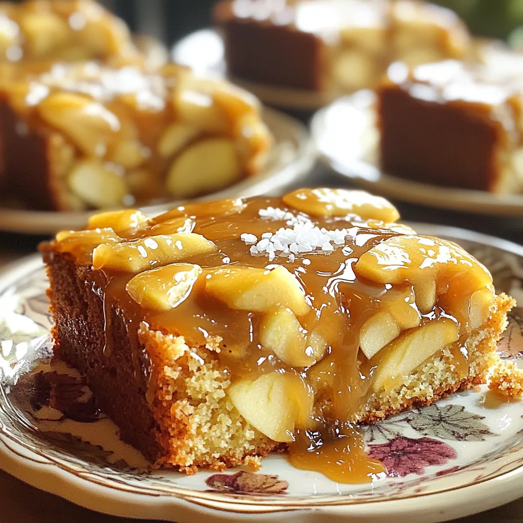 To make this delicious cake, you will need: - 2 cups all-purpose flour - 1 ½ teaspoons baking powder - ½ teaspoon baking soda - ½ teaspoon salt - 1 teaspoon ground cinnamon - ¾ cup unsalted butter, softened - 1 cup brown sugar, packed - ½ cup granulated sugar - 3 large eggs - 1 teaspoon vanilla extract - 1 cup buttermilk - 3 cups Granny Smith apples, peeled and diced - 1 cup store-bought salted caramel sauce - Flaky sea salt for garnish Using fresh ingredients is key for great taste. Fresh apples add a crisp, juicy bite. Fresh butter gives your cake a rich flavor. High-quality sugar helps the cake rise and stay moist. Always check your baking powder and baking soda for freshness. Old ingredients may not work well and can ruin your cake. You may have dietary needs. Luckily, there are easy swaps. If you're gluten-free, use a gluten-free flour blend. You can replace buttermilk with almond milk mixed with vinegar. This works well and keeps the cake moist. For a vegan option, replace eggs with applesauce or flaxseed meal mixed with water. These changes keep the cake tasty and fun for everyone! Start by preheating your oven to 350°F (175°C). This step is key for a great bake. Next, grease and flour a 9x13 inch baking pan. You can also line it with parchment paper for easy removal later. In a medium bowl, whisk together the following dry ingredients: - 2 cups all-purpose flour - 1 ½ teaspoons baking powder - ½ teaspoon baking soda - ½ teaspoon salt - 1 teaspoon ground cinnamon Make sure these are well mixed. This helps the cake rise and adds flavor. In a large mixing bowl, cream together: - ¾ cup unsalted butter, softened - 1 cup brown sugar, packed - ½ cup granulated sugar Mix these until light and fluffy, about 5 minutes. This step is important for a soft cake. Add 3 large eggs, one at a time. Mix well after each egg. Then stir in 1 teaspoon of vanilla extract. This adds a nice flavor to your cake. Gradually add the dry ingredients to the wet mixture. Alternate this with 1 cup of buttermilk. Start and end with the flour mix. Mix until just combined. Don’t overmix; this keeps the cake tender. Gently fold in 3 cups of peeled and diced Granny Smith apples. Make sure they are evenly mixed in. Next, pour half of the batter into your prepared pan. Drizzle with half of 1 cup of salted caramel sauce. Spread the rest of the batter on top and drizzle with the remaining caramel. Using a knife or toothpick, swirl the caramel into the batter for a beautiful look. Bake for 40-45 minutes. A toothpick should come out clean when inserted in the center. Let the cake cool in the pan for 15 minutes. After that, transfer it to a wire rack to cool completely. Once cool, drizzle more salted caramel on top. Finish with a sprinkle of flaky sea salt for an extra touch of flavor. Enjoy your delicious Bakery-Style Salted Caramel Apple Cake! To get a soft and moist cake, use room-temperature ingredients. This helps mix them better. Make sure to cream the butter and sugars until light and fluffy. This takes about five minutes. Also, don't overmix the batter. Mix until just combined for the best texture. The apples add moisture, so choose firm Granny Smith apples. They hold their shape and add a nice tart flavor. Swirling caramel creates a beautiful marbled look. After pouring your batter into the pan, drizzle half of the salted caramel sauce on top. Then, use a knife or toothpick to swirl it gently. Be careful not to mix it in too much. You want to see those lovely caramel ribbons in the final cake. One common mistake is not measuring ingredients correctly. Always use dry measuring cups for flour and sugar. Another mistake is skipping the cooling step. Let the cake cool in the pan for at least 15 minutes before removing it. This helps it set and prevents breaking. Finally, don’t skip the flaky sea salt on top. It balances the sweetness and enhances the flavor. {{image_2}} You can add nuts for crunch. Chopped walnuts or pecans work great. They add texture and flavor. Dried fruits like raisins or cranberries bring sweetness. Mix in about a cup to the batter. Just remember to adjust for balance. Nuts and fruits add more fun to this cake! To make this cake gluten-free, swap the all-purpose flour. Use a gluten-free blend instead. Look for blends that include xanthan gum. This helps mimic the texture of regular flour. The taste remains delicious, and the cake stays moist. Enjoy this option without worry! You can change up the frosting to fit your taste. A cream cheese frosting adds richness. Just mix cream cheese, butter, and powdered sugar. Or try a simple vanilla buttercream. For a twist, use chocolate frosting. Each option offers a unique flavor to your cake. Choose what fits your mood best! To keep your salted caramel apple cake fresh, store it in an airtight container. Make sure it cools completely before sealing. This will help keep the moisture in and avoid drying out. If you plan to eat it within three days, it’s fine to leave it at room temperature. For longer storage, place it in the fridge. When you're ready to enjoy leftovers, reheating is easy. Preheat your oven to 350°F (175°C). Place a slice of cake on a baking sheet, cover it with foil, and warm it for about 10 to 15 minutes. This method keeps the cake moist and revives the flavors. You can also microwave a slice for about 15-20 seconds, but it may lose some texture. If you need to store the cake for a longer time, freezing works well. Cut the cake into slices and wrap each piece tightly in plastic wrap. Then place them in a freezer-safe bag. This keeps air out and protects the cake. It can last for up to three months in the freezer. To enjoy, thaw a slice in the fridge overnight before reheating. Yes, you can use different apples. I recommend tart apples like Honeycrisp or Braeburn. They add a nice balance to the sweet cake. You can also mix types for more flavor. The cake lasts about three to four days when stored properly. Keep it in an airtight container at room temperature. If you want it to last longer, refrigerate it for up to a week. Serve the cake warm or at room temperature. I love adding a scoop of vanilla ice cream on top. Drizzle extra caramel sauce for a nice touch. This makes each bite even better! Yes, you can make the cake ahead. It tastes great the next day too. Just store it covered at room temperature. If you want, you can frost it just before serving for a fresh look. Yes, you can substitute buttermilk. Use regular milk with a splash of vinegar or lemon juice. Let it sit for five minutes before using. This will mimic the texture and tang of buttermilk. To enhance the caramel flavor, add extra salted caramel sauce in the batter. You can also sprinkle caramel bits into the mix. This will give you a richer caramel taste throughout the cake. This article covered the key steps to bake a delicious apple caramel cake. We looked at fresh ingredients and easy substitutions. You learned step-by-step instructions, tips for great texture, and fun variations. Storing leftovers and reheating tips help keep your cake fresh. Remember, you can mix in different apples or flavors to make it yours. Baking is fun, so enjoy the process and share with friends! Happy baking!