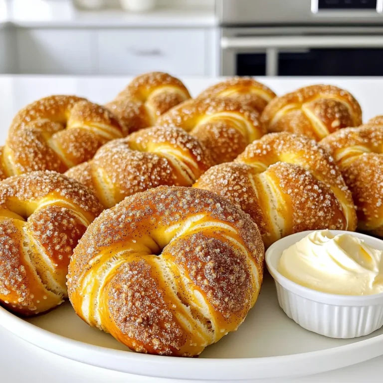 To make these tasty pretzel knots, gather these items: - 2 ½ cups all-purpose flour - ¼ cup granulated sugar - 1 teaspoon salt - 1 packet (2 ¼ teaspoons) active dry yeast - 1 cup warm water (110°F) - 2 tablespoons unsalted butter, melted - ¼ cup baking soda - 1 large egg, beaten (for egg wash) - 2 tablespoons ground cinnamon - ½ cup brown sugar - Coarse sea salt, for sprinkling Using precise measurements ensures great results. Make sure to: - Use a measuring cup for flour, leveling it off for accuracy. - Warm the water to about 110°F. This helps activate the yeast. - Measure the sugar and salt carefully. Too much or too little can affect taste. Want to elevate your pretzel knots? Consider these options: - Add vanilla extract for a sweet hint. - Include nutmeg for a warm, spiced flavor. - Experiment with different sugars, like coconut sugar, for unique tastes. - Top with a drizzle of icing or serve with dipping sauces like caramel or chocolate. Start by mixing warm water and yeast in a small bowl. Let it sit for about 5 minutes. This helps the yeast activate. You want it to get frothy. In a large bowl, whisk together the flour, sugar, and salt. Then, add the melted butter and the frothy yeast mix. Stir until a dough forms. Knead the dough on a floured surface for 5 to 7 minutes. It should feel smooth and elastic. Place it in a greased bowl and cover it with a damp cloth. Let it rise in a warm spot for about 1 hour or until it doubles in size. Once the dough rises, punch it down gently. Divide it into 8 equal pieces. Roll each piece into a long rope, about 20 inches long. Now, twist each rope into a knot shape. Make sure the ends are tucked under nicely. This gives the pretzels their classic look. Place the shaped knots aside on a floured surface while you prep for boiling. In a large pot, bring about 4 cups of water to a boil. Add the baking soda carefully. This step is key for that chewy texture. Drop each pretzel knot into the boiling water for 30 seconds. Then, remove them and place them on a lined baking sheet. Brush each knot with the beaten egg for a nice shine. In a small bowl, mix ground cinnamon and brown sugar. Sprinkle this mix generously over the pretzels. Bake them in a preheated oven at 425°F for 12 to 15 minutes. Look for a golden brown color. Once they are done, sprinkle coarse sea salt on top while they are still warm. Enjoy the sweet and salty goodness! To get the right dough, start with warm water at 110°F. This temperature wakes up the yeast. After mixing, knead the dough for about 5-7 minutes. It should be smooth and elastic. If it feels sticky, add a little more flour, but don’t overdo it. The goal is a soft, pliable dough. Let it rise in a warm spot, and it should double in size. Boiling your pretzel knots is key to their texture. Use a large pot with at least 4 cups of water. Add ¼ cup of baking soda once the water is boiling. This step gives pretzels their shiny crust. Drop each knot into the water carefully. Let them boil for 30 seconds. This short boil helps form a crisp outer layer while keeping the inside soft. For that bakery-style look, brush the pretzels with a beaten egg before baking. This gives them a beautiful, shiny finish. Don’t forget to sprinkle the cinnamon and brown sugar mix generously on top. You can add coarse sea salt right after baking for an extra crunch. For a fun touch, serve your pretzel knots on a wooden board with a dip like cream cheese frosting or chocolate sauce. This not only looks great but also enhances the flavor! {{image_2}} You can change the flavor of your pretzel knots easily. For a chocolate twist, add cocoa powder to the dough. Mix in chocolate chips before shaping the knots. If cheese is your thing, use cheddar or mozzarella. Add shredded cheese to the dough or sprinkle it on top before baking. These small changes can make a big difference! Want to make gluten-free pretzel knots? Use a gluten-free flour blend instead of all-purpose flour. Look for blends that work well for baking. You may need to adjust the liquid in the recipe. Make sure to add a binding agent like xanthan gum. This will help give the pretzels a nice texture! Seasonal flavors can add fun to your pretzel knots. For fall, try adding pumpkin spice to the cinnamon sugar mix. Just mix cinnamon with nutmeg, ginger, and allspice. You can also add pumpkin puree to the dough for a richer flavor. These seasonal twists will keep your pretzels exciting all year long! To keep your pretzel knots fresh, store them in an airtight container. This helps maintain their soft texture. You can keep them at room temperature for up to two days. If you want to save them longer, refrigerate them. Just wrap them tightly in plastic wrap first. When you're ready to enjoy your pretzel knots again, reheating is easy. Preheat your oven to 350°F (175°C). Place the knots on a baking sheet. Heat them for about 5-7 minutes. This method restores their soft, warm goodness. You can also use a microwave, but they may lose their crispiness. Heat them in 15-second bursts until warm, but check often. You can freeze pretzel knots for later use. Allow them to cool completely first. Then, wrap each knot in plastic wrap. Place them in a freezer-safe bag or container. They can stay in the freezer for up to three months. To enjoy, thaw them in the fridge overnight. Reheat them as mentioned above for the best taste and texture. These pretzel knots are "bakery-style" because of their fluffy texture and rich flavor. The dough has a perfect balance of sweetness from granulated sugar and brown sugar. The addition of cinnamon gives them warmth and a cozy taste. Boiling the pretzels in baking soda water helps create a chewy crust, just like the ones from your favorite bakery. This method makes them golden brown and adds a nice shine. When you top them with coarse sea salt, you get that classic sweet and salty combo. Yes, you can make the dough ahead of time! After kneading, place the dough in a greased bowl and cover it. You can store it in the fridge for up to 24 hours. When you are ready to bake, let the dough sit at room temperature for about 30 minutes. This will help it rise better. If it has not doubled in size, give it more time. Making dough ahead saves you time and allows you to enjoy fresh pretzel knots later. If your pretzel knots don't rise, it may be due to inactive yeast. Always check the yeast by mixing it with warm water. If it doesn't froth, it’s no longer good. Another reason may be the temperature. Make sure your dough rises in a warm area. If it is too cold, it won’t rise well. If your dough doesn’t rise, give it more time. Patience is key! If all fails, you can still bake them, but the texture will be denser. In this blog post, we covered how to make perfect pretzel knots. We discussed the ingredients needed and their measurements. I provided step-by-step instructions for preparation, shaping, boiling, and baking. You also learned tips for texture and storage options for your pretzels. Remember, variations like cheese or gluten-free options can add fun. Enjoy making and sharing these tasty treats. With practice, your pretzel knots will become a favorite for everyone. Dive in, and have fun with your baking journey!