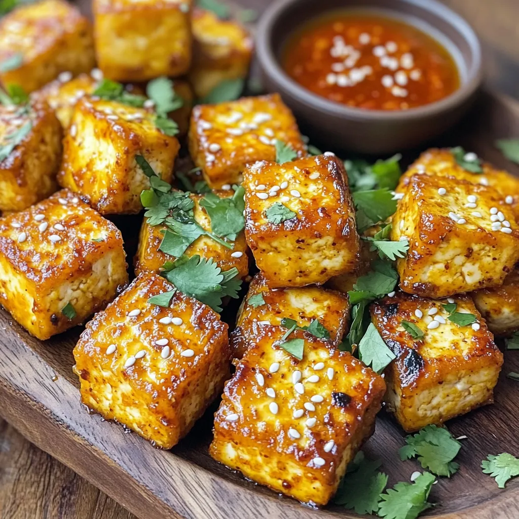 - 1 block (14 oz) firm tofu, pressed and cubed - 2 tablespoons cornstarch - 2 tablespoons soy sauce - 2 tablespoons sriracha - 2 cloves garlic, minced - 1 teaspoon ginger, grated - 1 tablespoon olive oil - Salt and pepper to taste - 1 tablespoon sesame seeds - Fresh cilantro, chopped Gathering fresh ingredients is key for flavor. Firm tofu works best for this recipe. It holds its shape and gives a satisfying bite. Press the tofu first to remove extra moisture. This step makes a big difference in crispiness. Cornstarch creates that crispy outer layer. It coats the tofu evenly and helps it fry up golden. Soy sauce adds a savory umami kick, while sriracha brings the heat. You can adjust the sriracha to your spice level. If you like more heat, add a bit more. Garlic and ginger add depth and aroma. They enhance the overall taste, making your nuggets more exciting. Olive oil helps with frying and adds richness. Salt and pepper round out the flavors. For garnishing, sesame seeds and fresh cilantro bring a nice pop. They also add a lovely look to your dish. Be sure to have these ingredients ready before you start cooking. This ensures a smooth cooking process and delicious results. First, press the tofu to remove excess moisture. Wrap the tofu block in a clean towel or paper towels. Place a weight on top for about 15 minutes. This step helps the tofu absorb the marinade better. Next, cut the pressed tofu into bite-sized cubes. Aim for uniform pieces so they cook evenly. Place the cubes in a large mixing bowl for easy marinating. Now, prepare the marinade. In a small bowl, mix together 2 tablespoons of soy sauce, 2 tablespoons of sriracha, 2 cloves of minced garlic, 1 teaspoon of grated ginger, 1 tablespoon of olive oil, and salt and pepper to taste. Pour this marinade over the tofu cubes. Gently mix to ensure each cube is evenly coated. Let the tofu marinate for at least 15 minutes. This will infuse the tofu with deep flavor. Sprinkle 2 tablespoons of cornstarch over the marinated tofu. Toss lightly to coat each cube. This step is key for achieving that crispy texture. Preheat your air fryer to 375°F (190°C) for about 5 minutes. This ensures the nuggets cook evenly and get that nice crunch. Place the coated tofu nuggets in the air fryer basket. Arrange them in a single layer, making sure not to overcrowd. Cook for 15-20 minutes, shaking the basket halfway through. This helps them cook evenly. They should turn golden brown and crispy when done. Once cooked, remove the nuggets from the air fryer. Sprinkle with sesame seeds and fresh chopped cilantro for that extra flavor and pop of color. Enjoy your crispy and spicy tofu nuggets! To get that perfect crisp, you need to press the tofu. Pressing removes extra moisture. This step helps the tofu absorb flavors and fry better. I recommend wrapping the tofu in a clean towel. Then, place a weight on top for about 15 minutes. This simple trick makes a big difference! Next, cornstarch plays a key role in texture. After marinating, sprinkle cornstarch over the tofu. Toss it gently to coat each piece. The cornstarch creates a crunchy outside when you air fry the nuggets. Trust me, this step is crucial for that delightful crunch. To adjust the spice level, use sriracha wisely. If you like more heat, add extra sriracha. For a milder flavor, reduce the amount. This flexibility makes the dish perfect for everyone. You can also add extra herbs for depth of flavor. Fresh cilantro adds a bright touch. You might try adding green onions or parsley too. These additions can elevate your nuggets to a whole new level! Enjoy playing with the flavors to find what you love best. {{image_2}} You can tweak the flavors in your spicy garlic tofu nuggets. For a sweet and spicy twist, add honey or maple syrup to your marinade. This blend balances the heat of the sriracha. If you like more heat, sprinkle in some extra spices. Paprika adds a smoky flavor, while cayenne gives it a kick. Experimenting with these spices opens up new taste experiences. If you're not a fan of tofu, there are great alternatives. Tempeh or seitan work well in this recipe. Both offer a similar texture and absorb flavors nicely. For those who need gluten-free options, ensure your soy sauce is gluten-free. You can also use tamari as a perfect substitute. These swaps let everyone enjoy this dish without worry. To store your tofu nuggets, let them cool down first. Place them in an airtight container. They will stay fresh in the fridge for up to three days. If you want to keep them longer, consider freezing. Place the nuggets in a freezer-safe bag. They can last up to three months in the freezer. Just remember to label the bag with the date. To reheat your tofu nuggets, use your air fryer for the best results. Set it to 375°F (190°C) and cook for about 5 to 7 minutes. This method will help them regain their crispiness. You can also use an oven. Preheat it to 375°F (190°C) and bake the nuggets for about 10 minutes. Both methods will make your leftovers taste fresh again! You should use firm tofu for this recipe. Firm tofu holds its shape better when cooked. Soft tofu can fall apart and lacks the texture you want in nuggets. If you use soft tofu, the nuggets may turn mushy instead of crispy. These nuggets stay fresh in the fridge for about 3 to 5 days. Store them in an airtight container. Make sure they cool down before you put them in the fridge. This helps keep them crispy for longer. You have many great options for dipping sauces! Here are a few ideas: - Sweet chili sauce: This adds a nice sweet and spicy touch. - Soy sauce: Simple and classic for a salty kick. - Peanut sauce: Creamy and rich, perfect for a unique flavor. - Sriracha mayo: Blend mayo with sriracha for a creamy, spicy dip. Try different sauces to find your favorite! You now have a clear guide to making tasty tofu nuggets. We covered all key steps, from ingredients to cooking. Remember, pressing the tofu is vital for the best texture. The marinade and cornstarch add flavor and crispness. Feel free to tweak spices or try new ingredients. Leftovers stay fresh for days with proper storage. Make these nuggets your own and enjoy them in different ways. Cooking can be fun and rewarding, especially with this recipe. Get started and impress yourself and others!