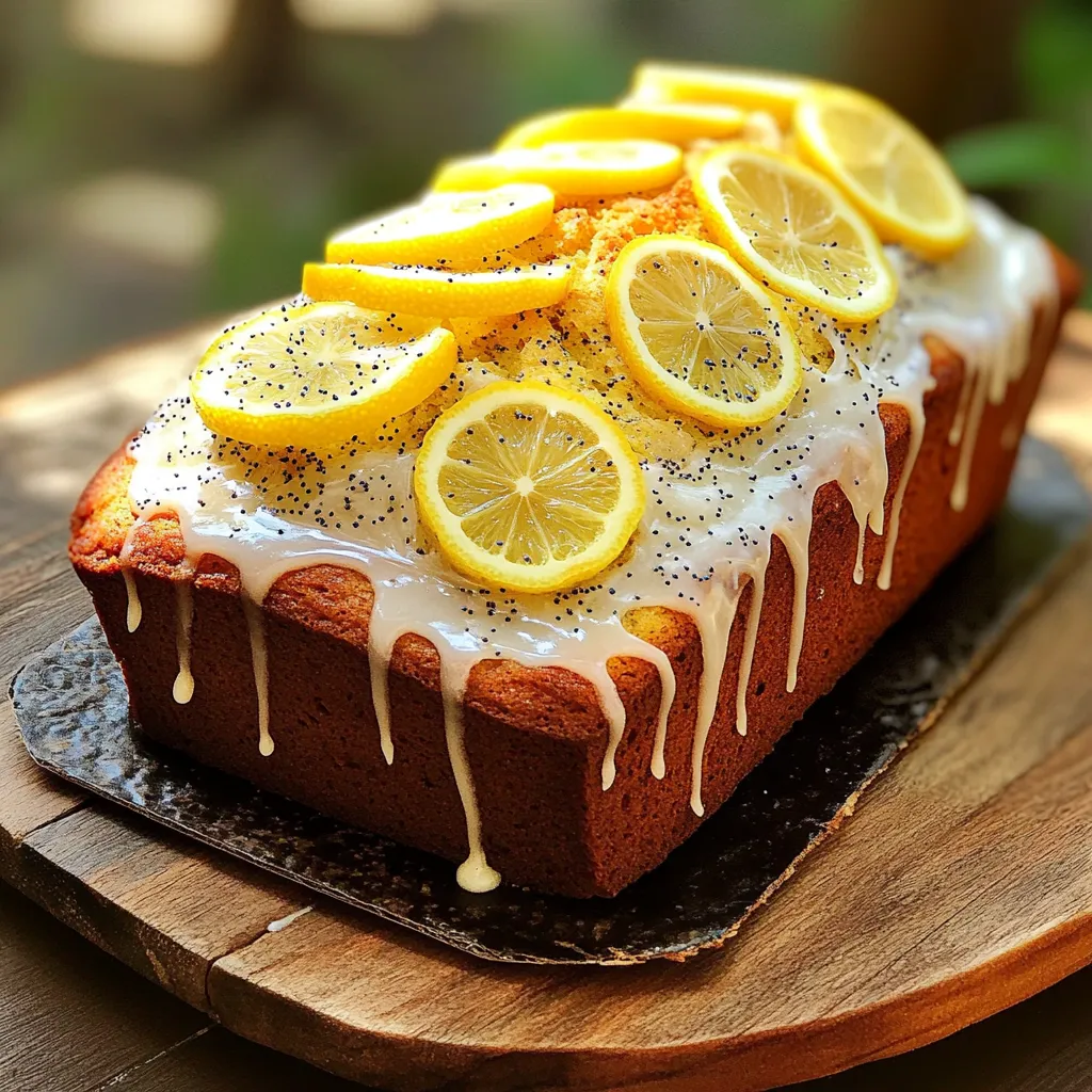 To bake a perfect lemon poppy seed loaf, you need key ingredients. Here is the list: - 1 ½ cups all-purpose flour - 1 teaspoon baking powder - ½ teaspoon baking soda - ¼ teaspoon salt - ½ cup unsalted butter, softened - 1 cup granulated sugar - 2 large eggs - 1 tablespoon lemon zest (about 1 lemon) - ¼ cup fresh lemon juice - 1 teaspoon vanilla extract - 2 tablespoons poppy seeds - ½ cup plain Greek yogurt Each ingredient plays a vital role in making your loaf moist and flavorful. Using fresh and high-quality ingredients makes a big difference. Here are some tips: - Butter: Always use unsalted butter for better control over salt levels. - Lemons: Fresh lemons give the best zest and juice. Avoid bottled lemon juice. - Flour: Use all-purpose flour for a light texture. Measure it correctly by spooning it into the cup and leveling it off. - Poppy Seeds: Fresh poppy seeds have a better flavor. Check for freshness before baking. You can adjust the recipe to fit dietary needs. Here are some ideas: - Gluten-Free: Use a gluten-free flour blend instead of all-purpose flour. - Dairy-Free: Substitute the butter with coconut oil and use dairy-free yogurt. - Egg-Free: Replace eggs with flaxseed meal mixed with water (1 tablespoon flaxseed + 2.5 tablespoons water for each egg). - Sugar-Free: Use a sugar substitute that measures cup-for-cup like erythritol or stevia. These substitutions will help you enjoy the loaf no matter your dietary preferences. To start, gather all your ingredients. You will need flour, sugar, butter, eggs, and more. Preheat your oven to 350°F (175°C). Grease a 9x5-inch loaf pan or line it with parchment paper. This step helps with easy removal later. 1. Mix Dry Ingredients: In a medium bowl, whisk together the flour, baking powder, baking soda, and salt. This ensures an even rise. 2. Cream Butter and Sugar: In a large bowl, cream the softened butter and granulated sugar. Mix for about 3-5 minutes until it’s light and fluffy. 3. Add Eggs: Beat in the eggs one by one. Make sure each egg is mixed in well before adding the next. 4. Combine Wet Ingredients: Stir in the lemon zest, fresh lemon juice, and vanilla extract. This mixture adds great flavor. 5. Mix Dry and Wet Ingredients: Gradually add the dry mix to the wet mixture. Alternate with the Greek yogurt. Start and end with the dry mix. 6. Add Poppy Seeds: Gently fold in the poppy seeds until just combined. Don’t overmix; this keeps the loaf light. 7. Pour and Bake: Pour the batter into the prepared pan. Smooth the top with a spatula. Bake for 50-60 minutes. A toothpick should come out clean when it’s done. To check if your loaf is done, insert a toothpick into the center. If it comes out clean, it’s ready. If it has batter on it, bake for a few more minutes. Let the loaf cool in the pan for about 10 minutes. Then transfer it to a wire rack to cool completely. This helps keep it moist and tasty. When baking lemon poppy seed loaf, avoid these common mistakes: - Not measuring flour correctly: Use a spoon to scoop and level off the flour. - Overmixing the batter: Mix just until combined to keep the loaf light. - Not preheating the oven: Always preheat for even baking. - Skipping the cooling step: Letting it cool prevents sogginess. To keep your lemon poppy seed loaf moist, follow these tips: - Use fresh lemon juice and zest: Fresh flavors help enhance moisture. - Incorporate Greek yogurt: This adds creaminess and keeps the loaf tender. - Avoid overbaking: Check your loaf a few minutes early. A toothpick should come out clean but not dry. - Store properly: Wrap it tightly in plastic wrap to retain moisture. Ensure you have these helpful tools for the best results: - 9x5-inch loaf pan: It shapes your loaf perfectly. - Mixing bowls: Use different sizes for mixing wet and dry ingredients. - Whisk: Essential for mixing dry ingredients and creaming butter and sugar. - Spatula: A must for folding in ingredients without deflating the batter. - Toothpick: Use this to check if your loaf is done baking. {{image_2}} You can boost the flavor of your loaf in fun ways. Adding blueberries or raspberries gives a fruity twist. Try mixing in some chopped nuts, like almonds or walnuts, for a crunchy bite. If you want a richer taste, add a touch of almond extract. For a unique flavor, consider using orange zest instead of lemon. Each choice makes the loaf special. If you have dietary needs, there are easy swaps. Use coconut oil instead of butter for a dairy-free option. For a gluten-free version, try using a 1:1 gluten-free flour blend. If you need a lower sugar option, substitute with honey or maple syrup. You can also use dairy-free yogurt to keep it light and fluffy. These swaps keep the loaf tasty and enjoyable. This loaf shines at many events. Slice it for brunch with friends or serve with tea for afternoon gatherings. You can also use it as a cake for birthdays. Top it with a light icing for a sweet touch. For a picnic, pack individual slices in bags. Each bite brings sunshine to your day, no matter the occasion. To keep your lemon poppy seed loaf fresh, wrap it well. Use plastic wrap or aluminum foil. Store it at room temperature for up to three days. If you need more time, put it in the fridge. In the fridge, it lasts for about a week. Always let the loaf cool completely before wrapping it. This prevents sogginess. Freezing is a great way to save leftovers. First, slice the loaf into pieces. Wrap each slice in plastic wrap. Then, place the wrapped slices in a freezer bag. Squeeze out the air before sealing. You can freeze the loaf for up to three months. When you are ready to enjoy it, just thaw it in the fridge overnight. To reheat your lemon poppy seed loaf, take a slice and place it on a plate. Use the microwave for about 10-15 seconds. Check it often to avoid overheating. You can also use the oven. Preheat the oven to 350°F (175°C). Heat the slice for about 5-10 minutes. This warms it nicely without drying it out. Enjoy it fresh and warm! You can tell the loaf is done by using a toothpick. Insert it into the center. If it comes out clean, the loaf is ready. The top should also look golden brown. A slight spring when you touch it means it is done. Yes, you can use gluten-free flour. Look for a one-to-one blend for best results. This helps maintain the loaf's texture. You may need to adjust baking time slightly. The loaf lasts about three days at room temperature. Store it in an airtight container. This keeps it moist and fresh. If you see any mold, discard it immediately. If you don't have Greek yogurt, you can use sour cream. You can also try plain yogurt. Applesauce is another option for moisture. Each will give a different taste but still work well in the recipe. To sum up, this blog post covered the essential ingredients for lemon poppy seed loaf and how quality matters. I detailed the steps to prepare, bake, and check doneness, while sharing tips to avoid common mistakes. You learned about variations, storage options, and answered some key questions. Baking lemon poppy seed loaf can be fun and rewarding. With the right ingredients and techniques, you can create a delicious treat for any occasion. Enjoy your baking journey!