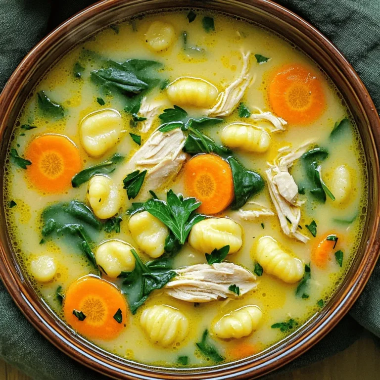 - 1 lb boneless, skinless chicken breasts, diced - 1 tablespoon olive oil - 1 medium onion, diced - 3 large carrots, sliced - 2 celery stalks, diced - 3 cloves garlic, minced - 4 cups chicken broth - 1 cup heavy cream - Salt and pepper to taste - 1 package (16 oz) potato gnocchi - 2 cups fresh spinach - Fresh parsley for garnish Gathering the right ingredients makes cooking fun and easy. For your One-Pot Chicken Gnocchi Soup, you need a mix of protein, veggies, and creamy goodness. First, grab the chicken. I love using boneless, skinless chicken breasts. They cook fast and stay tender. Dice them up into small pieces for quick cooking. Next, you'll need olive oil to sauté the chicken and add flavor. A medium onion gives a nice base flavor. Diced onion cooks down well, making your soup rich and tasty. For the veggies, I pick three large carrots, sliced, and two celery stalks, diced. These add crunch and color. Don’t forget the garlic! Three cloves, minced, give the soup a great aroma and taste. Now, for the broth, you’ll need four cups of chicken broth. It’s the heart of your soup. To make it creamy, add one cup of heavy cream. Finally, season with salt and pepper to taste. After you complete the base, add the final touches. Grab a package of potato gnocchi. It cooks quickly and adds a nice texture. Toss in two cups of fresh spinach for a pop of green. Finish with fresh parsley for garnish. It brightens up your dish and adds a beautiful look. - Heat olive oil in a large pot over medium heat. - Add the diced chicken. Sauté until browned, about 5 to 7 minutes. - Once done, remove the chicken and set it aside. - In the same pot, add the diced onion, minced garlic, sliced carrots, and diced celery. - Sauté these for about 5 minutes. You want the vegetables to soften. - Next, pour in the chicken broth and bring the mixture to a boil. - Once boiling, stir in the heavy cream, potato gnocchi, dried thyme, and dried oregano. - Reduce the heat to medium-low. Let it simmer for about 5 minutes. The gnocchi will cook and float to the top. - Add the cooked chicken back into the pot. Stir in the fresh spinach. - Cook for another 2 to 3 minutes until the spinach wilts. - Season with salt and pepper to taste before serving. To ensure your chicken is perfectly cooked, use a meat thermometer. The chicken should reach 165°F (75°C). This guarantees it is safe to eat and juicy. For better flavor in the soup, sauté the chicken until it is golden brown. This step adds a lovely depth to the dish. Also, don’t skip the garlic and onion. These ingredients build a tasty base for your soup. Serve your soup in vibrant bowls. Garnish it with fresh parsley for a pop of color. This not only looks great but also adds a fresh taste. You can also sprinkle grated Parmesan on top. This adds a creamy texture and a salty kick that pairs well with the soup. Using pre-diced vegetables can save you time in the kitchen. Look for packs of diced onions, carrots, and celery at your store. They make prep quick and easy. For storing leftover soup, let it cool first. Then, place it in an airtight container. Your soup will stay fresh in the fridge for about 3-4 days. Reheat on the stove or in the microwave for a quick meal. {{image_2}} You can switch out the chicken for rotisserie chicken. This saves time and adds flavor. Just shred the rotisserie chicken and stir it in at the end. You can also use turkey if you want a lighter option. For broth, you can choose low-sodium chicken broth. This helps control salt levels. You can also make homemade broth for a richer taste. Just simmer bones and veggies for a few hours. To make this soup gluten-free, use gluten-free gnocchi. Many brands offer this option. You can also check labels for gluten-free broth. If you want a dairy-free soup, try coconut cream instead of heavy cream. This gives a nice flavor. You can also use almond milk with a thickener to replace the cream. You can add spices like paprika or cayenne for heat. Fresh herbs like basil or dill can bring a bright taste. Just add them as you simmer the soup. Incorporating beans like white beans or chickpeas boosts protein. You can also add more vegetables, such as zucchini or bell peppers. This makes the soup heartier and adds more nutrients. After enjoying your One-Pot Chicken Gnocchi Soup, let it cool first. This helps prevent condensation in the container. Use airtight containers to keep the soup fresh. Glass containers work great. They do not stain and are easy to clean. If you use plastic, ensure it is BPA-free. Label containers with the date to track freshness. To freeze the soup, wait until it cools completely. Then, pour it into freezer-safe bags. Lay the bags flat for easy stacking. Remove as much air as possible to prevent freezer burn. For reheating, thaw in the fridge overnight. Heat gently on the stove or in the microwave. Stir often to ensure even warming. If the soup seems thick, add a bit of chicken broth or water. In the fridge, your soup lasts about 3 to 4 days. If frozen, it can stay good for 2 to 3 months. Always check for signs of spoilage before eating. Look for off smells or changes in color. If the soup appears separated or curdled, it’s best to discard it. Enjoy your soup fresh and tasty! You can serve this soup with many tasty sides. Here are my top picks: - Crusty bread: Freshly baked bread is perfect for dipping. - Side salad: A simple green salad adds a nice crunch. - Garlic bread: This pairs well and brings extra flavor. - Cheese toast: Melted cheese on toast makes a great addition. Yes, you can make this soup ahead of time. Here are some tips: - Cook and cool: Make the soup, then cool it quickly. - Store properly: Keep it in an airtight container in the fridge. - Reheat gently: Warm the soup on low heat when ready to serve. You can use frozen gnocchi in this recipe. Here’s how to adjust: - No need to thaw: Just add the frozen gnocchi directly to the soup. - Cooking time: They may need an extra minute to cook through. To add some heat, try these ideas: - Red pepper flakes: Add a pinch while cooking for a kick. - Hot sauce: Stir in your favorite hot sauce before serving. - Jalapeños: Add fresh or pickled jalapeños for extra spice. This blog post outlined a simple and tasty chicken gnocchi soup recipe. We covered the main ingredients, cooking steps, and tips to make your dish shine. With quick recipes and ingredient variations, you can easily adjust for your needs. This soup is warm, hearty, and perfect for any meal. You have the tools to create a dish that family and friends will love. Enjoy cooking and sharing this delightful soup!
