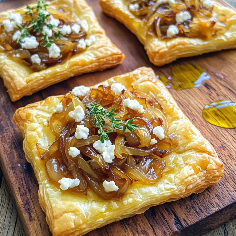 - 1 sheet of puff pastry, thawed - 2 large onions, thinly sliced - 4 oz goat cheese, crumbled - 1 tablespoon fresh thyme leaves (or 1 teaspoon dried thyme) - 1 teaspoon balsamic vinegar - 3 tablespoons olive oil - 1 teaspoon sugar - Salt and pepper to taste - 1 egg, beaten (for egg wash) To make a great Caramelized Onion Goat Cheese Tart, you need a few key items. The puff pastry is the base and adds a nice crunch. The onions are the star of the dish. They bring a sweet and rich flavor when you cook them down. Goat cheese adds creaminess and tang, which makes the tart delicious. For extra flavor, you can add fresh thyme and a splash of balsamic vinegar. This will lift the taste and make it more vibrant. Don’t forget the olive oil. It helps cook the onions and gives a nice finish. The sugar helps the onions caramelize, while salt and pepper bring everything together. Finally, an egg wash on the pastry gives it that golden look when baked. Gather these ingredients, and you’ll be on your way to making a wonderful tart! First, slice two large onions thinly. Heat three tablespoons of olive oil in a large skillet over medium heat. Once the oil is hot, add the sliced onions and a pinch of salt. Stir them often for about 15 to 20 minutes. You want them to soften and begin to caramelize. After the onions look golden, sprinkle one teaspoon of sugar on top. This helps deepen the flavor. Keep cooking for another five minutes. Then, add one teaspoon of balsamic vinegar and stir well. Remove from heat and let them cool a bit. Next, take your puff pastry out. Roll it out on a lightly floured surface. You want it to fit your tart pan, about 10 to 12 inches. Place the rolled pastry in the pan and trim any excess. Use a fork to prick the bottom. This keeps it from puffing too much. Spread the cooled caramelized onions evenly over the pastry base. Crumble four ounces of goat cheese on top. Don't forget to sprinkle fresh thyme leaves, about one tablespoon, over the cheese. Now it’s time for the egg wash. Beat one egg and brush the edges of the pastry for a nice golden finish. Preheat your oven to 400°F (200°C). Once hot, place the tart in the oven. Bake it for 25 to 30 minutes. Look for a puffed and golden brown pastry. When done, remove it from the oven and let it cool for a few minutes before slicing. Serve warm and enjoy! To get sweet, rich onions, you need to cook them right. Use medium heat for even cooking. Stir them often to avoid burning. If you go too high, the onions can scorch. Low heat can take longer but gives great flavor. It’s all about patience. Thaw your puff pastry ahead of time. Leave it in the fridge overnight. If you rush, it can become too warm and sticky. To keep the bottom from getting soggy, prick it with a fork. This helps steam escape while baking. Garnish your tart with fresh thyme and a drizzle of olive oil. This adds a nice touch of flavor. Pair the tart with a fresh salad or a glass of white wine. The tart’s warmth and creaminess match well with crisp greens. {{image_2}} You can switch goat cheese for feta. Feta adds a salty bite. It melts well and pairs nicely with caramelized onions. Another option is ricotta. Ricotta brings a creamy texture. It balances the sweetness of the onions. Feel free to add vegetables. Spinach works well and adds color. Mushrooms also add a nice earthiness. You can also try different herbs. Basil or oregano can enhance the flavor. Fresh herbs bring brightness to the tart. If you need a gluten-free option, use gluten-free pastry. Many stores sell this now. It works just like regular puff pastry. You can also try alternative crusts. Cauliflower or almond flour crusts are great. They add unique flavors and textures. To keep your tart fresh, store any leftovers in the fridge. Place it in an airtight container. If you do not have one, cover it tightly with plastic wrap. This will help prevent it from drying out. The tart will stay good for about 3-4 days. When reheating, I recommend using the oven. Preheat it to 350°F (175°C). Place the tart on a baking sheet. Heat for about 10-15 minutes. This keeps the crust crispy. The microwave works too, but it may get soggy. If you use the microwave, heat it for 1-2 minutes. Check often to avoid overcooking. You can freeze the tart before or after baking. If you freeze it before baking, wrap it well in plastic wrap. Then, place it in a freezer bag. This way, you can bake it fresh later. If you freeze it after baking, let it cool first. Wrap it tightly and store it in the freezer for up to 2 months. When ready to eat, thaw it overnight in the fridge before reheating. To caramelize onions fast, use a large skillet. Heat the skillet on medium heat. Add 3 tablespoons of olive oil and 2 large onions, thinly sliced. Sprinkle a pinch of salt and stir often. Cook for 15-20 minutes until the onions soften. Add 1 teaspoon of sugar to speed up browning. Cook for 5 more minutes until they are deep brown. Stir in 1 teaspoon of balsamic vinegar for extra flavor. This method saves time and enhances taste. Yes, you can prepare this tart ahead. Make the caramelized onions and let them cool. Roll out the puff pastry and fit it into the tart pan. Spread the onions on the pastry, add goat cheese, and thyme. Cover and store the tart in the fridge for up to 24 hours. When you are ready to bake, brush with egg wash and bake as directed. This way, you save time and enjoy fresh flavors. If you want to swap goat cheese, try feta cheese for a salty kick. Ricotta gives a creamy texture and a mild flavor. Cream cheese is another option, adding richness. For a sharp taste, use blue cheese. Each cheese brings a different flavor, so choose one that fits your taste. This blog post shared how to make a delicious tart using puff pastry, onions, and goat cheese. We explored optional ingredients like thyme and balsamic vinegar to enhance flavors. I also provided tips for caramelizing onions and preparing puff pastry for the perfect tart. You can customize this dish with different cheeses and vegetables. Enjoying this tart with a salad or wine makes it a great meal. Keep these steps and tips in mind for your next cooking adventure!