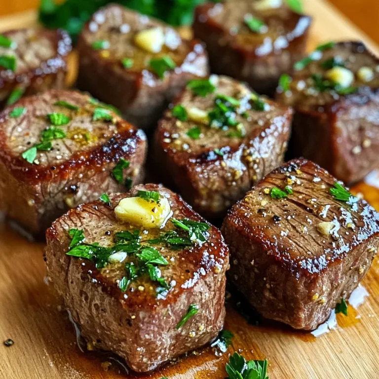 To make delicious garlic butter steak bites, you will need: - 1 lb sirloin steak, cut into 1-inch cubes - 4 tablespoons unsalted butter, melted - 4 cloves garlic, minced - 1 teaspoon dried thyme - 1 teaspoon smoked paprika - Salt and pepper, to taste - Fresh parsley, chopped for garnish These ingredients create a rich and tasty flavor. The sirloin steak gives a nice texture. The garlic and butter add great taste. You can use these optional ingredients to boost the flavor: - A splash of Worcestershire sauce - A pinch of red pepper flakes for heat - Fresh lemon juice for brightness These add-ons can change the taste, making it your own. Feel free to mix and match based on your preference. To make this recipe, you will need a few key tools: - Air fryer - Large mixing bowl - Sharp knife and cutting board - Measuring spoons These tools help make cooking easy and fun. An air fryer is key for that perfect bite. Having the right tools saves time and effort in the kitchen. To start, gather your ingredients. You need melted butter, minced garlic, dried thyme, smoked paprika, salt, and pepper. In a large bowl, mix the melted butter and garlic together. Then, add the thyme, smoked paprika, salt, and pepper. Stir until well blended. This mix packs a good punch of flavor for your steak! Next, take your sirloin steak and cut it into 1-inch cubes. Add these steak cubes to the marinade. Toss them around until every piece is coated. This step is key to making your steak bites tasty. Let the steak marinate for about 10-15 minutes. This time allows the flavors to sink in deeply. While your steak marinates, preheat your air fryer to 400°F (200°C). After marinating, place the steak bites in the air fryer basket. Make sure they are in a single layer. Avoid overcrowding to ensure even cooking. Cook for 8-10 minutes. After 4-5 minutes, shake the basket to help them cook evenly. For medium-rare, aim for 8 minutes. For medium, go for 10 minutes. Once done, let the steak bites rest for 2 minutes. Finally, garnish with fresh chopped parsley before serving. Enjoy! To get steak bites just right, you need to know the perfect cooking time. For medium-rare, cook for about 8 minutes. If you want them medium, aim for 10 minutes. Always check the internal temperature. Use a meat thermometer; 130°F (54°C) for medium-rare and 140°F (60°C) for medium. Don't forget to let them rest for 2 minutes after cooking. This helps keep the juices inside. Air frying is easy but requires some tips. First, preheat your air fryer to 400°F (200°C). This step helps the steak cook evenly. Place the steak bites in a single layer. Overcrowding the basket can lead to uneven cooking. Shake the basket halfway through cooking. This ensures all sides get crispy. Keep an eye on them; every air fryer is a bit different. Don’t let that tasty marinade go to waste! You can use it to add flavor to veggies or potatoes. Just toss them in the leftover marinade before air frying. You can also make a dipping sauce. Heat the marinade in a small pot until it bubbles, then drizzle it over your steak bites. This adds extra flavor and keeps your meal exciting. {{image_2}} You can switch up the steak cut for different flavors and textures. Good options include ribeye, tenderloin, or flank steak. Ribeye offers rich marbling, which makes it juicy and flavorful. Tenderloin is lean and very tender. Flank steak has a beefy taste and works well with marinades. Each cut brings a unique taste to your meal. Feel free to get creative with your seasonings! Instead of thyme, try rosemary or oregano for a fresh touch. You can also add a dash of cayenne pepper for heat. Instead of smoked paprika, use regular paprika or chili powder for a different flavor profile. Mixing in some Worcestershire sauce or soy sauce can add depth and umami. These steak bites are great for many occasions. For casual gatherings, serve them on a wooden board with toothpicks. They make a fun finger food for parties. For a fancy dinner, plate them with a side of garlic mashed potatoes or a fresh salad. A chimichurri sauce or garlic aioli pairs well and adds extra flavor. To keep your leftover steak bites fresh, place them in an airtight container. Make sure they cool down first. Store them in the fridge for up to three days. This way, you can enjoy them later without losing flavor or texture. When you’re ready to eat your leftovers, reheating is key. I suggest using the air fryer again. Set it to 350°F (175°C). Cook the steak bites for about five minutes. This will help keep them juicy. You can also use a skillet. Just heat a little butter and toss the steak bites until warm. This method adds flavor back in, making them taste fresh. If you want to save steak bites for later, freezing works well. Place them in a freezer bag, squeezing out as much air as possible. Label the bag with the date. They will keep well for up to three months. When you’re ready to eat, thaw them in the fridge overnight. Then, follow the reheating tips to enjoy them again. Yes, you can use other methods. Grilling or pan-searing works well too. If you grill, cook over medium-high heat. For pan-searing, use a hot skillet with some oil. Both methods give a nice crust. Just make sure to watch the cooking time closely. Your steak bites should be juicy and tender no matter which method you choose. Garlic butter steak bites pair well with many sides. You can serve them with garlic bread, mashed potatoes, or a fresh salad. They also taste great with roasted vegetables or rice. For a fun twist, add dipping sauces like chimichurri or garlic aioli. Each option enhances the flavors and makes for a complete meal. To keep your steak tender, choose the right cut. Sirloin works great, but you can also try tenderloin or flank steak. Marinating the meat for at least 10-15 minutes helps too. The butter and garlic add flavor and moisture. Finally, don’t overcook the steak. Aim for medium-rare for the best texture. Garlic butter steak bites are simple and tasty. We covered key ingredients, steps, and tips. You learned how to marinate and cook them perfectly. Explore variations to suit your taste. Store and reheat leftovers for great meals later. By using these tips, you can make steak bites that please everyone. Enjoy cooking and keep experimenting with flavors.
