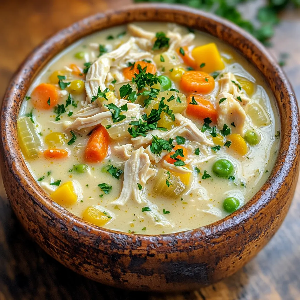 - 1 lb boneless, skinless chicken breasts - 4 cups low-sodium chicken broth - 2 cups frozen mixed vegetables (carrots, peas, corn, green beans) - 1 small onion, diced - 2 cloves garlic, minced The main ingredients set the stage for this soup. The chicken gives it heartiness. The broth adds depth, while the mixed vegetables bring color and nutrients. The diced onion and minced garlic lay a flavor base. - 1 cup heavy cream - 1 cup milk - 1 teaspoon dried thyme - 1 teaspoon dried rosemary - Salt and pepper to taste - 1/4 cup all-purpose flour Cream creates that rich, silky texture we love. Milk lightens it up a bit. Thyme and rosemary add warm, herbal notes. Salt and pepper bring all the flavors together, while flour helps thicken the soup. - 2 tablespoons olive oil - 1 tablespoon butter - Fresh parsley for garnish Olive oil and butter are essential for sautéing. They add flavor and richness. Fresh parsley at the end is not just pretty; it adds a fresh taste too. This mix of ingredients makes the soup a comforting meal. To start, heat 2 tablespoons of olive oil and 1 tablespoon of butter in a skillet over medium heat. Once hot, add 1 small diced onion and 2 minced garlic cloves. Sauté them until they are soft and see-through, about 3-4 minutes. This step builds a strong flavor base for our soup. Next, add 1 pound of boneless, skinless chicken breasts to the skillet. Sear the chicken for about 3-4 minutes on each side. You want the chicken to brown nicely. This helps lock in juices and flavor. Once browned, take the chicken out and set it aside. Now, it’s time to combine everything in the slow cooker. Add the sautéed onion and garlic mix, the browned chicken, and 4 cups of low-sodium chicken broth into the pot. Then, toss in 2 cups of frozen mixed vegetables, which can be a mix of carrots, peas, corn, and green beans. Finally, add 1 teaspoon each of dried thyme and dried rosemary, along with salt and pepper to taste. Stir everything well to combine. Cover the slow cooker and set it to cook on low for 6-7 hours or on high for 3-4 hours. This slow cooking makes the chicken really tender. After cooking, take the chicken out of the soup. Use two forks to shred the chicken into bite-sized pieces. Once shredded, return the chicken to the slow cooker. To thicken the soup, mix 1/4 cup of all-purpose flour with 1 cup of heavy cream and 1 cup of milk in a small bowl until smooth. Stir this mixture into the soup and cook on low for an extra 30 minutes. This thickens the soup and gives it a creamy texture. Before serving, taste the soup and adjust the seasoning if needed. You can add more salt or pepper. When ready, ladle the soup into bowls and add a sprinkle of freshly chopped parsley on top for a fresh touch. Enjoy your comforting Chicken Pot Pie Soup! To ensure your chicken stays tender, always sear it first. Searing adds flavor and locks in moisture. Use medium heat and brown the chicken for 3-4 minutes on each side. After cooking, shred the chicken while it's warm. This helps keep it juicy. For flavor enhancement, use fresh herbs if possible. Fresh thyme and rosemary give a vibrant taste. If you only have dried herbs, that works too! Just remember to adjust the amounts. Dried herbs are stronger than fresh herbs. Some ingredient substitutions can change the soup's texture. If you swap heavy cream for milk, your soup might be thinner. Stick to the recipe for best results. Timing is also key. If you cook on high, keep a close eye on the clock. Overcooking can make the chicken dry. Aim for 3-4 hours on high or 6-7 hours on low. By avoiding these common mistakes, you can create a delicious and comforting chicken pot pie soup that everyone will love. {{image_2}} You can change the protein in this soup. Instead of chicken, try turkey or even shrimp. Each protein adds a new taste. They all cook well in the slow cooker. Using fresh vegetables is another great swap. Instead of frozen mixed veggies, chop up carrots, celery, and potatoes. Fresh veggies add crunch and flavor. You could also use green beans or peas. Just remember to cut them small. They need to cook through. Adding spices or herbs can boost the soup's flavor. Try adding a pinch of paprika for warmth. You could also mix in some fresh thyme or basil. These herbs can brighten up the dish. If you want a lighter soup, use less cream. Replace the heavy cream with half-and-half or coconut milk. Both keep the soup creamy without being too rich. You can still enjoy that cozy feel with fewer calories. To keep your slow cooker chicken pot pie soup fresh, store it in a sealed container. Make sure it cools down before putting it in the fridge. When stored properly, this soup lasts for about 3 to 4 days. Always check for any off smells or changes in color before serving again. If it looks fine, just reheat it on the stove or in the microwave. Freezing is a great way to save leftovers for later. To freeze your soup, let it cool completely. Pour it into airtight containers or freezer bags. Leave some space at the top, as the soup will expand when frozen. The soup can last in the freezer for up to 3 months. When you're ready to enjoy it again, thaw it in the fridge overnight. Reheat in a pot over low heat, stirring often. Add a splash of milk or cream to restore its creamy texture if needed. Enjoy your comforting soup anytime! Can I use a frozen chicken breast? Yes, you can use frozen chicken breasts. Just add an extra hour to the cooking time. The slow cooker will safely cook the chicken. Make sure it reaches 165°F (75°C) before serving. What to serve with chicken pot pie soup? This soup pairs well with crusty bread or biscuits. You can also serve it with a fresh salad. These sides add texture and balance to the meal. Can I make this recipe on the stovetop? Yes, you can make this soup on the stovetop. Just sauté the onion and garlic first. Then, add the other ingredients and simmer for about 30-40 minutes. This method speeds up the process. How to thicken the soup without flour? You can thicken the soup with cornstarch or potato starch. Mix 2 tablespoons of cornstarch with cold water. Stir it into the soup and let it cook for 10-15 minutes. This method keeps the soup creamy without flour. Is this soup healthy? This soup can be healthy. It contains lean chicken and mixed vegetables. You can adjust the cream and use low-fat options to make it lighter. How can I reduce calories in the recipe? To lower calories, use less cream and milk. You can replace heavy cream with half-and-half or whole milk. Also, use more vegetables to add volume without many calories. In this blog post, we explored how to make a delicious chicken pot pie soup. We covered the main ingredients like chicken, broth, and cream. I gave step-by-step instructions for preparing, slow cooking, and finishing the dish. You learned tips to enhance flavor and avoid common mistakes. We also discussed variations and how to store the soup. Remember, the key to great soup is careful preparation and quality ingredients. Enjoy your comforting meal, and feel free to experiment with flavors!