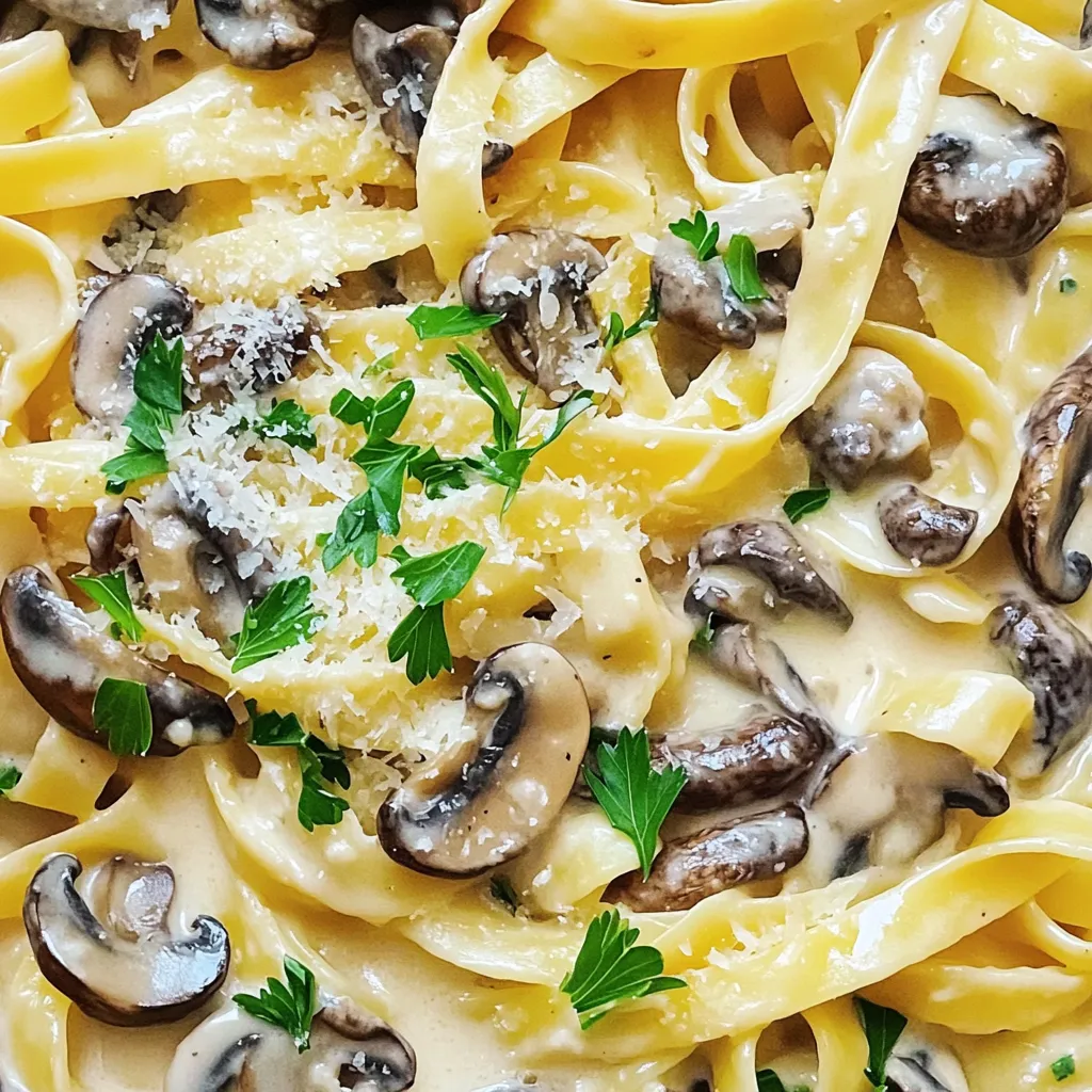 - 12 oz fettuccine pasta - 2 tablespoons olive oil - 1 medium onion, finely chopped - 4 cloves garlic, minced - 16 oz mixed mushrooms (cremini, shiitake, and button), sliced - 1 cup heavy cream - 1 cup grated Parmesan cheese - 1/2 teaspoon nutmeg - Salt and pepper to taste - Fresh parsley, chopped (for garnish) Gather these ingredients before you start cooking. The fettuccine pasta forms the base of this dish. Choose high-quality fettuccine for the best texture. Olive oil will help sauté the onion and garlic. It adds flavor and richness to the sauce. The onion and garlic bring depth to the dish with their savory aroma. Mixed mushrooms create a lovely blend of flavors. I recommend using cremini, shiitake, and button mushrooms. They provide different textures and tastes. Heavy cream creates the creamy sauce that coats the pasta beautifully. Grated Parmesan cheese adds a rich, nutty flavor to the Alfredo sauce. Nutmeg enhances the overall taste with its warmth. Don’t forget to season with salt and pepper. These simple spices elevate all the flavors. Lastly, fresh parsley adds a pop of color and freshness as a garnish. It brightens the dish and makes it look more appealing. Having all these ingredients ready is key to a smooth cooking process. - Bring Water to a Boil: Start with a large pot. Fill it with water and add salt. Heat it on high until it bubbles. - Cooking Time and Texture (Al Dente): Add 12 oz of fettuccine. Cook it as the package says. You want it al dente, or firm to the bite. This takes about 8-10 minutes. When done, save 1 cup of pasta water, then drain the rest. - Heating Olive Oil: Take a large skillet. Pour in 2 tablespoons of olive oil. Heat it over medium. - Cooking Onion until Translucent: Add 1 medium onion, chopped finely. Stir and cook for about 5 minutes. The onion should look soft and clear. - Adding Garlic for Flavor: Now, mix in 4 cloves of minced garlic. Cook for another 1-2 minutes. Your kitchen will smell amazing! - Increasing Heat for Browning: Turn the heat to medium-high. Add 16 oz of sliced mixed mushrooms. - Seasoning to Enhance Flavor: Sprinkle salt and pepper over them. Sauté for about 8-10 minutes. You want the mushrooms to turn brown and lose their water. - Simmering Heavy Cream with Mushrooms: Lower the heat back to medium. Pour in 1 cup of heavy cream with the mushrooms. Let it simmer gently. - Incorporating Parmesan and Nutmeg: Stir in 1 cup of grated Parmesan cheese and 1/2 teaspoon of nutmeg. Mix until the cheese melts and the sauce is smooth. - Adjusting Seasoning to Taste: Taste the sauce and add more salt or pepper if needed. - Tossing Fettuccine with Alfredo Sauce: Add the drained fettuccine right into the sauce. Toss it all together. - Adjusting Thickness with Reserved Pasta Water: If the sauce is too thick, add some reserved pasta water. Do this a little at a time until it’s just right. - Plating and Garnishing: Serve the fettuccine in bowls. Top with fresh parsley and more Parmesan if you like. Enjoy your creamy mushroom Alfredo! To make your Alfredo sauce creamy, cheese plays a big role. I suggest using Parmesan cheese for that rich flavor. You can also mix in some Pecorino Romano for a tangy twist. Both melt well and blend nicely into the sauce. If your sauce seems too thick, add a splash of reserved pasta water. This will help create a smooth and creamy texture. Adding herbs can really lift the flavor. I love to use fresh parsley for a pop of color. You can also try thyme or basil for extra taste. When seasoning, start with a little salt and pepper. Taste as you go to find the right balance. A sprinkle of nutmeg adds warmth and depth, so don’t skip it! When cooking mushrooms, avoid overcooking them. Cook them just until browned and tender. This keeps their flavor strong and their texture nice. For mixing, toss the pasta and sauce in the skillet. This helps the sauce cling to the fettuccine, making every bite delicious. {{image_2}} You can make this dish even more colorful and healthy. Try adding vegetables like spinach, zucchini, or bell peppers. These veggies add crunch and flavor, making the meal exciting. You could also use butternut squash for a sweet touch. For the creamy sauce, you can swap heavy cream with cashew cream or coconut milk. These options keep the sauce rich while being lighter. If you want a tangy kick, use Greek yogurt instead. If you want more protein, chicken or shrimp work great. For chicken, cut it into small pieces. Sauté it in the skillet before adding the mushrooms. Cook until it’s no longer pink. For shrimp, add them after the mushrooms. Cook until they turn pink and firm. Adjust cooking times so everything is perfectly cooked. If you need a gluten-free option, try using rice pasta or chickpea pasta. These alternatives cook a bit differently, so follow the package instructions carefully. Change the cooking method slightly by checking the pasta earlier. Gluten-free pasta can become mushy if overcooked. Make sure to taste it for doneness, just like you would with regular pasta. To keep your Creamy Mushroom Alfredo Fettuccine fresh, store it in an airtight container. This helps prevent it from drying out. Place it in the fridge within two hours of cooking. It stays good for about three to four days. When it’s time to enjoy your leftovers, reheating is key. Avoid using the microwave if you can, as it may dry out the dish. Instead, heat it gently in a skillet over low heat. Add a splash of cream or reserved pasta water to keep it creamy and flavorful. Stir often to mix in the moisture. If you want to save some for later, freezing is great. Use freezer-safe containers or bags. Make sure to leave some space, as the pasta expands when frozen. For best results, eat within two months. When you're ready to eat, thaw in the fridge overnight. Then, reheat slowly in a skillet, using the same methods mentioned earlier. The best way to cook fettuccine is to use a large pot of salted water. Bring the water to a boil. Add the fettuccine and cook it until al dente, which means it should still have a slight bite. Usually, this takes about 8 to 10 minutes. Stir the pasta occasionally to prevent it from sticking together. Always check the package for specific cooking times, as they can vary. Yes, you can use different types of cheese in Alfredo sauce. While Parmesan is classic, you can mix it with Pecorino Romano or even mozzarella for a creamier texture. Just remember to adjust the flavor and texture of your sauce. Taste as you go to find the right balance for your dish. Creamy Mushroom Alfredo Fettuccine lasts about 3 to 5 days in the fridge. Store it in an airtight container to keep it fresh. Make sure to let it cool down before sealing it. If you notice any off smells or changes in texture, it’s best to discard it. Yes, you can make this recipe vegan by swapping out a few key ingredients. Use plant-based fettuccine, a vegan cream alternative, and nutritional yeast instead of cheese. You can also add some sautéed vegetables for extra flavor and texture. Just make sure to taste and adjust the seasoning as needed. You can serve Creamy Mushroom Alfredo Fettuccine with a fresh green salad or garlic bread. A side of steamed vegetables like broccoli or asparagus complements the dish well. If you want a protein boost, consider grilled chicken or shrimp on the side. Enjoy your meal with a light white wine for an extra touch. This recipe for Creamy Mushroom Alfredo Fettuccine uses simple but tasty ingredients. You learned how to cook perfect fettuccine, sauté aromatics, and create a rich sauce. I shared tips for creaminess and flavor, plus fun variations. Enjoy making this dish for family or friends. Remember, practice makes perfect! Enjoy your cooking journey and savor every delicious bite. Your skills will grow, and so will your confidence.