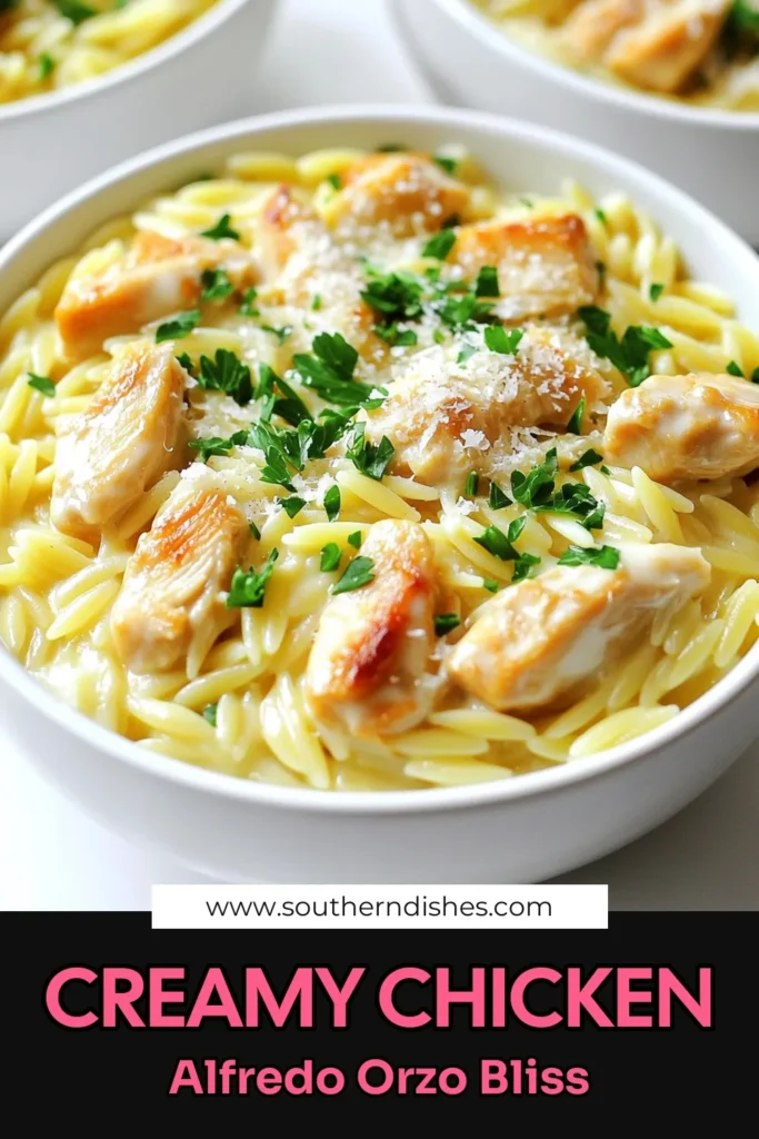 Indulge in a delightful bowl of Creamy Chicken Alfredo Orzo that's perfect for family dinners! This easy recipe combines tender chicken, rich cream, and flavorful Parmesan cheese, all tossed with orzo pasta for a satisfying meal. In just 25 minutes, you can serve up a dish everyone will love! Click to uncover the full recipe and impress your loved ones tonight. #CreamyChickenAlfredoOrzo #EasyRecipes #PastaDishes #DinnerIdeas