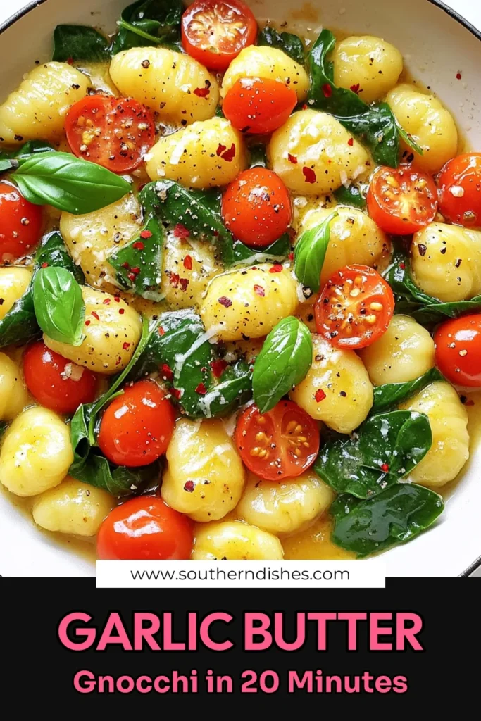Indulge in the deliciousness of Garlic Butter Gnocchi Skillet! This easy recipe combines tender gnocchi with garlic, cherry tomatoes, and fresh spinach for a quick and satisfying meal. Ready in just 20 minutes, it's perfect for busy weeknights. Click through for the full recipe and elevate your dinner game tonight! Enjoy a burst of flavor with every bite! #Gnocchi #GarlicButter #EasyRecipes #QuickMeals