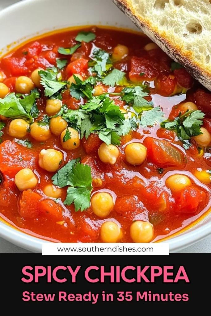 Warm up your dinner routine with this delicious Spicy Tomato Chickpea Stew! Packed with flavor from spices and fresh ingredients, this hearty recipe is perfect for a cozy meal. In just 35 minutes, you can enjoy a nourishing dish that’s easy to make and bursting with taste. Click to explore the full recipe and get tips for serving it beautifully! Don’t miss out on this comforting bowl of goodness! #ChickpeaStew #VeganRecipes #HealthyEating #ComfortFood