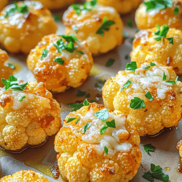 To make Garlic Parmesan Cauliflower Bites, you need a few key ingredients. Here’s what you’ll need: - 1 medium head of cauliflower, cut into bite-sized florets - 3 tablespoons olive oil - 4 cloves garlic, minced - 1/2 cup grated Parmesan cheese - 1 teaspoon paprika - 1/2 teaspoon Italian seasoning - Salt and pepper to taste - Fresh parsley for garnish You can add more flavor with these ingredients: - Red pepper flakes for some heat - Lemon juice for a fresh kick - Other cheese like cheddar or mozzarella If you don’t have some ingredients, here are some swaps: - Use avocado oil instead of olive oil. - Try nutritional yeast for a vegan cheese option. - Swap the cauliflower for broccoli florets for a different taste. These ingredients make the Garlic Parmesan Cauliflower Bites tasty and fun to eat! Start by washing the cauliflower well. Cut it into small florets. Aim for similar sizes. This helps them cook evenly. A medium head should give you enough bites for four servings. In a large bowl, add the cauliflower florets. Pour in three tablespoons of olive oil. Toss them together well. Next, add four cloves of minced garlic. Then, sprinkle in one teaspoon of paprika and half a teaspoon of Italian seasoning. Don’t forget salt and pepper to taste. Mix until every piece is coated with oil and spices. Preheat your oven to 425°F (220°C). Line a baking sheet with parchment paper. Spread the seasoned cauliflower in a single layer on the sheet. Bake for about 20 minutes. Stir halfway through to ensure even cooking. The cauliflower should be tender and starting to brown. After 20 minutes, take it out and sprinkle half a cup of grated Parmesan cheese on top. Return it to the oven for an extra five minutes. You want the cheese to be melted and bubbly. Once done, garnish with fresh parsley and serve warm. For the best Garlic Parmesan Cauliflower Bites, I suggest using parchment paper. It helps prevent sticking and makes clean-up easy. Preheat your oven to 425°F (220°C) to ensure even baking. Spread the cauliflower in a single layer. This allows each piece to roast properly without steaming. Stir the cauliflower halfway through cooking. This step helps them cook evenly and get that nice brown color. To make your cauliflower crispy, start with dry florets. Pat them with a towel to remove any moisture. Use a good amount of olive oil, around three tablespoons. This oil helps the bites crisp up nicely in the oven. Another tip is to sprinkle the Parmesan cheese at the end of baking. This method allows the cheese to melt and create a crunchy topping. These Garlic Parmesan Cauliflower Bites pair well with many dishes. Try serving them with grilled chicken or fish. They also make a great side for pasta. For a tasty snack, enjoy them with your favorite dipping sauce, like ranch or marinara. If you want a burst of freshness, add a squeeze of lemon juice on top. Fresh parsley also adds a nice touch of color and flavor. {{image_2}} To add some heat, try using chili powder or cayenne pepper. Mix these spices with the olive oil before coating the cauliflower. This brings a nice kick to your bites. You can adjust the spice level to suit your taste. I love the balance of heat and garlic in this version. It makes a great snack for those who enjoy a little spice! For a cheesy herb twist, add dried herbs like thyme or rosemary. Mix these herbs with the Parmesan cheese for an extra burst of flavor. You can also sprinkle more cheese on top before roasting. This variation makes the bites even more savory and aromatic. The herbs bring a fresh taste that pairs well with the garlic. If you want a vegan option, replace the Parmesan cheese with nutritional yeast. It gives a cheesy flavor without dairy. Simply toss the cauliflower with oil and garlic, then sprinkle the nutritional yeast on top. You can still enjoy that crispy texture and rich flavor. This option is perfect for those on a plant-based diet. I love making Garlic Parmesan Cauliflower Bites, and leftovers are a treat! Once cooled, place the bites in an airtight container. This keeps them fresh. You can store them in the fridge for up to three days. Make sure to keep them sealed to avoid sogginess. To enjoy these bites again, reheating is key. Preheat your oven to 375°F (190°C). Spread the cauliflower bites on a baking sheet. Heat for about 10-15 minutes or until they are warm and crispy again. Avoid using the microwave, as it can make them soft. Want to save some for later? You can freeze them! After they cool, place the bites in a single layer on a baking sheet. Freeze them for about an hour. Once frozen, transfer them to a freezer bag. They can last up to three months in the freezer. When you're ready to eat, bake straight from the freezer for about 20-25 minutes at 425°F (220°C). Enjoy the crispy goodness anytime! To make these bites dairy-free, skip the Parmesan cheese. You can use nutritional yeast instead. It gives a similar cheesy taste. Try adding a bit more garlic for extra flavor. Mix in some cashew cream for a creamy texture. You can also use dairy-free cheese if you like. This way, you keep the dish tasty and plant-based. Yes, you can use frozen cauliflower. Just make sure to thaw it first. Pat it dry with a towel to remove extra moisture. This step helps keep the bites crispy. You may need to adjust the cooking time since frozen cauliflower cooks faster. Keep an eye on it while roasting. Serve these bites warm for the best taste. They make a great snack or side dish. Pair them with a dipping sauce like ranch or a spicy mayo. You can also serve them on a platter with fresh veggies. A sprinkle of fresh parsley adds a nice touch. Enjoy them with friends or family for a fun meal! You learned the key steps to making delicious garlic parmesan cauliflower bites, from ingredients to variations. We explored how to prep, season, and roast for crunchy results. I shared tips for crispy bites and smart storage strategies. You can even try fun variations to suit your taste. Enjoying these bites can be easy and tasty. I hope this guide helps you make the best garlic parmesan cauliflower bites every time!
