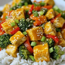 - 14 oz firm tofu, drained and cubed - 2 tablespoons cornstarch - 2 tablespoons sesame oil - 1 red bell pepper, sliced - 1 cup broccoli florets - 1 carrot, thinly sliced - 3 green onions, chopped - 1 tablespoon minced ginger - 2 cloves garlic, minced - 1/2 cup orange juice - 2 tablespoons soy sauce - 1 tablespoon rice vinegar - 1 tablespoon sesame seeds - Salt and pepper to taste The main stars of this dish are the tofu and fresh veggies. Firm tofu gives the stir fry its base. It soaks up flavors well. The veggies offer crunch and color. I love using red bell pepper, broccoli, and carrots. They make the dish bright and tasty. - Additional vegetables - Garnishes Feel free to add your favorite veggies. Snap peas, bok choy, or mushrooms work well. You can also top your dish with fresh herbs or extra sesame seeds. These small touches add more flavor and fun. - Gluten-free alternatives - Vegan options This recipe is naturally vegan. If you need gluten-free options, swap soy sauce for tamari. Make sure to check labels for hidden gluten. This way, everyone can enjoy this tasty meal! To start, you need to drain the tofu. Place the block of firm tofu on a plate. Use paper towels to pat it dry. This helps remove excess moisture. Cut the tofu into even cubes. In a bowl, toss the cubes with cornstarch. Make sure each piece is evenly coated. This will help your tofu become crispy later. Get a large skillet or wok ready. Heat 1 tablespoon of sesame oil over medium-high heat. When the oil is hot, add the tofu cubes. Cook them for about 5 minutes. Turn them occasionally to get all sides golden. When the tofu is crispy, remove it from the skillet. Set it aside on a plate. In the same skillet, add another tablespoon of sesame oil. Once it’s hot, add minced garlic and ginger. Stir for about 30 seconds. You want to smell their great aroma. Now, toss in the sliced red bell pepper, broccoli florets, and carrot slices. Stir-fry for about 5 to 6 minutes. The veggies should be tender but still crisp. In a small bowl, whisk together the orange juice, soy sauce, and rice vinegar. This mix will add great flavor. Pour the sauce over your sautéed veggies. Then, return the crispy tofu to the skillet. Toss everything together so it combines well. Cook for another 2 to 3 minutes. This allows the sauce to thicken a bit. Taste and season with salt and pepper as needed. Once done, remove from heat. Garnish with chopped green onions and sesame seeds. Serve the stir fry over cooked rice or noodles for a complete meal. To make your tofu crispy, use firm tofu. Drain it well and pat it dry. This step is key. You want to get rid of excess moisture. Coat the cubes in cornstarch evenly. This helps create that nice crunch. Common mistakes include skipping the drying step. If you add wet tofu to hot oil, it will steam instead of fry. Another mistake is overcrowding the pan. Give each piece space to brown properly. Cook in batches if needed. To add more flavor, consider spices. A pinch of red pepper flakes gives heat. You can also add a splash of soy sauce for depth. Try a touch of garlic powder or onion powder for more taste. For side dishes, serve this stir fry with rice or noodles. Steamed jasmine rice pairs well. You can also use quinoa for a healthy twist. Adding a simple salad can balance the meal. Prep your tofu and veggies ahead of time. Cut the tofu and vegetables earlier in the day. Store them in separate containers in the fridge. This saves time when you are ready to cook. When reheating, use a skillet instead of a microwave. This keeps the tofu crispy. Heat on medium-low and stir often. If the sauce thickens too much, add a splash of water to loosen it up. {{image_2}} You can swap tofu for various proteins. Chicken, shrimp, or beef work well. Simply cut them into pieces and follow the same cooking steps. For a vegan option, try chickpeas or tempeh. Both add protein and flavor. Feel free to change the vegetables based on the season. Zucchini, snap peas, or mushrooms are great choices. They add different tastes and textures. For a crunchy bite, add cashews or water chestnuts. This keeps the dish exciting. You can adjust the sauce to fit your taste. If you like it sweeter, add more orange juice or a bit of honey. For spice, try red pepper flakes or sriracha. You can also switch the vinegar. Lemon or lime juice gives a bright flavor. Explore these changes to find your favorite mix! To store leftover stir fry, let it cool first. Place it in an airtight container. This keeps the flavors fresh and prevents spoilage. Use glass or BPA-free plastic containers for best results. They help maintain taste and texture. You can freeze the stir fry, but it's better to freeze components. Store the tofu and veggies separately for best flavor. To freeze, place them in freezer-safe bags or containers. Label them with the date. When you’re ready to eat, thaw overnight in the fridge. Reheat in a skillet for great results. In the fridge, your stir fry lasts about 3 to 4 days. In the freezer, it can last up to 3 months. Always check for signs of spoilage. If it smells off or looks discolored, it's best to toss it. Keeping track of dates helps you enjoy your meals at their best! To make tofu less soggy, you need to press it. Here’s how: - Wrap the tofu in a clean towel. - Place a cutting board on top. - Add weights like cans or books to press down. - Leave it for 15-30 minutes. This method helps to remove excess moisture. Recommended tools: A tofu press or a heavy skillet can also work well. Yes, you can use different kinds of tofu. - Recommended types: Firm or extra-firm tofu works best. - Texture differences: Silken tofu is too soft and won't hold up in stir fry. Firm tofu gives you a nice bite. If you don't have sesame oil, you can use other oils. - Alternative oils: Olive oil or avocado oil works well. - Adjusting the recipe: Keep in mind these oils have different flavors. Olive oil is milder, while avocado oil is rich. Yes, this dish can be quite healthy. - Nutritional breakdown: Tofu is a great protein source. It has heart-healthy fats and is low in carbs. The veggies add fiber and vitamins. - Considerations for balanced meals: Pair it with brown rice or quinoa for a complete meal. This adds more fiber and nutrients. This blog post explored how to make a delicious Orange Sesame Tofu Stir Fry. We looked at key ingredients, cooking steps, and tips for great flavor. You can adjust the recipe to fit dietary needs, swap proteins, or even prepare it in advance. Remember to store leftovers properly for the best taste later. I hope you feel confident to try this dish and make it your own. Happy cooking!