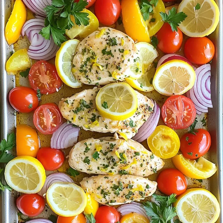 - 4 boneless, skinless chicken breasts - 2 lemons (1 for juice, 1 sliced) - 1 cup cherry tomatoes, halved - 1 bell pepper (any color), sliced - 1 red onion, cut into wedges For this dish, we use chicken breasts because they cook quickly. The lemons add bright flavor. The cherry tomatoes, bell pepper, and onion give color and taste. - 2 teaspoons dried oregano - 2 teaspoons dried thyme - 1 teaspoon paprika - Salt and pepper to taste Oregano and thyme bring a nice herb taste. Paprika adds warmth. Adjust salt and pepper to your liking. - 3 tablespoons olive oil - 4 cloves garlic, minced - Fresh parsley for garnish Olive oil keeps the chicken moist. Garlic adds depth. Fresh parsley makes the dish look bright and fresh. Prepping the marinade Start by gathering your ingredients. In a large bowl, mix together olive oil, juice from one lemon, minced garlic, oregano, thyme, paprika, salt, and pepper. This mix gives the chicken its zesty flavor. Marinating the chicken Add the chicken breasts to the bowl. Turn them to coat each piece well in the marinade. Let the chicken sit for at least 15 minutes. If you have time, marinate it for up to an hour. This extra time lets the flavors soak in more deeply. Arranging on the sheet pan While the chicken marinates, prepare your vegetables. In another bowl, toss cherry tomatoes, bell pepper slices, and red onion with olive oil, salt, and pepper. On a large sheet pan, place the marinated chicken in the center. Lay lemon slices around the chicken. Spread the vegetable mix evenly around the chicken. Roasting time and temperature Preheat your oven to 425°F (220°C). Roast the chicken and vegetables for about 25 to 30 minutes. The chicken is done when it reaches an internal temperature of 165°F (75°C) and the vegetables are tender. Resting the chicken Once you take the sheet pan out of the oven, let the chicken rest for about 5 minutes. This helps keep the juices inside the meat. Garnishing before serving Before serving, sprinkle freshly chopped parsley over the chicken and vegetables. You can also add more lemon slices for a bright, fresh look. Enjoy this colorful and tasty dish! For the best flavor, marinate your chicken for at least 15 minutes. If you have more time, let it sit for up to 1 hour in the fridge. This allows the chicken to soak up all the zesty goodness. You can also add fresh herbs like basil or rosemary for more flavor. Mixing in a bit of honey can give a sweet twist too. Set your oven to 425°F (220°C) for a perfect roast. This high heat helps the chicken cook quickly and keeps it juicy. To ensure even cooking, spread the vegetables out well on the pan. This way, each piece gets nice heat and browning. Stir them around halfway through cooking for even better results. For a beautiful presentation, serve directly from the sheet pan. This adds a rustic touch. You can also transfer everything to a large platter. Garnish with extra lemon slices and fresh parsley. This makes the dish look bright and inviting. Pair it with a light salad or crusty bread for a complete meal. A chilled white wine complements the dish nicely, enhancing the lemony flavors. {{image_2}} You can change up the veggies in your sheet pan meal. Try adding: - Zucchini, sliced - Carrots, cut into sticks - Broccoli florets These swaps give you new flavors and textures. You can also mix up the marinade. Use different herbs like basil or cilantro. Try a splash of soy sauce for a twist. If you need gluten-free options, this meal is perfect. All the ingredients listed are gluten-free. To make it low-carb, skip the potatoes and add more low-carb veggies. You can prepare this meal ahead. Store marinated chicken in the fridge for up to 24 hours. Freeze the cooked meal for easy dinners later. Boost the flavor by adding more citrus. Try orange slices or limes. Fresh herbs like dill or rosemary can also work well. If you like heat, add red pepper flakes or a dash of hot sauce. Adjust the spice level to fit your taste. Experimenting with flavors makes this dish your own. After enjoying your delicious sheet-pan lemon herb chicken, you may have leftovers. To keep them fresh, store the chicken and veggies in an airtight container. This way, they stay moist and flavorful. Place the container in the fridge right after the meal. If you want to save them for later, freezing is a great option. Wrap the chicken and veggies tightly in plastic wrap or aluminum foil before placing them in a freezer bag. This helps prevent freezer burn. When it’s time to heat your leftovers, you have two choices: the oven or the microwave. I recommend using the oven for the best results. Preheat it to 350°F (175°C) and place the chicken on a baking sheet. Heat for about 15-20 minutes until warmed through. The microwave is faster, but it can dry out the chicken. If you use it, heat in short bursts of 30 seconds, checking often. To keep the chicken moist, add a small splash of water before microwaving. Store your leftovers in the fridge for up to 3 days. If you freeze them, they’re good for about 2-3 months. Always check for signs of spoilage before eating. Look for any off smells or changes in color. If the chicken feels slimy or the veggies look wilted, it’s best to toss them. Keeping an eye on your food helps ensure you enjoy safe and tasty meals. You should marinate the chicken for at least 15 minutes. This time allows the flavors to soak in. If you have more time, marinate for up to 1 hour in the fridge. The longer it sits, the more flavor it gets. Yes, you can use bone-in chicken. Just know it may take longer to cook. Make sure to adjust the cooking time to ensure it reaches 165°F (75°C) inside. If you don't have fresh herbs, dried herbs work well. Use one teaspoon of dried oregano or thyme for each tablespoon of fresh herbs. The flavor may not be as bright, but it will still taste great. Absolutely! This dish is perfect for meal prep. You can cook it all at once and divide it into portions. Store in airtight containers in the fridge for up to four days. Check the chicken's internal temperature with a meat thermometer. It should reach 165°F (75°C). If you don’t have a thermometer, cut into the thickest part. The juices should run clear, not pink. Yes, you can prepare it ahead of time. Marinate the chicken and chop the veggies. Keep everything in the fridge until you're ready to cook. Just remember to cook it the same day for the best taste. This recipe covers everything you need. It starts with fresh chicken, herbs, and veggies. You learn about spices, marinating, and roasting. Tips help enhance your meal. You can adjust flavors and storage methods for leftovers. Cooking is fun and rewarding. With a few changes, you make this dish your own. Now, you have the tools for a tasty dinner. Enjoy your cooking adventure!