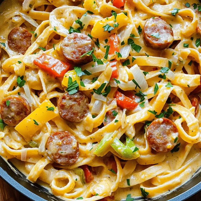 For this creamy dish, you will need: - 8 oz fettuccine or penne pasta - 2 tablespoons olive oil - 1 pound spicy Italian sausage, sliced - 1 bell pepper (red or green), diced - 1 small onion, chopped - 3 cloves garlic, minced - 1 cup heavy cream - 1 cup chicken broth - 1 cup grated Parmesan cheese - Salt and pepper to taste These ingredients blend together to create a rich and flavorful meal. The pasta serves as a perfect base, while the sausage adds spice. The cream and cheese make the dish creamy and comforting. The star of the show is the Cajun seasoning. You only need 1 teaspoon for a burst of flavor. This seasoning mixes well with the sausage and cream, giving the dish its unique taste. Don’t forget to add salt and pepper to enhance the overall flavor. Adjust these to match your taste. You can make your dish even better with fresh parsley. Chop it up and sprinkle it on top before serving. This adds a pop of color and freshness. If you want a little heat, consider some red pepper flakes. They can add a nice kick to your creamy Cajun pasta. Start with a large pot. Fill it with water and add salt. Bring the water to a boil. Add 8 ounces of fettuccine or penne pasta. Cook it according to the package instructions until it is al dente. This usually takes about 8 to 10 minutes. When done, drain the pasta and set it aside. Make sure to keep it warm. Next, grab a large skillet. Heat 2 tablespoons of olive oil over medium heat. Once hot, add 1 pound of sliced spicy Italian sausage. Cook the sausage for about 5 to 7 minutes. You want it browned and fully cooked. After that, remove the sausage from the skillet and set it aside. In the same skillet, add a diced bell pepper and a chopped onion. Sauté these for 3 to 4 minutes until they soften. Then, stir in 3 cloves of minced garlic. Cook for another 30 seconds until it smells great. Now, sprinkle in 1 teaspoon of Cajun seasoning. Mix it well, then pour in 1 cup of heavy cream and 1 cup of chicken broth. Stir the sauce and let it simmer for 3 to 5 minutes. This helps it thicken a little. Lower the heat and add 1 cup of grated Parmesan cheese. Stir until it melts and gets smooth. Finally, add the cooked sausage back to the skillet. Mix everything well. Then, add the cooked pasta to the sauce. Toss it all together until the pasta is coated. Season with salt and pepper to taste. Now, you can serve it hot, garnished with fresh chopped parsley. Enjoy! To make the best creamy sauce, use heavy cream. It adds rich flavor and texture. Heat the cream gently to avoid boiling. Add Parmesan cheese while stirring. This helps the cheese melt smoothly. If the sauce is too thick, add more chicken broth. For added creaminess, try mixing in some cream cheese. Always use a large pot of salted water. This helps the pasta cook evenly. Follow the package instructions for cooking time. Stir the pasta during cooking to prevent sticking. Once cooked, drain the pasta but save some pasta water. You can use this water to adjust the sauce's thickness. For extra flavor, consider these tips: - Use fresh herbs like thyme or basil. - Add a splash of lemon juice for brightness. - Incorporate a dash of hot sauce for heat. - Experiment with smoked paprika for a deeper flavor. These small changes can elevate your dish. Enjoy customizing your creamy Cajun pasta! {{image_2}} You can change the sausage in this dish. Try chicken or shrimp for a lighter taste. Ground turkey also works well if you want a leaner option. You can use smoked sausage for a deeper flavor. Each protein adds a new twist to the dish. If you want more veggies, add spinach or mushrooms. Zucchini or tomatoes can also enhance the meal. Add these veggies when you sauté the bell pepper and onion. They will cook down nicely and blend with the sauce. This way, you get more colors and nutrients. You don’t have to use fettuccine or penne. Try whole wheat or gluten-free pasta if needed. Spiralized zucchini noodles are a fun, low-carb choice too. Each pasta type changes the texture and flavor of the dish. Just remember to adjust cooking times for different shapes. To keep your creamy Cajun pasta fresh, store it in an airtight container. Let it cool first before packing. Place it in the fridge if you plan to eat it within a few days. This pasta dish stays good for 3 to 4 days in the fridge. When you want to enjoy the leftovers, reheat them gently. You can use a microwave or a skillet. If using a skillet, add a splash of chicken broth or cream to keep it creamy. Heat over low heat, stirring often, until warm. This method prevents the pasta from drying out. You can freeze creamy Cajun pasta for longer storage. First, cool it completely. Then, place it in a freezer-safe container. It can stay in the freezer for up to 3 months. To thaw, leave it in the fridge overnight. Reheat it on the stove with a bit of liquid to restore its creamy texture. Yes, you can. You can swap spicy Italian sausage for chicken, turkey, or even plant-based options. Each choice changes the dish's flavor and texture. Experiment with your favorite sausages. For a milder taste, use sweet Italian sausage. If you want more heat, try chorizo or andouille sausage. To add spice, increase the Cajun seasoning. You can also add red pepper flakes or diced jalapeños. Consider using a spicier sausage too. If you love heat, top the dish with sliced fresh chili peppers. Remember to taste as you go to get the spice just right. Creamy Cajun pasta pairs well with a crisp green salad. Add a simple vinaigrette for freshness. Garlic bread makes a great side for soaking up the sauce. If you want more protein, serve grilled chicken or shrimp. For a complete meal, include roasted vegetables alongside the pasta. Creamy Cajun pasta combines rich flavors and simple steps. We explored key ingredients, cooking techniques, and tips for achieving the best results. You can vary the recipe to suit your taste and store leftovers easily. Remember, the secret to creamy sauce is patience and great ingredients. Enjoy making this dish your own and sharing it with others.