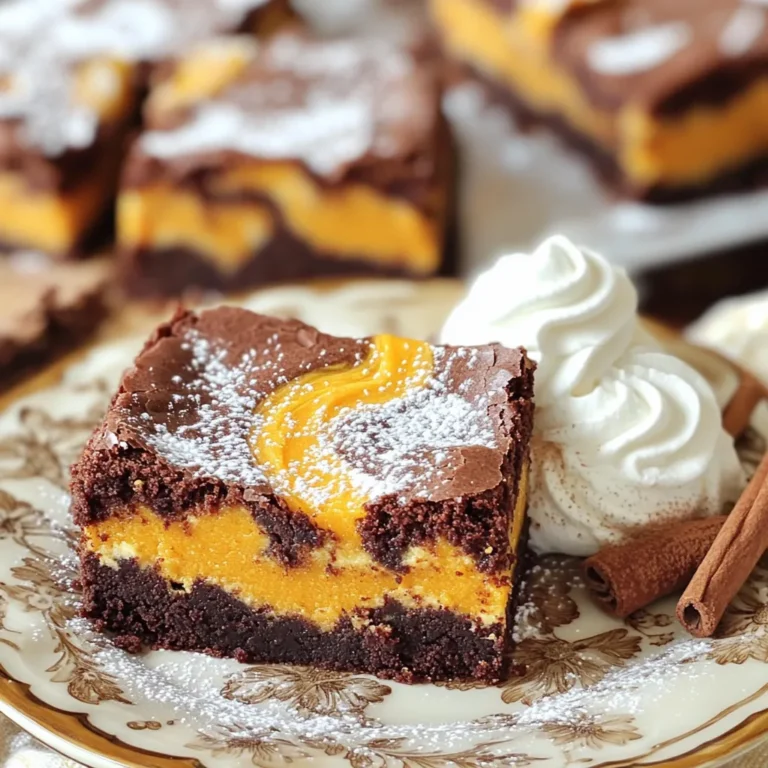 To make delicious Pumpkin Cheesecake Swirl Brownies, gather these key ingredients: - 1 cup unsalted butter, melted - 2 cups granulated sugar - 4 large eggs - 1 teaspoon vanilla extract - 1 cup all-purpose flour - 1/2 cup unsweetened cocoa powder - 1/2 teaspoon salt - 1 teaspoon baking powder - 1 cup semisweet chocolate chips - 1 cup canned pumpkin puree - 8 ounces cream cheese, softened - 1/2 cup powdered sugar - 1 teaspoon pumpkin pie spice (or 1/2 teaspoon cinnamon + 1/4 teaspoon nutmeg) Each ingredient plays a vital role in creating the perfect blend of flavors. - Unsalted butter: It adds richness and a soft texture to the brownies. - Granulated sugar: This sweetens the brownies, creating a lovely balance with the cocoa. - Eggs: They help bind the ingredients and make the brownies fluffy. - Vanilla extract: This enhances the overall flavor and aroma. - All-purpose flour: It gives structure to the brownies. - Unsweetened cocoa powder: Essential for that rich chocolate taste. - Salt: A pinch balances sweetness and boosts flavor. - Baking powder: This helps the brownies rise for a soft texture. - Semisweet chocolate chips: They add pockets of gooey chocolate goodness. - Canned pumpkin puree: It provides moisture and a hint of fall flavor. - Cream cheese: This creates the smooth cheesecake layer. - Powdered sugar: It sweetens the cheesecake mix for a perfect swirl. - Pumpkin pie spice: It adds warmth and depth to the pumpkin layer. With these ingredients, you create a treat that is not only tasty but visually stunning. Each element combines for a rich, chocolatey brownie with a creamy, spiced pumpkin layer. Perfect for gatherings or a cozy night in, these brownies will leave everyone asking for more. 1. Preheat oven and prepare the baking pan Start by preheating your oven to 350°F (175°C). This step is key for even baking. Next, grease a 9x13-inch baking pan. Line it with parchment paper, letting it hang over the edges. This helps with easy removal later. 2. Mix wet ingredients: butter, sugar, eggs, and vanilla In a large bowl, pour in 1 cup of melted unsalted butter. Add 2 cups of granulated sugar and whisk until smooth. Now, add 4 large eggs, one at a time. Mix well after each addition. Finally, stir in 1 teaspoon of vanilla extract for a sweet touch. 3. Combine dry ingredients: flour, cocoa, salt, and baking powder In another bowl, mix together 1 cup of all-purpose flour, 1/2 cup of unsweetened cocoa powder, 1/2 teaspoon of salt, and 1 teaspoon of baking powder. This mix gives the brownies structure and flavor. 4. Create pumpkin cheesecake mixture In a separate bowl, beat together 8 ounces of softened cream cheese with 1/2 cup of powdered sugar until creamy. Then, add 1 cup of canned pumpkin puree and 1 teaspoon of pumpkin pie spice. Mix until smooth and well combined. 1. Pour brownie batter into the pan Take about two-thirds of the brownie batter and pour it into your prepared pan. Spread it evenly across the bottom. 2. Add pumpkin cheesecake dollops and swirl Spoon dollops of the creamy pumpkin cheesecake mixture over the brownie batter. Then, add spoonfuls of the remaining brownie batter on top. Use a knife or toothpick to swirl the two mixtures together. This creates a lovely marbled pattern. 3. Bake to perfection and check doneness Place the pan in the preheated oven. Bake for 30-35 minutes. To check, insert a toothpick into the center. It should come out with a few moist crumbs, not wet batter. Enjoy the process, and get ready for a treat that brings joy to every bite! To get moist brownies, use melted butter instead of softened butter. Melted butter adds richness. Make sure not to overmix the batter. Mix just until combined for the best texture. For the perfect swirl, drop spoonfuls of the pumpkin cheesecake mix on the brownie layer. Use a knife to gently swirl without mixing too much. This creates a nice marbled look. If you want to adjust baking time, check your brownies a few minutes early. Every oven is different. Insert a toothpick into the center. It should come out with a few moist crumbs, not wet batter. To decorate brownies, dust them with powdered sugar for a festive touch. Serve on a nice plate for a special look. Add a dollop of whipped cream and a sprinkle of cinnamon. This enhances both flavor and visual appeal. For the best experience, serve these brownies with a scoop of vanilla ice cream or a cup of hot coffee. The warm flavors pair well together, making every bite delightful. {{image_2}} To make your Pumpkin Cheesecake Swirl Brownies even more exciting, try adding nuts or chocolate chunks. Nuts like walnuts or pecans add a nice crunch and flavor. If you love chocolate, mix in extra chocolate chunks. This makes each bite richer and more satisfying. You can also experiment with different spices or extracts. Instead of pumpkin pie spice, try using ginger or allspice. You can add a splash of almond extract for a nutty twist. These small changes can create new flavors that surprise your taste buds. If you need gluten-free options, swap the all-purpose flour for a gluten-free blend. Many stores sell good gluten-free flour mixes that work well in brownies. You won't lose any taste or texture! For a vegan version, you can replace the eggs with flaxseed meal or applesauce. Use a vegan cream cheese instead of regular cream cheese. These simple swaps keep the brownies tasty while meeting dietary needs. Store your pumpkin cheesecake swirl brownies in an airtight container. This keeps them fresh and moist. You can layer them with parchment paper to avoid sticking. If you want to keep them longer, freezing is a great option. To freeze, wrap each brownie tightly in plastic wrap. Then place them in a freezer-safe bag. This method keeps them tasty for up to three months. At room temperature, these brownies last about four days. Keep them in a cool spot and away from sunlight. If you place them in the fridge, they can last up to a week. The cold will help maintain their flavor and texture. Just remember to let them sit at room temperature for a bit before serving. This will bring back their delicious taste! Yes, you can use fresh pumpkin. Make sure to cook and puree it first. Use about one cup of fresh pumpkin puree, just like the canned version. This will add a fresh taste to your brownies. To check if your brownies are done, insert a toothpick into the center. If it comes out with a few moist crumbs, they are ready. If the toothpick has wet batter, bake for a few more minutes. Keep an eye on them, so they don’t overbake. These brownies pair well with whipped cream. You can also add a sprinkle of cinnamon on top. A scoop of vanilla ice cream is a great choice too. For a fun twist, serve with a drizzle of caramel sauce. This article covered everything you need for Pumpkin Cheesecake Swirl Brownies. We discussed ingredients, step-by-step instructions, and tips for perfect results. You learned how to bake moist brownies with a tasty swirl. I shared variations to fit your needs, like gluten-free options. Finally, we went over storage practices to keep them fresh. Enjoy your baking! With these steps, you'll impress everyone with your skills.