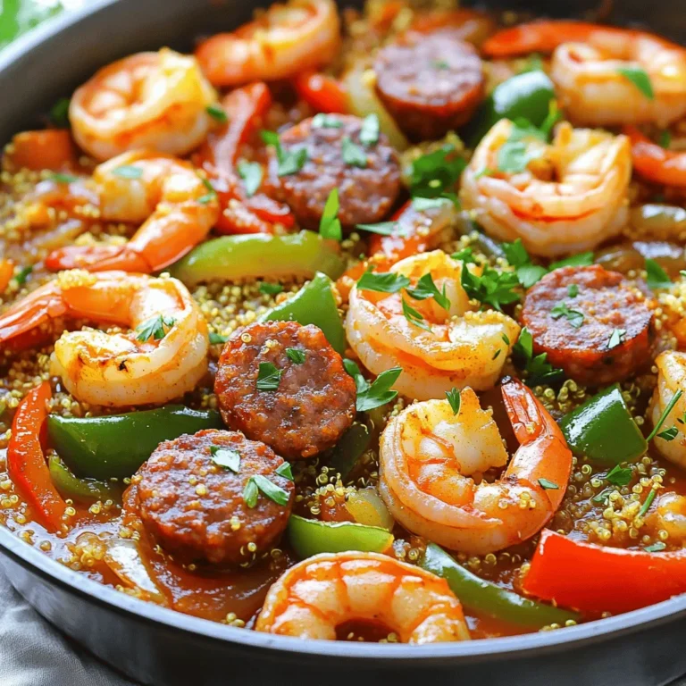 - 1 pound large shrimp, peeled and deveined - 1 pound smoked sausage (preferably andouille), sliced - 1 red bell pepper, diced - 1 green bell pepper, diced - 1 medium onion, chopped - 3 cloves garlic, minced - 1 cup uncooked quinoa - 2 cups chicken broth - 1 can (14.5 oz) diced tomatoes, drained - 2 tablespoons olive oil - 1 tablespoon Cajun seasoning - 1 teaspoon paprika - 1/2 teaspoon cayenne pepper (adjust to taste) - Salt and pepper to taste - Fresh parsley, chopped (for garnish) When I create this dish, I focus on fresh ingredients. The shrimp needs to be large, juicy, and peeled. I use smoked sausage, like andouille, for a deep flavor. The mix of red and green bell peppers adds sweetness and crunch. Chopped onion and minced garlic bring a strong, tasty base. Quinoa is my grain of choice here. It cooks well and soaks up the flavors. I use chicken broth for richness and canned diced tomatoes for a touch of acidity. Seasonings are key. I start with olive oil to cook the sausage and veggies. Cajun seasoning gives it the signature kick, while paprika adds color. Cayenne can be adjusted for heat, letting you control the spice. Lastly, salt and pepper enhance all the flavors. I always garnish with fresh parsley for a pop of color and freshness. These ingredients come together to make a simple, one-pan meal. Each bite bursts with flavor and texture, making it comforting and satisfying. - Preheat your oven to 400°F (200°C). - Heat olive oil in a large oven-safe skillet or baking dish. - Brown the sausage slices for 5-7 minutes. - Sauté onions and bell peppers until tender, about 5 minutes. - Stir in garlic and spices, cooking until fragrant for 1 minute. - Add drained tomatoes and quinoa, mix well. - Pour in chicken broth and bring to a simmer. - Gently fold in shrimp, ensuring an even distribution in the mixture. - Cover with foil and bake for 25-30 minutes. - Remove foil and bake for an additional 10 minutes. - Let sit for a few minutes. Garnish with fresh parsley before serving. - Adjust cayenne pepper to control spice level. Start small if you prefer less heat. - Use fresh herbs for better flavor. Parsley adds a bright touch, while thyme deepens taste. - Check shrimp for doneness – it should be opaque. This shows they are fully cooked. - Ensure quinoa is fully cooked and has absorbed liquid. It should be fluffy, not crunchy. - Use a large oven-safe skillet for easier preparation and serving. This makes cleanup simple too. {{image_2}} You can switch shrimp for chicken or tofu. Chicken gives a nice flavor and texture. Tofu is great for a plant-based option. Both changes keep the dish tasty. You can also try using chorizo instead of andouille sausage. Chorizo adds a spicy kick that enhances the dish. Mix in more vegetables like zucchini or corn. They add color and nutrition. You can also substitute quinoa with brown rice for a heartier texture. Brown rice has a nutty flavor that pairs well with the dish. Think about different seasoning blends like jerk seasoning. This gives a unique twist to the dish. A splash of lemon juice adds brightness and freshness. It lifts all the flavors and makes each bite exciting. Store leftovers in an airtight container for up to 3 days. This keeps your meal fresh. When you are ready to eat, simply open the container and enjoy the flavors again. Freeze the baked dish in portions for up to 2 months. This is great for meal prep. To freeze, let it cool first, then place it in freezer-safe bags. Label each bag with the date. Reheat in the oven at 350°F (175°C) until warmed through. This helps keep the texture nice. Microwaving is an option but may affect texture. If you choose to microwave, use a covered dish to trap moisture. Yes, you can prep it a day before and bake fresh on serving day. This saves time and lets the flavors meld together. Serve with crusty bread or a side salad for a complete meal. The bread soaks up the tasty juices, and the salad adds freshness. The spice level can be adjusted based on the amount of cayenne pepper used. Start with less if you prefer mild flavors. Yes, just ensure they are thawed and drained before use. This helps keep the dish from becoming watery. This recipe mixes shrimp, sausage, veggies, quinoa, and spices for a tasty dish. You learned how to bake it perfectly and adjust flavors to your liking. Remember, you can swap proteins and veggies to suit your taste or diet. Store leftovers well to enjoy them later. Give this dish a try, and you’ll impress your friends and family with your cooking skills. Enjoy your meal!