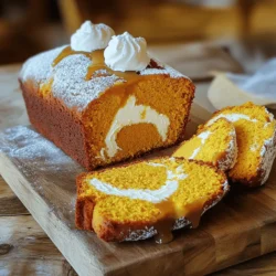 To bake my pumpkin spice cream cheese loaf, gather these must-have items: - 1 ½ cups all-purpose flour - 1 teaspoon baking soda - ½ teaspoon baking powder - 1 teaspoon pumpkin pie spice - ½ teaspoon salt - ½ cup granulated sugar - ½ cup brown sugar, packed - ½ cup vegetable oil - 3 large eggs - 1 cup canned pumpkin puree - 1 teaspoon vanilla extract - 4 oz cream cheese, softened - 2 tablespoons powdered sugar - 1 tablespoon milk - 1 teaspoon vanilla extract (for cream cheese filling) These ingredients work together to create a moist loaf with rich flavors. The pumpkin puree gives it that warm, fall taste, while the spices bring in sweet notes. You can add a few extra items if you want to enhance the flavor: - Chopped nuts like walnuts or pecans - Chocolate chips for a sweet surprise - A sprinkle of cinnamon or nutmeg for warmth - A dash of maple syrup for added sweetness These options let you put your own spin on this treat. Feel free to mix and match based on your taste! If you lack any key items, don't worry. Here are some easy swaps: - Use whole wheat flour instead of all-purpose for a heartier loaf. - Swap vegetable oil for melted coconut oil for a different flavor. - If you run out of eggs, use flaxseed meal mixed with water as a binding agent. - Use dairy-free cream cheese if you want a vegan option. These substitutions keep the recipe flexible while maintaining the deliciousness of the loaf. You can still achieve great flavor and texture! Start by preheating your oven to 350°F (175°C). Take a 9x5-inch loaf pan. Grease it well with butter or oil. Then, add a light dusting of flour. You can also line the pan with parchment paper for easy removal later. In a medium bowl, take 1 ½ cups of all-purpose flour. Add 1 teaspoon of baking soda and ½ teaspoon of baking powder. Sprinkle in 1 teaspoon of pumpkin pie spice and ½ teaspoon of salt. Whisk these ingredients together well. Set this bowl aside for later. Grab a large mixing bowl. Combine ½ cup of granulated sugar and ½ cup of brown sugar. Pour in ½ cup of vegetable oil. Mix this until it’s smooth. Now, add 3 large eggs one at a time, mixing well after each. Next, fold in 1 cup of canned pumpkin puree and 1 teaspoon of vanilla extract. In a small bowl, take 4 oz of softened cream cheese. Mix in 2 tablespoons of powdered sugar. Add 1 tablespoon of milk and 1 teaspoon of vanilla extract. Beat these together until the mixture is smooth and creamy. Pour half of the pumpkin batter into the loaf pan. Take spoonfuls of the cream cheese filling and drop it over the batter. Then, pour in the rest of the pumpkin batter. Use a knife or skewer to swirl the cream cheese mixture into the pumpkin batter. This will create a beautiful marbled effect. Place the loaf pan in the preheated oven. Bake for 55 to 65 minutes. To check for doneness, insert a toothpick into the center of the loaf. If it comes out clean, your loaf is ready. Once baked, let it cool in the pan for about 10 minutes. Then, transfer it to a wire rack to cool completely. To get the best texture for your loaf, start with room temperature ingredients. This helps them mix better. Mix the wet and dry ingredients just until combined. If you overmix, the loaf may turn out dense. The batter should be thick but pourable. Swirling the cream cheese is key for a beautiful loaf. After pouring half of the pumpkin batter into the pan, drop spoonfuls of the cream cheese mix on top. Then, add the rest of the pumpkin batter. Use a knife or skewer to gently swirl the cream cheese into the batter. Don’t mix it too much; you want a marbled look. Let the loaf cool in the pan for about 10 minutes. This helps it firm up without falling apart. After that, move it to a wire rack to cool completely. For storage, wrap the loaf in plastic wrap or foil. Store it at room temperature for a few days. If you want to keep it longer, freeze it for up to three months. {{image_2}} You can easily enhance your pumpkin spice cream cheese loaf by adding chocolate chips or nuts. Both options bring a fun twist. Use semi-sweet chocolate chips for a rich taste. If you like nuts, chop some walnuts or pecans. Stir in about ½ cup of your chosen add-in with the dry ingredients. This step ensures they mix well. The chocolate adds sweetness, while the nuts give crunch. You can’t go wrong with either option! If you want to change the flavor, you can swap the pumpkin pie spice. Use cinnamon, nutmeg, or ginger for a new taste. Each spice offers its unique warmth. You can also add orange zest for a citrus kick. Just a teaspoon brightens the loaf. Consider adding a dash of almond extract for more flavor depth. These simple swaps can make your loaf feel fresh and exciting. To make this loaf gluten-free, use a gluten-free baking mix instead of all-purpose flour. Many brands offer blends that work well in quick breads. Just replace the flour in the recipe with the same amount of the mix. Make sure that your baking powder and baking soda are gluten-free as well. This option allows everyone to enjoy the loaf, no matter their dietary needs. After enjoying your pumpkin spice cream cheese loaf, you want to keep it fresh. Wrap the loaf tightly in plastic wrap or foil. You can also place it in an airtight container. This keeps moisture in and prevents it from drying out. Store it at room temperature for up to three days. If you want to keep it longer, move to freezing. To freeze your loaf, first let it cool completely. Once cooled, wrap it well in plastic wrap. Then, place it in a freezer-safe bag or container. This helps protect it from freezer burn. The loaf can freeze well for up to three months. When you're ready to enjoy it, you can easily thaw it. To thaw the loaf, remove it from the freezer. Leave it in the fridge overnight for a slow thaw. If you're in a hurry, you can thaw it at room temperature for a few hours. Once thawed, you can reheat slices in the oven at 350°F for about 10 minutes. This warms the loaf and brings back its tasty texture. Enjoy it warm for a cozy treat! Yes, you can use fresh pumpkin. Start by roasting a pumpkin until soft. Then, scoop out the flesh and blend it until smooth. Use this puree in place of canned pumpkin. Fresh pumpkin gives a vibrant taste and a nice texture. Your loaf is done when a toothpick inserted in the center comes out clean. The top should be golden brown and slightly firm to the touch. If it jiggles, it needs more time. Check it after 55 minutes. This loaf pairs well with many treats. Serve it with a dollop of whipped cream. A drizzle of caramel sauce adds sweetness. You could also enjoy it with a cup of coffee or tea for a cozy afternoon. The loaf stays fresh for about three days at room temperature. Keep it in an airtight container to maintain moisture. If you see any mold or it smells off, it’s best to toss it. Yes! You can make the batter a day ahead. Just store it in the fridge. Bake it the next day for a fresh loaf. Alternatively, bake the loaf and store it for up to three days. It tastes great even after being made in advance. This blog post covers everything you need for pumpkin spice cream cheese loaf. You learned about essential and optional ingredients, plus easy substitutions. I shared step-by-step instructions to make baking simple. Tips and tricks help you get the right texture and perfect swirl. Variations offer fun twists, and the storage info keeps your loaf fresh. With this guide, you can enjoy baking a delicious loaf that impresses. Happy baking!
