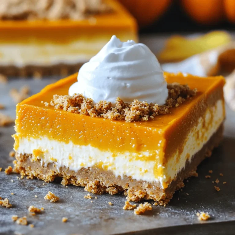 To make these Pumpkin Gingersnap Cheesecake Bars, you will need: - 1 ½ cups gingersnap cookie crumbs - ½ cup unsalted butter, melted - 2 cups cream cheese, softened - 1 cup pumpkin puree - ¾ cup granulated sugar - ½ cup brown sugar - 3 large eggs - 1 teaspoon vanilla extract - 1 teaspoon ground cinnamon - ½ teaspoon ground ginger - ¼ teaspoon nutmeg - ¼ teaspoon salt Each ingredient plays a key role in creating a rich and creamy dessert. The gingersnap crumbs add a sweet and spicy crunch. The cream cheese gives the bars a smooth texture, while pumpkin puree brings in that warm, fall flavor. You can make your bars even more delightful by adding: - Whipped cream - Extra gingersnap crumbs These toppings not only add flavor but also make your bars look fancy. A dollop of whipped cream on top adds a creamy touch. The gingersnap crumbs give a nice crunch. If you don’t have some ingredients, here are some easy swaps: - Use graham cracker crumbs instead of gingersnap crumbs for a different flavor. - You can replace cream cheese with a dairy-free cream cheese for a vegan option. - Maple syrup can stand in for granulated sugar for a unique sweetness. These substitutions let you tweak the recipe to fit your taste or dietary needs. Each change will still give you delicious Pumpkin Gingersnap Cheesecake Bars. Start by preheating your oven to 350°F (175°C). This step ensures your bars bake evenly. Line an 8x8 inch baking pan with parchment paper. Leave some paper hanging over the edges. This makes removing the bars easy later. Next, grab a medium bowl. Combine 1 ½ cups of gingersnap cookie crumbs with ½ cup of melted unsalted butter. Mix them well until the crumbs feel like wet sand. This creates a rich base for your bars. Then, press this mixture evenly into the bottom of your pan. Bake it for 10 minutes. Once done, let it cool slightly while you make the filling. In a large mixing bowl, add 2 cups of softened cream cheese. Beat it until it turns smooth. Then, stir in 1 cup of pumpkin puree and both ¾ cup of granulated sugar and ½ cup of brown sugar. Mix until everything is combined well. Now, add 3 large eggs, one at a time. Mix well after each egg to keep it smooth. After that, add 1 teaspoon of vanilla extract, 1 teaspoon of ground cinnamon, ½ teaspoon of ground ginger, ¼ teaspoon of nutmeg, and ¼ teaspoon of salt. Blend these ingredients until the mixture is creamy and well combined. Pour the pumpkin cheesecake filling over your cooled gingersnap crust. Spread it evenly across the crust using a spatula. Bake in the preheated oven for 35-40 minutes. The center should be set but still jiggle slightly. It will firm up as it cools. After baking, remove the pan from the oven. Let the bars cool at room temperature for about 1 hour. Then, refrigerate them for at least 2 hours. This helps the flavors meld and sets the bars nicely. Once fully chilled, lift the bars out of the pan using the parchment paper. Cut them into squares or bars for serving. Optionally, top each piece with a dollop of whipped cream and some extra gingersnap crumbs. Enjoy your tasty treat! To make a smooth cheesecake, start with room temperature cream cheese. This helps blend easily. Beat the cream cheese first until it looks fluffy. Then, add pumpkin puree and sugars. Mix until smooth and creamy. Add eggs one at a time. This keeps the mixture smooth. Beat well after each egg. Finally, mix in spices and vanilla. Avoid overmixing to keep your bars from cracking. One big mistake is using cold cream cheese. It can make lumps in your batter. Another mistake is overbaking. The bars should jiggle in the middle. They will firm up as they cool. Be careful with the crust too. Press it down firmly. If it’s too loose, it won’t hold the filling well. Lastly, let the bars cool completely before cutting. This helps them stay together. These bars taste great on their own. For a fun twist, top with whipped cream. A sprinkle of gingersnap crumbs adds a nice crunch. You can also serve them warm with ice cream. This makes a cozy dessert for fall. For extra flair, add a drizzle of caramel sauce. Enjoy these treats with friends or family! {{image_2}} You can make your Pumpkin Gingersnap Cheesecake Bars even better by adding spices. Try adding a pinch of cloves for warmth. You could also add a dash of allspice for a unique taste. If you love sweetness, add a splash of maple syrup to the filling. This twist will enhance the pumpkin flavor and add a nice touch. Not a fan of gingersnap crust? Don’t worry! You can try using graham crackers or even Oreo cookies. Each crust gives a different flavor and texture. For a nutty twist, use almond flour mixed with melted butter. This option will give you a gluten-free crust that’s still delicious. You can easily make these bars vegan. Swap cream cheese for vegan cream cheese. Use flax eggs instead of regular eggs. For a gluten-free version, make sure to use gluten-free gingersnap cookies. You can also use a dairy-free butter substitute in the crust. These changes keep the taste while catering to different diets. To keep your pumpkin gingersnap cheesecake bars fresh, store them in the fridge. Place the bars in an airtight container. They will stay good for up to five days. Make sure to cover them well to prevent drying out. You can freeze these cheesecake bars if you want to save some for later. First, cut the bars into squares. Wrap each square tightly in plastic wrap. Then, place them in a freezer-safe bag. They can last up to three months in the freezer. When you're ready to eat them, just let them thaw in the fridge overnight. If you want to enjoy a warm slice, reheat it gently in the oven. Preheat your oven to 300°F (150°C). Place the cheesecake bars on a baking sheet and heat for about 10 minutes. This warms them up without making them soggy. You can also use the microwave for a quick warm-up. Heat each bar for about 10-15 seconds, but be careful not to overheat them. Enjoy your tasty treat! Yes, you can use store-bought gingersnap cookies. They save time and add flavor. Just crush them into crumbs. Mix the crumbs with melted butter. This will make a great crust. Check the center of the cheesecake. It should be set but still have a slight jiggle. If it looks too wet, bake it a bit longer. The bars will firm up as they cool in the fridge. Yes, these bars are perfect for making ahead. You can bake them a day or two before you need them. Just store them in the fridge. This gives the flavors time to mingle, making them even tastier! Making pumpkin gingersnap cheesecake bars is fun and rewarding. We covered key ingredients, step-by-step baking, and tips for success. Remember to explore variations that fit your taste, like vegan options. Proper storage keeps your bars fresh, while reheating ensures great flavor. Enjoy your tasty creation and share it with friends and family. You’ll impress everyone, and they will want to know your secrets!