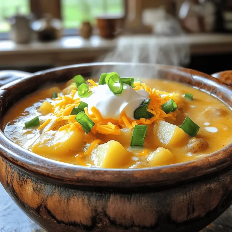 To make this creamy and hearty soup, you'll need: - 6 medium russet potatoes, peeled and diced - 1 medium onion, chopped - 3 cloves garlic, minced - 4 cups vegetable broth - 1 cup heavy cream or coconut milk for a dairy-free option - 1 cup shredded sharp cheddar cheese, plus extra for garnish - 1/2 cup sour cream or Greek yogurt (optional) - 1/4 cup chopped green onions, plus more for garnish - Salt and pepper to taste - 1 teaspoon smoked paprika - 1/2 teaspoon dried thyme - 1 tablespoon olive oil You can swap ingredients based on what you have. For potatoes, try Yukon Gold. They add a buttery taste. If you want a lighter soup, use almond milk instead of heavy cream. For cheese, mozzarella can work too. Use vegetable broth or chicken broth for flavor. If you're dairy-free, skip the cheese and sour cream or use a vegan alternative. Garnishing adds fun and flavor! Try these: - A dollop of sour cream or Greek yogurt - Extra shredded cheddar cheese - Chopped green onions - Crispy bacon bits for a meaty crunch - Fresh herbs like parsley for brightness Using these ingredients and options, you can create a soup that warms the heart and satisfies the palate. Start by peeling and dicing six medium russet potatoes. Make sure they are all about the same size. Next, chop one medium onion and mince three cloves of garlic. This step adds great flavor. In a medium skillet, heat one tablespoon of olive oil over medium heat. Add the chopped onion, cooking until it turns soft and clear, about five minutes. Then add the minced garlic and stir for one to two minutes. In your slow cooker, combine the diced potatoes, sautéed onions, garlic, four cups of vegetable broth, one teaspoon of smoked paprika, and half a teaspoon of dried thyme. Season with salt and pepper to taste. Mix well to combine everything. Cover the slow cooker and set it on low for seven hours or high for four hours. The potatoes should become soft and easy to mash with a fork. Once the soup is cooked, use a potato masher to mash some of the potatoes. This creates a creamy texture while keeping some chunks for bite. Stir in one cup of heavy cream or coconut milk and one cup of shredded sharp cheddar cheese. Let the soup heat for another 20 to 30 minutes on low. When ready to serve, ladle the soup into bowls. Top each bowl with a dollop of sour cream or Greek yogurt, some chopped green onions, and a bit more cheddar cheese. Enjoy the warmth and comfort of this hearty dish! To get a creamy texture in your soup, use heavy cream or coconut milk. I like to mash some potatoes after cooking. This gives a nice balance of creamy and chunky. You can also blend part of the soup in a blender. Just be careful with hot liquids! A smooth blend adds richness. Stir in the cream slowly for the best result. Spices can take your soup to the next level. I add smoked paprika and thyme for warmth. These spices add depth without being overpowering. Feel free to adjust the salt and pepper based on your taste. You can also try adding garlic powder or onion powder for extra flavor. Experiment to find your perfect mix! Cooking times are important for the best results. For soft potatoes, cook on low for 7 hours. If you're in a hurry, high for 4 hours works too. Always check if the potatoes are tender before finishing. You can adjust the cooking time if you cut the potatoes smaller. This helps them cook faster and stay soft. {{image_2}} To make a vegan version, swap out the heavy cream for coconut milk. This adds creaminess without dairy. You can also leave out the cheese or use a plant-based cheese instead. For extra flavor, toss in some nutritional yeast. It gives a cheesy taste without any dairy. Use vegetable broth as your base. This keeps it hearty and full of flavor. You will still enjoy a warm, filling soup that everyone loves. For a cheesy broccoli twist, add fresh or frozen broccoli to the mix. Chop about two cups of broccoli and toss it in the slow cooker with the potatoes. You can use the same heavy cream or coconut milk for creaminess. Stir in your shredded cheddar cheese at the end as usual. The broccoli adds a nice crunch and boosts nutrition. This soup becomes a meal with veggies and cheese, all in one bowl. If you crave heat, add spices like cayenne pepper or crushed red pepper flakes. Start with a quarter teaspoon and adjust to your taste. You can also mix in jalapeños for extra spice. A dash of hot sauce just before serving gives it a kick. This version warms you up and adds a fun twist to the classic recipe. You still keep the creamy base while enjoying a spicy kick with every spoonful. Store leftover loaded potato soup in an airtight container. Let it cool before sealing. Place it in the fridge for up to 4 days. When ready to eat, check for any off smells. If it smells fine, you can enjoy it again! You can freeze this soup for longer storage. Use a freezer-safe container and leave some space at the top. The soup will expand as it freezes. It can last up to 3 months in the freezer. When you’re ready to eat, thaw it in the fridge overnight. Reheat the soup on the stove for even heating. Stir it often to avoid burning. You can also use the microwave. Heat in short bursts, stirring in between. If it seems too thick, add a splash of broth or milk to thin it out. Enjoy your warm and cozy soup! Yes, you can use red potatoes. They give a different taste and texture. Red potatoes are waxy and hold their shape well. This means your soup will be less creamy. If you prefer a thicker soup, choose russet potatoes. They mash easily, creating a nice base. To thicken the soup, you have a few options. You can mash more potatoes with a potato masher. This adds thickness and keeps some chunks. Another way is to add a cornstarch slurry. Mix 1 tablespoon of cornstarch with 2 tablespoons of cold water. Stir it into the soup, then cook for a few minutes until thickened. Yes, you can make this soup on the stovetop. Start by sautéing the onion and garlic in a pot. Then, add the diced potatoes and vegetable broth. Bring it to a boil, then lower the heat. Simmer for about 20-25 minutes, or until the potatoes are soft. After that, mash the potatoes and add cream and cheese as you would in the slow cooker. The loaded potato soup recipe covers all you need, from ingredients to storage. You learned about flavorful variations and helpful tips to improve texture. Creating this soup can be easy and fun. You can substitute ingredients based on your taste and make it vegan if desired. Remember to store leftovers properly for future meals. With these tools, you can make a perfect bowl of soup any time. Enjoy your cooking journey and savor every bite!