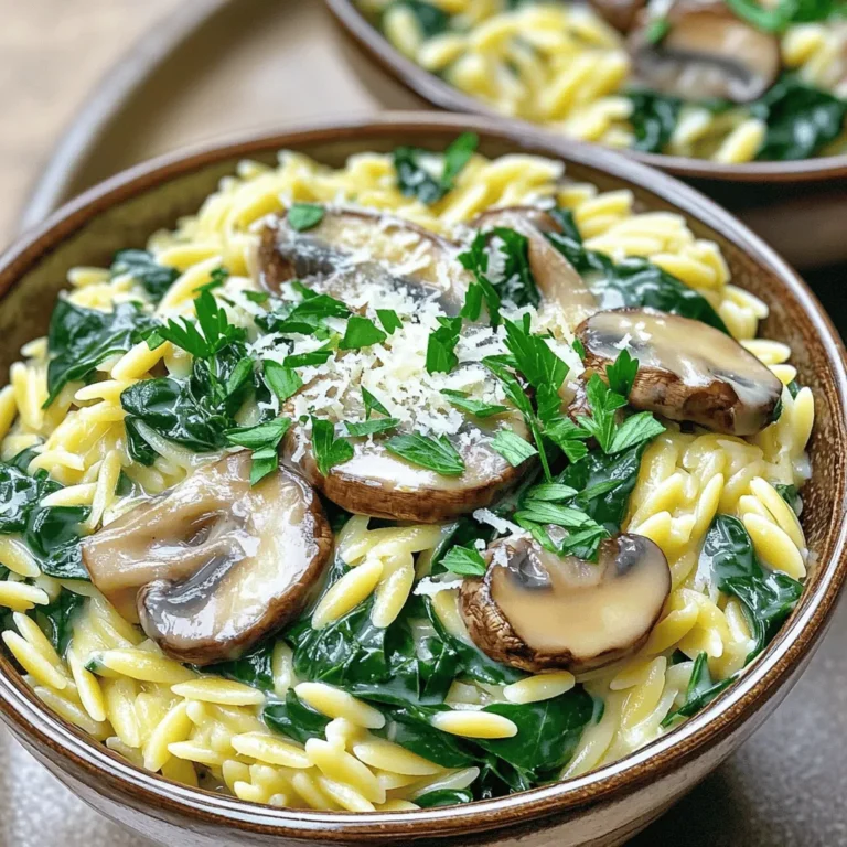 To make Creamy Mushroom Spinach Orzo, gather these key ingredients: - 1 cup orzo pasta - 2 tablespoons olive oil - 1 cup mushrooms, sliced (preferably cremini or button) - 2 cups fresh spinach, rinsed and drained - 1 small onion, finely chopped - 2 cloves garlic, minced - 1 cup vegetable broth - 1/2 cup heavy cream (or coconut cream for a vegan option) - 1/2 teaspoon dried thyme - 1/2 teaspoon red pepper flakes (optional for heat) - Salt and pepper to taste - 1/4 cup grated Parmesan cheese (omit for vegan option) - Fresh parsley, chopped for garnish You can easily swap ingredients to fit your taste. Here are some ideas: - Orzo Pasta: You can use quinoa or rice if you're gluten-free. - Mushrooms: Try shiitake or portobello for a richer flavor. - Olive Oil: Use butter for a richer taste or avocado oil for a healthier option. - Cream: Coconut cream works well for a vegan dish. - Parmesan Cheese: Nutritional yeast can add a cheesy flavor without dairy. When choosing your ingredients, opt for quality to enhance the dish. Here are some recommended brands: - Orzo Pasta: Barilla offers great quality orzo that cooks well. - Mushrooms: Look for organic options for the best flavor. - Vegetable Broth: Swanson's Organic Vegetable Broth provides rich taste. - Heavy Cream: Horizon Organic Heavy Cream is a good choice for richness. - Parmesan Cheese: Grana Padano is a flavorful alternative to Parmesan. This dish is easy to make and delicious. You can adjust the flavors to suit your needs and preferences! 1. Start by boiling water in a large pot. Cook the orzo pasta as per the package instructions until it is al dente. This usually takes around 8-10 minutes. Once done, drain the orzo and set it aside. 2. In the same pot, heat 2 tablespoons of olive oil over medium heat. Add the finely chopped onion. Sauté the onion for about 5 minutes until it becomes soft and translucent. 3. Next, add the minced garlic and sliced mushrooms. Cook this mixture for another 5-7 minutes. Stir occasionally until the mushrooms are tender and release their moisture. 4. Now, stir in the 2 cups of fresh spinach, 1 cup of vegetable broth, 1/2 teaspoon of dried thyme, and red pepper flakes if you like some heat. Cook for 2-3 minutes until the spinach wilts. 5. Reduce the heat to low and pour in 1/2 cup of heavy cream. Stir well to combine. Allow it to simmer for about 2 minutes until the sauce thickens slightly. 6. Add the cooked orzo to the pot. Toss everything together until the orzo is well coated with the creamy sauce. Season with salt and pepper to taste. 7. If you’re using Parmesan cheese, fold in 1/4 cup until it melts and mixes well. 8. Serve hot. Garnish with chopped fresh parsley on top for a lovely finish. - Always taste as you cook. Adjust salt and pepper to your liking. - Stirring the mixture often helps prevent sticking and ensures even cooking. - Use a large pot to allow enough space for the ingredients to cook properly. - Orzo Cooking: The orzo should be firm but not hard. - Onion Sautéing: The onion should be soft and slightly translucent. - Mushroom Cooking: Mushrooms should be soft and moist, not dry. - Spinach Wilting: Spinach should be a bright green and fully wilted. - Sauce Thickness: The sauce should coat the back of a spoon lightly. You can make this dish your own with simple swaps. Try different mushrooms like shiitake or portobello. Each type brings a unique flavor. Add veggies like peas or cherry tomatoes for extra color and taste. You can use whole wheat orzo for a healthier twist. For a kick, toss in more red pepper flakes. If you love cheese, mix in feta or goat cheese for a tangy note. Cooking orzo is easy, but a few tips help. First, always use plenty of water. This keeps the orzo from sticking together. Salt the water to add flavor from the start. Stir the orzo a few times while it cooks. This helps prevent clumping. Taste as it cooks to find that perfect al dente bite. Drain it right away and toss it with a little olive oil to keep it moist. Fresh herbs can really lift this dish. Try adding basil or dill for a fresh taste. A splash of lemon juice at the end brightens the flavors too. For a warm flavor, consider adding nutmeg or smoked paprika. These spices give depth and warmth. Experiment with different combinations to find what you love best. {{image_2}} You can easily make this dish vegan. Simply replace the heavy cream with coconut cream. It gives a similar rich texture. Omit the Parmesan cheese or use a vegan version. The dish will still taste creamy and satisfying. Use vegetable broth to keep it plant-based. For added protein, consider chicken or shrimp. Cook diced chicken breast in the pot first. Once cooked, remove it and set it aside. Then follow the recipe as usual. If you choose shrimp, add them after the mushrooms. Cook until they turn pink. This adds great flavor and makes it more filling. If you need a gluten-free dish, swap out orzo for gluten-free pasta. Look for rice or quinoa-based options. These work well in this creamy sauce. Make sure your vegetable broth is also gluten-free. This way, everyone can enjoy this tasty comfort dish! To keep your creamy mushroom spinach orzo fresh, store it in an airtight container. Make sure the dish is completely cool before sealing it. Place the container in the fridge. This dish stays good for about 3 to 4 days. If you want to eat it later, storing it properly helps keep the flavors intact. When you are ready to enjoy your leftovers, gently reheat the orzo. You can use the stove or microwave. If using the stove, add a splash of vegetable broth or water to prevent it from drying out. Heat on low, stirring often, until warm. In the microwave, cover the dish and heat for about 1 to 2 minutes. Stir halfway through for even warming. You can freeze creamy mushroom spinach orzo for longer storage. Use a freezer-safe container, leaving some space for expansion. It keeps well for up to 2 months. When ready to eat, thaw it in the fridge overnight. Reheat as mentioned above. The texture may change a bit, but the flavor stays great! You can use coconut cream instead of heavy cream for a vegan option. It gives a rich taste. Other options include cashew cream or a mix of milk and butter. Choose based on your preference and diet. Each option brings a unique flavor to the dish. Yes, you can prepare the creamy mushroom spinach orzo ahead of time. Cook the orzo and sauce separately. Store them in the fridge. When ready to serve, heat them together on the stove. This keeps the orzo from getting mushy. To avoid mushy orzo, follow a few simple steps. First, cook it al dente according to the package. Drain it well and rinse with cold water. This stops the cooking process. Add the orzo to the sauce just before serving. This keeps it firm and flavorful. This blog explains how to create a delicious creamy mushroom spinach orzo dish. You learned about the key ingredients, including great brand options and swaps. I shared step-by-step cooking tips and visual cues, to help you nail every stage. Customization tips and variations ensure you can adapt the recipe for any diet. Finally, I covered storage and reheating so you can enjoy leftovers. With these insights, you can make this tasty meal with confidence and ease.