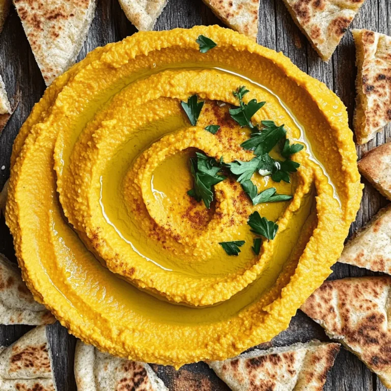 To make this tasty pumpkin hummus, you need: - 1 cup canned pumpkin puree - 1 can (15 oz) chickpeas, drained and rinsed - 2 tablespoons tahini - 2 tablespoons olive oil - 1 clove garlic, minced - 1 teaspoon ground cumin - 1 teaspoon smoked paprika - 1 tablespoon lemon juice - Salt and pepper to taste These main ingredients create a creamy and flavorful base for your hummus. The pumpkin adds a nice sweetness, while the chickpeas give it body. Tahini and olive oil add richness. Garlic, cumin, and smoked paprika bring a savory depth. For a perfect pairing, I suggest serving your pumpkin hummus with: - 4 whole wheat pita breads, cut into wedges - Fresh parsley, for garnish The warm, toasted pita is ideal for scooping up the hummus. The parsley adds a splash of color and a hint of freshness. You can customize your pumpkin hummus with different flavors. Consider these options: - Add a pinch of cayenne for heat. - Use roasted garlic instead of raw for a sweeter taste. - Swap lemon juice for lime juice for a zesty twist. These variations let you adjust the hummus to your taste. Experimenting with ingredients can lead to fun new flavors and textures. Enjoy the process! To make the hummus, start by gathering all your ingredients. You will need canned pumpkin puree, chickpeas, tahini, and olive oil. Don't forget the garlic, cumin, smoked paprika, and lemon juice. 1. In your food processor, add the pumpkin puree, chickpeas, and tahini. 2. Next, pour in the olive oil and add the minced garlic. 3. Sprinkle in the ground cumin and smoked paprika. Squeeze in the lemon juice. 4. Blend this mix until it becomes smooth. If you see lumps, stop and scrape down the sides. 5. Taste your hummus. Add salt and pepper to fit your taste. Blend again until mixed well. 6. Once done, put the hummus in a bowl and smooth the top with a spoon. 7. Drizzle a bit of olive oil over the hummus for extra flavor. Now, let’s move to the pita. You want it warm and crispy. 1. Heat a non-stick skillet on medium heat. 2. Cut your whole wheat pita breads into wedges. 3. Place the wedges in the skillet and toast them for about 2-3 minutes on each side. 4. Keep an eye on them so they do not burn. They should turn golden brown and crispy. Time to serve! 1. Arrange your warm pita wedges around the bowl of hummus. 2. For a pop of color, garnish the hummus with fresh parsley. 3. You can also sprinkle a bit of smoked paprika or cumin on top. 4. For a fun touch, add a small bowl of olive oil in the center. This setup will look great and taste even better. Enjoy your savory pumpkin hummus with pita! To make smooth hummus, blend it well. Start with a food processor. Add the pumpkin puree, chickpeas, tahini, olive oil, garlic, cumin, smoked paprika, and lemon juice. Pulse until it is creamy. Stop to scrape down the sides as needed. If it feels too thick, add a tiny bit of water or olive oil. This step helps create a silky texture. You can boost the flavor of your hummus easily. Try adding extra spices. A pinch of cayenne can add heat. Fresh herbs like basil or cilantro can also brighten the taste. If you want a zestier flavor, add more lemon juice. For a richer taste, use roasted garlic instead of raw. Always taste your hummus before serving to ensure it's just right. How you serve the hummus matters. Use a rustic bowl for a warm touch. Drizzle olive oil over the top for shine. A sprinkle of smoked paprika or cumin adds color. For a fun twist, place a small bowl of olive oil in the center. Arrange toasted pita wedges around the hummus. This makes it look inviting and delicious. {{image_2}} To make your hummus spicy, add red pepper flakes. You can also blend in jalapeños. Start with a small amount and taste. Adjust the heat level to your liking. This spicy twist wakes up the flavors and adds a fun kick. Pair it with some cooling veggies, like cucumber sticks, for balance. For a fresh herb twist, mix in chopped parsley or cilantro. Basil also works well, giving a bright flavor. Blend the herbs into the hummus after the main ingredients. This adds a lively green color and a fragrant aroma. You can experiment with different herbs based on your taste. Want a nutty flavor? Try adding ground nuts like almonds or walnuts. You can also use sunflower seeds for a different texture. Blend them in with the chickpeas for a creamy, rich taste. This variation adds healthy fats and a satisfying crunch to your hummus. To store your pumpkin hummus, place it in an airtight container. Make sure the lid fits tightly. This keeps the hummus fresh and prevents it from drying out. You can also drizzle a little olive oil on top before sealing. This helps lock in moisture. Store it in the fridge for up to one week. If you want to enjoy it later, consider freezing it. Store pita bread in a cool, dry place. A bread box or a sealed bag works well. Avoid keeping them in the fridge, as this can make them tough. If you have leftover pita, you can freeze it. Wrap each wedge in plastic wrap and place them in a freezer bag. This keeps them fresh for up to three months. Pumpkin hummus lasts about one week in the fridge. If you freeze it, it can last for up to three months. To thaw, move it to the fridge overnight. When ready to eat, give it a good stir. You can add a bit of olive oil for creaminess. Pita bread can be toasted straight from the freezer. Just heat it in a skillet for a few minutes. Yes, you can use fresh pumpkin. First, cut the pumpkin and remove the seeds. Then, steam or roast the pumpkin until soft. Once cool, scoop out the flesh and mash it. Use this fresh pumpkin in place of canned puree. It will give your hummus a vibrant flavor and texture. You can serve pumpkin hummus with many things. Try fresh veggies like carrots, celery, or bell peppers. Crackers and breadsticks also work well. For a twist, use apple slices or pretzels. Each option adds a fun crunch and flavor. To make the hummus gluten-free, choose gluten-free pita bread or serve it with veggie sticks. Most ingredients in the recipe are already gluten-free, like chickpeas and tahini. Always check labels to ensure there are no hidden gluten ingredients in your products. In this post, we explored how to make pumpkin hummus. We discussed key ingredients and great pairings. You learned step-by-step instructions to prepare this tasty dip. I shared tips for the perfect texture and flavor. We also looked at fun variations to try. Finally, we covered storage and answered common questions. Now, you have all the tools to make a delicious pumpkin hummus. Enjoy the flavors and creativity it brings to your table!