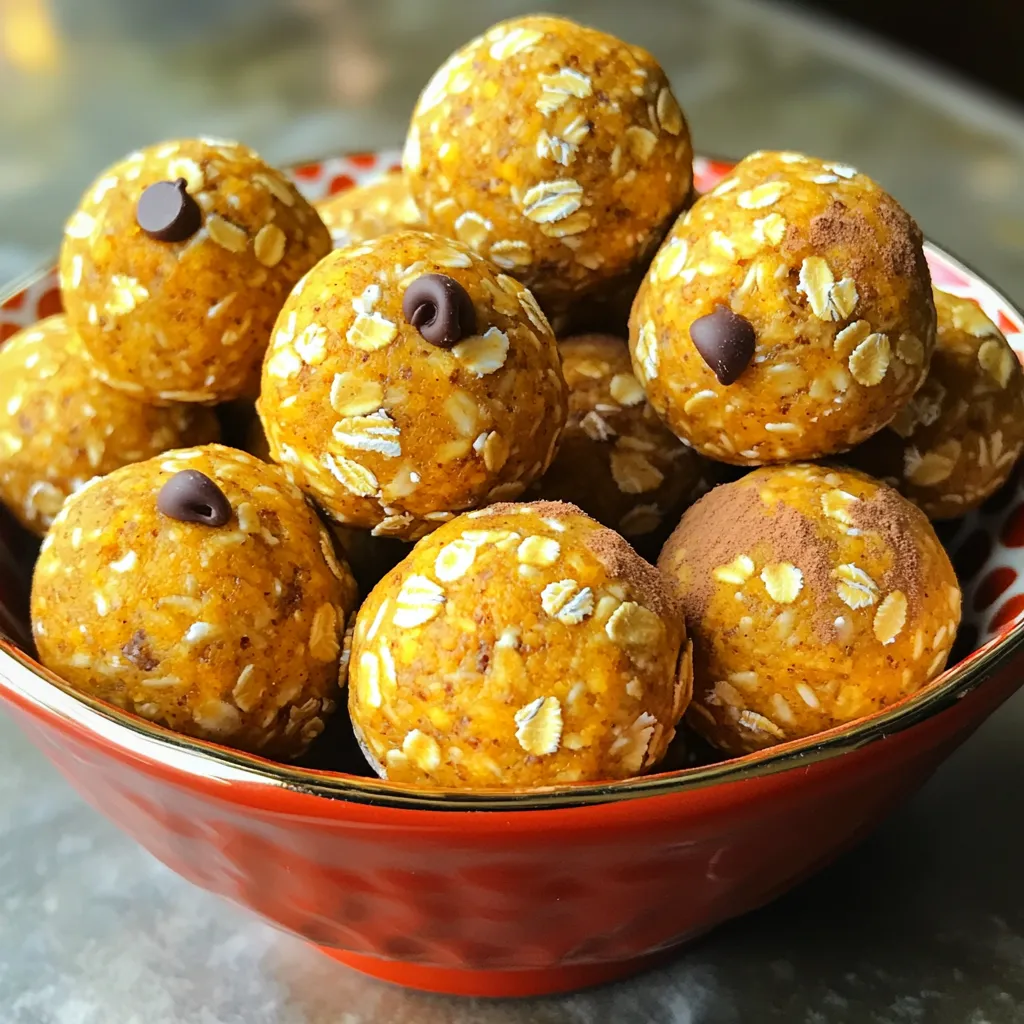 To make No Bake Pumpkin Spice Protein Balls, you will need: - 1 cup rolled oats - 1/2 cup pumpkin puree - 1/2 cup natural almond butter (or peanut butter) - 1/4 cup honey or maple syrup - 1 scoop vanilla protein powder - 1 teaspoon pumpkin pie spice - 1/2 teaspoon cinnamon - 1/4 teaspoon salt - 1/4 cup mini chocolate chips (optional) These ingredients blend well to create a tasty and healthy snack. You can add mini chocolate chips for extra flavor. You may also try different nut butters. Sunflower seed butter works well for nut-free options. If you want more sweetness, use extra honey or maple syrup. Each serving of these protein balls, about one ball, contains: - Calories: 100 - Protein: 5 grams - Carbs: 12 grams - Fat: 4 grams - Fiber: 2 grams These numbers can vary based on the ingredients you choose. Enjoy a healthy and delicious snack that fits your goals! To make your No Bake Pumpkin Spice Protein Balls, start by gathering your ingredients. You will need: - 1 cup rolled oats - 1/2 cup pumpkin puree - 1/2 cup natural almond butter (or peanut butter) - 1/4 cup honey or maple syrup - 1 scoop vanilla protein powder - 1 teaspoon pumpkin pie spice - 1/2 teaspoon cinnamon - 1/4 teaspoon salt - 1/4 cup mini chocolate chips (optional) In a large mixing bowl, combine the rolled oats, pumpkin puree, almond butter, and honey. Stir until everything blends well. It should look smooth and creamy. Next, add the vanilla protein powder, pumpkin pie spice, cinnamon, and salt. Stir again until all ingredients mix in. If you like chocolate, fold in the mini chocolate chips gently. Once your mixture is ready, it’s time to chill it. Cover the bowl with plastic wrap or a lid. Place it in the refrigerator for about 30 minutes. Chilling makes the mixture easier to handle. After 30 minutes, take the dough out of the fridge. Use your hands to roll the mixture into small balls. Aim for about 1 inch in diameter. Place the balls on a parchment-lined baking sheet or plate. This step helps keep them from sticking. Once you have rolled all the balls, return them to the fridge for another 30 minutes. This helps them firm up and hold their shape. Enjoy your tasty snack! You can easily make these protein balls your own. Try different nut butters like cashew or sunflower seed. Swap pumpkin puree for applesauce or mashed banana for a twist. Add nuts, seeds, or dried fruit for extra texture. You can also change the spice. Use ginger or nutmeg if you want something new. If you love chocolate, add more mini chocolate chips for extra sweetness. These protein balls are perfect for snacks or quick meals. A serving is about one ball. Depending on your hunger, you might want one or two. If you share with friends, make sure to offer a few more. Each batch makes 12 to 15 balls. You can easily adjust the serving size based on your needs. Make your protein balls look as good as they taste! Arrange them in a colorful bowl. You can sprinkle a little cinnamon or pumpkin pie spice on top. Use small cupcake liners for an extra touch. This makes them easier to grab and adds a fun look. If you want, add some fresh fruit or nuts around the bowl for color. {{image_2}} You can have fun with flavors in these protein balls. Try adding dried fruit like cranberries or raisins. Nuts such as walnuts or pecans can give a nice crunch. If you want a sweeter touch, add mini marshmallows. You can even mix in some coconut flakes for a tropical twist. Just remember, keep the total volume similar to the recipe. Protein powder is key in these balls. You can use whey, casein, or plant-based options. Each type changes the taste a bit. If you prefer vegan protein, try pea or hemp protein. They will still give you the needed protein without the dairy. Just make sure to pick a flavor that matches your taste. Sweeteners change the taste and texture of your protein balls. Honey and maple syrup are popular choices. They add moisture and sweetness. If you want to cut sugar, try stevia or monk fruit. These options are sweeter, so use less. You can also use agave syrup for a mild taste. Just remember, different sweeteners can change how the balls hold together. Adjust your liquid ingredients if needed. To keep your no bake pumpkin spice protein balls fresh, store them in an airtight container. Place a piece of parchment paper between layers to avoid sticking. You can also wrap each ball in plastic wrap for extra protection. Storing them in the fridge helps maintain their texture and flavor. These tasty protein balls will last about one week in the fridge. If you want to keep them longer, consider freezing them. The flavors actually improve after a day in the fridge, so they taste great even after a few days. To freeze your protein balls, place them on a baking sheet and freeze for about an hour. Once firm, transfer them to an airtight container or a freezer bag. They can stay in the freezer for up to three months. To thaw, just leave them in the fridge for a few hours or overnight. Enjoy them chilled or at room temperature! Yes, you can use other nut butters. Peanut butter works great in this recipe. Sunflower seed butter is also a good choice for a nut-free option. Each nut butter adds its own flavor and texture. You might need to adjust the amount of sweetener based on the nut butter you choose. To make these protein balls vegan, simply swap honey for maple syrup. Ensure the protein powder is plant-based. Use almond or sunflower seed butter. These changes keep the protein balls tasty and plant-friendly. They still pack a great flavor and nutrition punch. To make these protein balls gluten-free, use certified gluten-free rolled oats. Most other ingredients are already gluten-free. Always check labels to be sure. This way, you can enjoy these snacks without worry. They stay delicious and safe for gluten-sensitive folks. This blog post covered how to make protein balls, from the ingredients to storage. We explored what to include and optional items to enhance flavor. You learned how to prepare, chill, and roll them into perfect shapes. We discussed tips for customizing, serving sizes, and presentation. Variations let you switch flavors, protein powders, and sweeteners. Proper storage advice ensures your protein balls stay fresh longer. Keep experimenting with options to find your perfect mix. Simple steps and tasty variations make healthy snacking fun and easy. Enjoy your protein balls!
