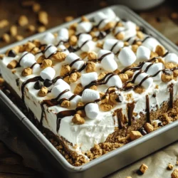 - 2 cups heavy whipping cream - 1 cup powdered sugar - 1 teaspoon vanilla extract Heavy whipping cream is key for the fluffy texture. It whips up into light peaks. Powdered sugar adds sweetness and helps the cream hold its shape. Vanilla extract gives a warm flavor that enhances the cake. - 1 ½ cups graham cracker crumbs - 1 cup mini marshmallows - 1 cup chocolate chips Graham cracker crumbs form the tasty base. They bring that classic s’mores crunch. Mini marshmallows add soft, chewy bites. Chocolate chips melt slightly, giving gooey sweetness with each bite. - ½ cup chocolate sauce - Additional mini marshmallows and graham crackers Drizzling chocolate sauce on top makes it look great. The extra marshmallows and graham crackers add a fun touch. They create a beautiful finish and make the dessert even more inviting. To start, grab a mixing bowl. Combine 2 cups of heavy whipping cream, 1 cup of powdered sugar, and 1 teaspoon of vanilla extract. Use an electric mixer to whip this mix. Keep whipping until you see stiff peaks form. This fluffy whipped cream layer is key to your cake's texture. Now, let’s layer the cake. Start with a thin layer of whipped cream at the bottom of your rectangular or square cake pan. This first layer helps hold everything together. Next, sprinkle 1 ½ cups of graham cracker crumbs evenly over the whipped cream. After that, add a generous amount of mini marshmallows, about 1 cup. Follow this with 1 cup of chocolate chips. This mix of flavors creates that classic s’mores taste. Now, spoon another layer of whipped cream on top. Smooth it out evenly. Repeat this process: graham cracker crumbs, marshmallows, chocolate chips, and whipped cream. Keep going until you run out of ingredients. Make sure to finish with a final layer of whipped cream on top. Once you complete the layers, cover the cake with plastic wrap. Place it in the fridge and let it chill for at least 4 hours. For best results, let it chill overnight. This waiting time allows the flavors to blend and the cake to set perfectly. When you're ready to serve, drizzle some chocolate sauce over the top. Add extra mini marshmallows and broken graham crackers for a fun touch. Slice into squares and enjoy your delightful treat! To create the best whipped cream, use cold ingredients. Start with heavy whipping cream right from the fridge. This helps the cream whip faster. Use a clean bowl and beaters for best results. - Tips for whipping cream to stiff peaks: - Begin on a low speed and increase gradually. - Watch for soft peaks first, then keep going. - Stop when you see stiff peaks form. This means it's ready. - Ensuring a smooth texture: - Add powdered sugar slowly while whipping. This helps mix well. - Use a spatula to fold in any air bubbles gently. Layering makes this cake fun and tasty. Each layer should be even and balanced. This keeps flavors consistent throughout. - Even distribution of ingredients: - Spread whipped cream thinly at the base. - Make sure graham cracker crumbs cover the cream fully. - Distribute marshmallows and chocolate chips evenly to avoid clumps. - How to prevent sinking: - Layer lightly. Don't press down hard. - Avoid overloading layers with too many ingredients. This keeps them stable. When it’s time to serve, presentation matters! A good look makes a great treat even better. - Ideal pairings and presentation tips: - Drizzle chocolate sauce on top for a nice touch. - Garnish with mini marshmallows and graham cracker pieces. - Serve chilled in squares for easy sharing. {{image_2}} You can make this cake with different flavors. Try dark chocolate instead of milk chocolate for a richer taste. White chocolate also adds a sweet twist. You can also mix in flavored extracts. Almond extract gives a nutty kick, while mint extract adds a refreshing touch. If you want a dairy-free version, use coconut cream instead of heavy whipping cream. This swap keeps the cake creamy and light. For those needing gluten-free options, look for gluten-free graham crackers. Many brands offer these tasty alternatives, so you do not have to miss out. Seasonal fruits can brighten up your icebox cake. Sliced strawberries add a fresh flavor, while bananas bring sweetness. You can also create themed variations for holidays. For Halloween, add candy corn for a fun look. In winter, crushed peppermint makes a festive touch. Experiment with these ideas to keep your dessert exciting! To store leftover cake properly, cover it tightly with plastic wrap. This keeps the cake fresh and prevents it from absorbing other odors. You can also use an airtight container if you have one. Store it in the fridge for up to three days. For longer preservation, you can freeze the cake. First, cut it into squares. Then, wrap each piece in plastic wrap and place them in a freezer-safe bag. The cake will keep for up to two months in the freezer. When you’re ready to enjoy it, just thaw it in the fridge overnight. This method helps maintain its texture and flavor. Watch for signs of spoilage. If you notice any off smells or a change in texture, it’s best to toss it out. Mold is a clear sign that the cake is no longer safe to eat. Always trust your senses—when in doubt, throw it out! This cake needs to chill for at least 4 hours. For the best taste and texture, I suggest leaving it in the fridge overnight. This time allows the layers to set and blend together. The longer it chills, the better the flavors meld. Yes, you can make this dessert one or two days ahead. Just store it in the fridge, covered with plastic wrap. Make sure to keep it tightly sealed to avoid any fridge odors. This gives the cake time to set, enhancing its flavor. If you want a change from graham crackers, try using digestive biscuits or vanilla wafers. Both will offer a nice texture. You could also crush some pretzels for a salty twist. Just keep the ratio the same for best results. Absolutely! You can use gluten-free graham crackers or any gluten-free cookie. There are many tasty options available today. Always check the labels to ensure they meet your needs. This way, everyone can enjoy this delicious cake. This no-bake s'mores icebox cake is a fun and easy treat. You learned how to create layers of whipped cream, graham crackers, and chocolate. I shared tips for perfect texture and cooling times. You can also change flavors and make it gluten-free. With a bit of care in layering, you'll impress anyone you serve. Enjoy making this delightful dessert that captures the taste of summer anytime!