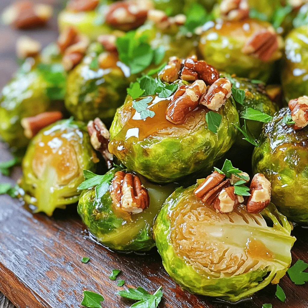 - 1 lb Brussels sprouts, trimmed and halved - 3 tablespoons olive oil - 3 tablespoons pure maple syrup - 2 tablespoons balsamic vinegar - 1 teaspoon garlic powder - Salt and pepper to taste - ¼ cup chopped pecans or walnuts (optional) - 2 tablespoons fresh parsley, chopped for garnish Brussels sprouts are the star of this dish. You begin with one pound of Brussels sprouts. Make sure to trim and halve them. This helps them cook evenly. Next, you will need three tablespoons of olive oil. This adds richness and helps the sprouts crisp up nicely. Then, grab three tablespoons of pure maple syrup. This sweet flavor enhances the sprouts. It also helps create a lovely glaze when roasted. You will also need two tablespoons of balsamic vinegar. This adds a tangy note that balances the sweetness. For seasoning, you need one teaspoon of garlic powder. This gives a nice savory touch to the dish. Adding salt and pepper to taste is key. They enhance all the flavors. Optional but recommended, use a quarter cup of chopped pecans or walnuts. They add a delightful crunch. Lastly, you will need two tablespoons of fresh parsley for a pop of color. It makes your dish look fresh and inviting. Gather all these ingredients, and you're ready to create a tasty and healthy side dish. - Preheat the oven to 400°F (200°C). - Prepare the baking sheet with parchment paper. First, we want to set the stage for our Brussels sprouts. Start by preheating your oven to the right temperature. This step makes sure our veggies roast evenly. Next, grab a large baking sheet and line it with parchment paper. This helps with easy clean-up and prevents sticking. - Combine olive oil, maple syrup, balsamic vinegar, garlic powder, salt, and pepper. Now, let’s whip up a tasty marinade. In a large bowl, mix together the olive oil, pure maple syrup, balsamic vinegar, garlic powder, salt, and pepper. Stir the ingredients well until they blend into a smooth mixture. The sweet maple syrup pairs perfectly with the tang of balsamic vinegar, giving our Brussels sprouts a delicious flavor. - Toss Brussels sprouts in the marinade. - Spread on baking sheet and roast for 20-25 minutes. Next, add your halved Brussels sprouts to the bowl. Toss them gently in the marinade. Make sure each piece is well-coated. If you like some crunch, mix in chopped pecans or walnuts. Spread the Brussels sprouts evenly on the prepared baking sheet. Roast them in your preheated oven for about 20 to 25 minutes. Stir them halfway through to ensure they cook evenly. You’ll know they are done when they are golden brown and crispy on the outside. Once roasted, let them cool a bit before serving. Garnish with fresh parsley for a pop of color! To get the best results, space the Brussels sprouts well on the sheet pan. Place them cut side down and leave a little room between each sprout. This helps hot air flow around them. If they touch too much, they may steam instead of roast. Roasting at 400°F (200°C) works great for Brussels sprouts. Roast them for 20 to 25 minutes. Halfway through, stir them to help them brown evenly. Look for a golden brown color and crispy edges. This shows they are ready and tasty. You can add more flavor with spices. Try adding chili flakes or smoked paprika for a kick. Fresh herbs like thyme or rosemary can also boost the taste. For a sweet twist, sprinkle some cinnamon or nutmeg. These small changes can make your dish amazing! {{image_2}} If you want a nut-free dish, you can skip the nuts in this recipe. Instead, try adding crispy fried onions for that satisfying crunch. You can also use sunflower seeds or pumpkin seeds. Both options bring a delightful texture without any nuts. Want to make this side dish heartier? Add protein like bacon or tempeh. For bacon, cut it into small pieces and roast it with the Brussels sprouts. The fat from the bacon will add amazing flavor. If you prefer a plant-based option, use cubed tempeh. Marinate it in the same sauce, then roast it alongside the sprouts for a tasty twist. If you're out of maple syrup, don't worry! Honey or agave syrup work well as substitutes. Both add a lovely sweetness to the dish. Just keep the amount the same as the maple syrup. This way, you will still enjoy that sweet and tangy flavor in your meal. To keep your roasted Brussels sprouts fresh, store them in the fridge. Place them in an airtight container. They will stay good for about 3 to 5 days. Make sure they cool completely before sealing. This helps prevent moisture buildup, which can make them soggy. When you're ready to enjoy leftovers, the oven is best for reheating. Preheat your oven to 350°F (175°C). Spread the Brussels sprouts on a baking sheet and heat for about 10 minutes. This helps them regain their crispy texture. If you’re in a hurry, you can use the microwave. Place them in a microwave-safe dish and heat in 30-second intervals until warm. You can freeze roasted Brussels sprouts for later use. Make sure they are completely cool before freezing. Place them in a freezer-safe bag or container. Remove as much air as possible. They will keep well for up to 3 months. To thaw, move them to the fridge overnight. Reheat them in the oven for the best results. Yes, you can use frozen Brussels sprouts. However, fresh ones are better. Fresh sprouts have a crisp texture and rich flavor. Frozen sprouts may lose some texture. They can also release water during cooking. This can make them soggy. If using frozen, thaw them first. Pat them dry with a towel. This helps them roast better. Cutting Brussels sprouts is simple. Start by trimming the stem end. This helps remove any brown or wilted leaves. Next, cut each sprout in half. This allows the inside to cook faster. Ensure your knife is sharp for clean cuts. Uniform size helps them roast evenly. Look for a nice golden brown color. They should be crispy on the outside. A fork should pierce them easily. If they are soft and tender, they are done. You can also check the smell. A sweet, nutty aroma means they are ready. Roasting Brussels sprouts is fun and easy. We covered the best main ingredients and seasonings. I shared step-by-step instructions to spice and cook them just right. The tips you learned will help you achieve crisp, tasty sprouts. Try the variations for added flavor and texture. Store any extras properly, and enjoy them later. With these tips, you can impress anyone with your cooking skills. Get ready to enjoy a dish that shines on any table!
