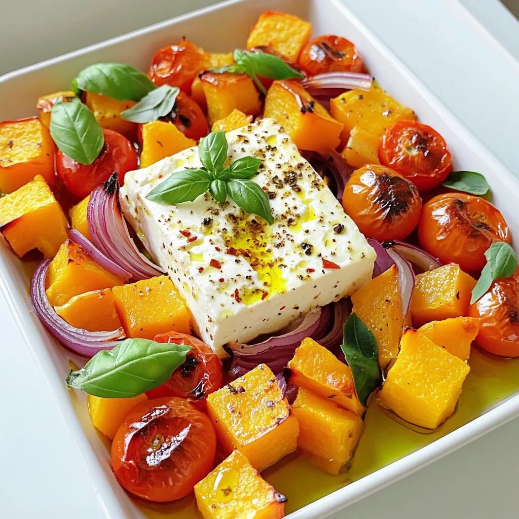 - 1 block (8 oz) feta cheese - 1 medium butternut squash, peeled and cubed - 1 red onion, cut into wedges - 2 cups cherry tomatoes, halved - 4 tablespoons olive oil - 2 cloves garlic, minced - 1 teaspoon dried oregano - 1 teaspoon smoked paprika - Salt and pepper, to taste - Fresh basil leaves, for garnish When I create this dish, I like to start with fresh, high-quality ingredients. The feta cheese is key. It brings a creamy texture and tangy flavor. I prefer using a block of feta, as it melts beautifully. Next is the butternut squash. I peel and cube it into bite-sized pieces. This squash adds sweetness and a lovely golden color. The red onion adds a bit of sharpness, while the cherry tomatoes bring freshness and juiciness. For the oils and seasonings, I use olive oil to coat the vegetables. It helps them roast evenly. Minced garlic adds a fragrant touch. I love the earthy flavor of dried oregano and the subtle smokiness from smoked paprika. Don’t forget salt and pepper to enhance all the flavors. Finally, fresh basil leaves are my go-to garnish. They add a burst of color and a hint of herbaceous flavor. This combination makes every bite a delight! - Preheat the oven to 400°F (200°C). - Peel and cube the butternut squash. This will make it tender and sweet. - In a large bowl, toss the butternut squash, red onion, and cherry tomatoes. - Add 4 tablespoons of olive oil, 2 minced garlic cloves, 1 teaspoon of oregano, and 1 teaspoon of smoked paprika. - Season with salt and pepper to taste. - Mix well until all the veggies are coated. - Spread the vegetable mix evenly onto a large sheet pan. - Create a small space in the center. Place the block of feta cheese there. - Drizzle a bit more olive oil over the feta. Season it lightly with salt and pepper. - Bake in the oven for 30-35 minutes. Look for tender veggies and golden feta. - Once baked, remove the pan and let it cool for 5 minutes. - Serve warm. Gently break the feta with a fork to mix in with the veggies. - Add fresh basil leaves as a bright, tasty garnish. To get the best texture for roasted vegetables, cut them into even pieces. This helps them cook at the same rate. Aim for 1-inch cubes for the butternut squash. Toss the veggies well in olive oil and seasonings to coat them evenly. This step ensures they roast nicely and don’t dry out. When it comes to feta cheese, you'll know it’s perfectly baked when it turns golden brown and softens slightly. It should look warm and inviting. If it’s bubbling around the edges, that’s a great sign. Just don’t let it sit too long in the oven, or it may get too soft. You can add extra herbs or spices to boost the flavor of your dish. Thyme or rosemary pairs well with butternut squash. A sprinkle of red pepper flakes can add a nice kick! Experimenting with flavors is part of the fun. For dipping sauces or drizzles, consider a balsamic glaze or a lemon-tahini sauce. These options add a fresh twist to the dish. A drizzle of honey can also bring out the sweetness of the squash and tomatoes. This baked feta dish pairs nicely with a simple green salad. A side of crusty bread is perfect for scooping up the veggies and feta. You might also serve it with quinoa or couscous for a heartier meal. Each option enhances the flavors and makes the dish more filling. {{image_2}} You can boost the dish with other vegetables. Try adding bell peppers, zucchini, or even kale. These veggies roast well and add color. For a protein kick, toss in chickpeas or black beans. They bring heartiness and nutrition. To make it vegan-friendly, swap feta for a plant-based cheese. Many brands offer tasty vegan feta. You can also use tofu. Just press it to remove moisture and season it like feta. If you can’t find feta, don’t worry! You can use goat cheese or ricotta. Both offer a creamy texture. Just remember, goat cheese has a tangy taste. Adjust the salt and spices to fit the cheese you use. If you choose mozzarella, it will melt nicely but lack the sharpness of feta. Add more herbs like thyme or rosemary to boost the flavor. For a Mediterranean flair, add olives or capers. They bring a briny taste that pairs well with the sweetness of squash. You can also sprinkle in some red pepper flakes for heat. To explore global flavors, try adding curry powder or cumin. These spices give the dish a warm, spicy twist. You could also use za'atar for a unique, herbaceous note. This will make your meal exciting and full of new tastes. To store leftovers, let the dish cool first. Then, place it in an airtight container. This helps keep it fresh. You can store it in the fridge for up to four days. For reheating, the oven works best. Preheat it to 350°F (175°C). Place the dish in a baking dish and cover it with foil. This keeps the feta creamy and the veggies tender. You can also use the microwave. Just warm it in short bursts, checking often to avoid drying it out. Yes, you can freeze this dish! To freeze, let it cool completely. Then, place it in a freezer-safe container. It will last up to three months in the freezer. When ready to eat, thaw it overnight in the fridge. Reheat it in the oven for the best taste and texture. Yes, you can use frozen butternut squash. It saves time and is convenient. Frozen squash is often pre-cut and ready to use, which helps you skip some prep steps. However, fresh squash has a better texture when roasted. If using frozen, check the package for cooking times. You may need to adjust baking time since frozen squash releases more water. This can make the dish a bit mushy if not managed well. If you want a feta alternative, try goat cheese or cream cheese. Both will melt well and add creaminess. For a vegan option, use tofu or cashew cheese. Crumbled tofu can mimic feta's texture when seasoned well. You can also try nutritional yeast for a cheesy flavor without dairy. Each option brings a unique taste, so choose what you like best. To change the spice levels, add more or less smoked paprika. For a spicy kick, mix in some red pepper flakes. If you want it milder, reduce the paprika or leave it out. Fresh herbs like parsley or cilantro can also add flavor without heat. Adjust spices to fit your taste and enjoy a dish that suits you perfectly! This blog post explored a flavorful baked feta and butternut squash dish. We covered key ingredients, like feta, squash, and cherry tomatoes, along with essential seasonings. I shared step-by-step instructions and helpful tips for delicious results. You can vary this dish with different veggies or cheeses to suit your taste. Remember, getting creative can make cooking more fun! Enjoy trying this recipe, and don’t hesitate to adapt it to your liking. Happy cooking!