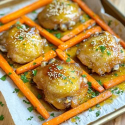 - 4 chicken thighs (bone-in, skin-on) - 4 medium carrots, peeled and sliced into sticks - 1/4 cup honey - 4 garlic cloves, minced The main ingredients in this dish create a rich and satisfying meal. I love using chicken thighs because they stay juicy and tasty. Carrots add a sweet crunch that pairs well with the chicken. Honey adds a natural sweetness that balances the flavors perfectly. Garlic brings depth and aroma to this delightful dish. - 1/4 cup low sodium soy sauce - 1 tablespoon olive oil - 1 teaspoon fresh ginger, grated - 1/2 teaspoon ground black pepper - 1/4 teaspoon crushed red pepper flakes (optional) The sauce ingredients create a bold flavor. Soy sauce gives a savory kick, while olive oil keeps everything moist. Fresh ginger adds a zesty touch, and black pepper brings warmth. If you like spice, the crushed red pepper flakes add a nice kick. - Sesame seeds, for garnish - Fresh parsley, chopped for garnish Garnishing with sesame seeds adds a nutty crunch to your dish. Fresh parsley not only looks great but also brightens the flavors. I always recommend using fresh herbs to elevate your meal. - Preheat oven to 400°F (200°C). - Prepare a large baking sheet with parchment paper. This makes cleanup easy. - In a mixing bowl, combine: - 1/4 cup honey - 1/4 cup low sodium soy sauce - 4 minced garlic cloves - 1 tablespoon olive oil - 1 teaspoon fresh ginger, grated - 1/2 teaspoon ground black pepper - 1/4 teaspoon crushed red pepper flakes (optional) - Whisk the mixture until smooth. This sauce adds a sweet and savory touch. - Place 4 chicken thighs, skin-side up, on the sheet pan. - Arrange the 4 sliced carrots around the chicken. - Pour half of the honey garlic sauce over the chicken and carrots. Make sure the chicken is well coated. - Reserve the other half of the sauce for later. - Bake in the preheated oven for 25 minutes. - After 25 minutes, take the baking sheet out of the oven. - Brush the chicken with the reserved sauce. - Return to the oven and bake for another 15-20 minutes. - Check that the chicken reaches an internal temperature of 165°F (75°C). The carrots should be tender and slightly caramelized. - Once done, let the dish rest for 5 minutes. - Sprinkle sesame seeds and chopped parsley over the chicken and carrots before serving. This method ensures a delicious meal that is easy to make and full of flavor. Enjoy your Honey Garlic Chicken & Carrots! To achieve crispy skin on your chicken, start with dry skin. Pat the chicken thighs with paper towels before cooking. This helps them crisp up in the oven. Bake the chicken skin-side up for the best results. For checking doneness, use a meat thermometer. Aim for an internal temperature of 165°F (75°C). This ensures your chicken is safe to eat and perfectly cooked. Marinating the chicken adds great flavor. You can marinate it for at least 30 minutes or up to overnight. This lets the sauce soak in more. For added depth, try spices like smoked paprika or cumin. They bring warmth and richness to the dish. You can also add a squeeze of lime juice for a fresh twist. Garnishing makes your dish pop! Sprinkle sesame seeds and chopped parsley over the chicken and carrots just before serving. This adds color and texture. For plating, try to layer the carrots under the chicken. This makes your plate look neat and inviting. You can also serve with a side of rice or noodles for a complete meal. {{image_2}} You can swap out carrots for other veggies. Try using broccoli, bell peppers, or green beans. These choices work well and add a pop of color. Adjust cooking times if you use quicker-cooking veggies. For example, add bell peppers in the last 10 minutes of baking. This way, they stay crunchy and fresh. If you want to change the chicken, use chicken breasts or drumsticks. Both options work and can taste just as good. For a vegetarian option, try using firm tofu. Press and cube the tofu before marinating. Bake it the same way as chicken. It absorbs all the flavors and becomes delicious. You can play with the sauce for different tastes. Try maple syrup or agave instead of honey. Each sweetener gives a new flavor twist. You can also add some citrus juice, like lime or orange, for a zesty kick. Fresh herbs like cilantro or basil can make the sauce more vibrant and fresh. To store leftovers properly, let the dish cool down first. Then, place the chicken and carrots in an airtight container. Make sure to cover it well to keep the flavors fresh. Recommended storage containers are glass or plastic with tight-fitting lids. These help prevent spills and keep food safe. To freeze the meal, let it cool completely before placing it in a freezer-safe container. You can also use freezer bags. Remove as much air as you can to prevent freezer burn. When you are ready to eat, thaw it in the fridge overnight. For best results, reheat in the oven at 350°F (175°C) until hot. This keeps the chicken juicy and the carrots tender. In the fridge, Honey Garlic Chicken and Carrots last for about 3 to 4 days. Signs of spoilage include a sour smell or a change in color. If the chicken feels slimy, it’s best to throw it away. Always check your leftovers before eating to ensure they are safe. The best way to reheat Honey Garlic Chicken is in the oven. Preheat your oven to 350°F (175°C). Place the chicken on a baking sheet. Cover it with foil to keep it moist. Heat for about 15-20 minutes. Check that it reaches 165°F (75°C) again. If you're short on time, you can use the microwave. Place the chicken on a microwave-safe plate. Cover it with a damp paper towel to keep it juicy. Heat in short bursts of 30 seconds. Check the chicken to avoid overcooking. Yes, you can make Honey Garlic Chicken in advance. Cook the dish and let it cool completely. Store it in an airtight container in the fridge. It will last for up to 3 days. For meal prep, you can also marinate the chicken ahead of time. Combine the sauce ingredients, then coat the chicken. Let it sit in the fridge for at least 30 minutes. This will enhance the flavor for your meal. To make this recipe gluten-free, you can use gluten-free soy sauce. Look for brands labeled as tamari or coconut aminos. Both options will work well in this dish. Make sure to check all other ingredients for gluten. Most of them should be gluten-free. Using these substitutes keeps the flavor while meeting dietary needs. This blog post showed you how to make a delicious Honey Garlic Chicken dish. We covered the main and sauce ingredients, the step-by-step cooking process, and tips for perfect results. You learned how to enhance flavor, present beautifully, and even store leftovers. Feel free to try vegetable or chicken variations to suit your taste. Now, you can create a tasty dinner that pleases everyone. Enjoy exploring your cooking skills and impressing your family!