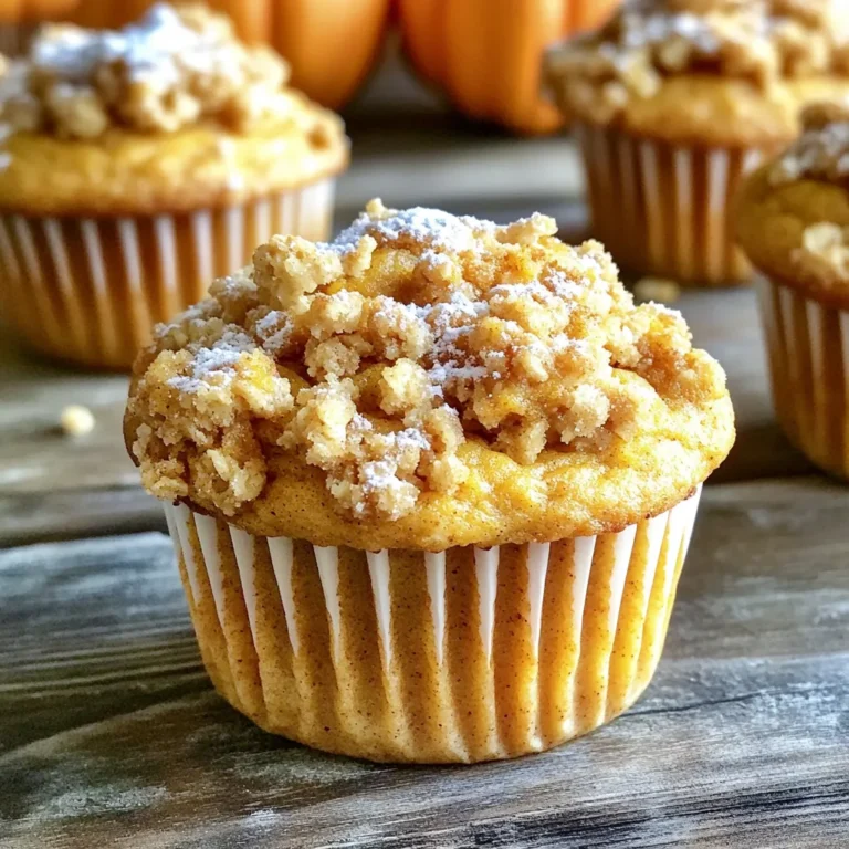 - 1 ½ cups all-purpose flour - 1 cup canned pumpkin puree - ½ cup granulated sugar - ½ cup brown sugar, packed - ½ cup vegetable oil - 2 large eggs - 1 teaspoon vanilla extract - 1 teaspoon baking powder - 1 teaspoon baking soda - ½ teaspoon salt - 1 teaspoon ground cinnamon - ½ teaspoon ground nutmeg - ½ teaspoon ground ginger The main ingredients give these muffins their taste and texture. Canned pumpkin puree makes them moist and adds flavor. The blend of sugars helps balance sweetness. Vegetable oil keeps the muffins soft. The eggs bind everything together. You can easily find these ingredients at any grocery store. - ½ cup all-purpose flour - ¼ cup brown sugar, packed - ¼ cup rolled oats - ½ teaspoon ground cinnamon - 4 tablespoons unsalted butter, cold and cubed The streusel topping is what makes these muffins special. It adds a crunchy layer on top. The oats give it a nice texture. Cold butter makes it crumbly. This topping is easy to mix and adds a sweet finish to the muffins. - Preheat the Oven: Start by preheating your oven to 350°F (175°C). Line your muffin tin with paper liners or lightly grease it. This makes the muffins easy to remove later. - Mix Wet Ingredients: In a large bowl, whisk together the pumpkin puree, granulated sugar, brown sugar, vegetable oil, eggs, and vanilla extract. Stir until everything is smooth and mixed well. - Combine Dry Ingredients: In another bowl, sift together the all-purpose flour, baking powder, baking soda, salt, cinnamon, nutmeg, and ginger. This helps to mix the dry ingredients evenly. - Combine Mixtures: Gradually add the dry mixture to the pumpkin mixture. Stir gently until just combined. It’s okay if small lumps remain; don’t overmix! - Prepare Streusel Topping: In a small bowl, mix the flour, brown sugar, oats, and cinnamon for the streusel. Add the cold cubed butter. Use a fork or your fingers to mix until you see crumbs. - Fill Muffin Tin: Divide the pumpkin batter evenly into the prepared muffin tin. Fill each cup about ¾ full. This allows space for the muffins to rise. - Add Streusel: Generously sprinkle the streusel topping over each muffin. This gives them a lovely crunch and flavor. - Bake Muffins: Place the muffin tin in the preheated oven. Bake for 18-22 minutes. Check doneness by inserting a toothpick into the center; it should come out clean. - Cool Muffins: Once baked, let the muffins cool in the tin for 5 minutes. Then transfer them to a wire rack to cool completely. This helps keep them fluffy and moist. - Importance of Not Overmixing: Overmixing can ruin the texture of your muffins. Mix just until combined. Small lumps are fine. This keeps your muffins light and fluffy. - How to Achieve a Bakery-Style Texture: To get that soft, bakery-style texture, use room temperature ingredients. This helps them blend better and rise well. - Presentation Tips: Serve your muffins warm. A light dusting of powdered sugar makes them look fancy. You can also drizzle maple syrup on top for extra flavor. - Best Ways to Enjoy Muffins: Enjoy these muffins with a cup of coffee or tea. They also pair well with cream cheese or butter for a tasty treat. - Alternatives for Sugar: If you want less sugar, use honey or maple syrup. They add a nice flavor and moisture. Just reduce the liquid in the recipe. - Using Fresh Pumpkin vs. Canned Pumpkin: Fresh pumpkin gives a brighter taste, but canned pumpkin is easy and still tasty. If using fresh, make sure to cook and puree it well. {{image_2}} You can change up the flavor of these muffins to keep things exciting. Here are two tasty ideas: - Chocolate Chip Pumpkin Muffins: Add 1 cup of semi-sweet chocolate chips to the batter. The chocolate pairs well with the pumpkin. Each bite will bring a sweet surprise. - Nut and Seed Add-Ins: Try adding ½ cup of chopped nuts or seeds. Walnuts, pecans, or sunflower seeds add great crunch and flavor. This makes your muffins not only tasty but also more nutritious. To make gluten-free pumpkin muffins, replace all-purpose flour with a gluten-free blend. Here’s how: - Use 1 ½ cups of a high-quality gluten-free flour blend. - Check that all other ingredients are gluten-free too. This includes baking powder and oats if you use them. This simple swap will keep the muffins fluffy and delicious. You won’t miss the gluten at all! If you want to make these muffins vegan, you can easily swap out eggs and dairy. Here’s how: - Substitutes for Eggs: Use ½ cup of unsweetened applesauce for each egg. This keeps the muffins moist and helps bind them. - Dairy-Free Options: Replace vegetable oil with coconut oil or any neutral oil. Use plant-based milk, like almond or oat milk, instead of dairy milk. These changes will give you a vegan version that tastes just as good! Enjoy baking your own unique muffins! You can store your pumpkin streusel muffins at room temperature or in the fridge. If you plan to eat them within a few days, keep them in an airtight container at room temperature. This keeps them soft and fresh. If you want to keep them longer, store them in the fridge. The cool air helps prevent spoilage. Freezing is a great option for longer storage. To freeze muffins, let them cool completely first. Wrap each muffin tightly in plastic wrap or aluminum foil. Then, place them in a freezer bag. Make sure to remove as much air as possible. They can stay in the freezer for up to three months. When you’re ready to eat, let them thaw in the fridge overnight. To enjoy your muffins warm, reheat them in the oven or microwave. For the oven, preheat to 350°F (175°C). Place the muffins on a baking sheet and heat for about 10 minutes. If you use the microwave, heat them for 15-20 seconds. To keep muffins moist, cover them with a damp paper towel. This helps prevent them from drying out. Enjoy your warm muffins with a touch of butter or maple syrup! You can use several vegan egg alternatives. Here are some good options: - Flaxseed meal: Mix 1 tablespoon of flaxseed meal with 2.5 tablespoons of water. Let it sit for 5 minutes. - Chia seeds: Similar to flaxseed, mix 1 tablespoon of chia seeds with 2.5 tablespoons of water and wait for 5 minutes. - Applesauce: Use 1/4 cup of unsweetened applesauce per egg. This adds moisture and sweetness. - Silken tofu: Blend 1/4 cup of silken tofu until smooth. This option binds well. These alternatives work well in baking and keep your muffins moist and tasty. Yes, you can swap whole wheat flour for all-purpose flour. Here are some tips: - Start with 50% substitution: This way, you can keep the muffins soft. - Add more liquid: Whole wheat flour absorbs more moisture. You may need to add an extra tablespoon of oil or water. - Mix well: Whole wheat flour can be denser. Ensure you mix the batter well but don’t overmix. This swap gives your muffins a nutty flavor and extra nutrients. To check if your muffins are done, use a toothpick. Here’s how: - Insert a toothpick in the center of a muffin. - If it comes out clean or with a few crumbs, the muffins are ready. - If the toothpick is wet with batter, bake for another minute or two. This simple test ensures your muffins are perfectly baked every time. You gathered essential tips for making delicious pumpkin muffins. We covered key ingredients, step-by-step instructions, and helpful storage tips. Feel confident trying different flavors and variations, from chocolate chips to gluten-free options. Remember, your muffins may not turn out perfect right away, and that’s okay. Baking is a journey, and each attempt teaches you more. Enjoy the process, share with friends, and savor every bite of your tasty creations. Happy baking!