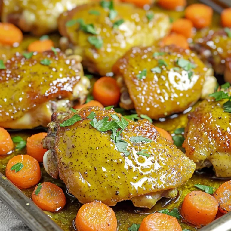 - 4 chicken thighs, bone-in and skin-on - 1 cup baby carrots - 2 tablespoons Dijon mustard - 3 tablespoons pure maple syrup - 2 tablespoons olive oil - 1 teaspoon garlic powder - 1 teaspoon dried thyme - Salt and black pepper to taste - Fresh parsley for garnish (optional) This recipe brings together simple yet bold flavors. The chicken thighs give a juicy base, while baby carrots add sweetness and crunch. The marinade is key. It blends the tang of Dijon mustard with the rich sweetness of maple syrup. Olive oil adds smoothness, while garlic powder and dried thyme boost the taste. When you gather your ingredients, make sure to choose fresh chicken and carrots. Look for thighs with skin for the best flavor and texture. For the carrots, select small ones with bright color. This ensures they are sweet and tender. Using quality ingredients makes a big difference. Fresh herbs like parsley can brighten the dish, adding color and freshness at the end. 1. First, preheat your oven to 425°F (220°C). This helps the chicken cook evenly and become crispy. 2. Next, whisk together the Dijon mustard, pure maple syrup, olive oil, garlic powder, dried thyme, salt, and black pepper in a small bowl. This mixture creates a tasty marinade. 1. Place the chicken thighs in a large bowl or a resealable bag. Pour the marinade over the chicken. Make sure every piece gets coated well. 2. Let the chicken marinate for at least 20 minutes. If you can, marinate it overnight for a richer flavor. 1. While the chicken marinates, wash the baby carrots. Trim any rough edges to make them look nice. 2. On a large sheet pan, arrange the marinated chicken thighs skin-side up. Scatter the baby carrots around the chicken. 3. Drizzle any leftover marinade over both the chicken and the carrots. This adds extra flavor. 4. Roast everything in the oven for about 30 to 35 minutes. The chicken should reach an internal temperature of 165°F (74°C). The carrots should be tender. 5. After cooking, remove the pan from the oven. Let the dish rest for a few minutes before serving. You can garnish with fresh parsley for a bright touch. To cook chicken thighs well, aim for a high internal temperature. The chicken should reach 165°F (74°C) for safety. Use a meat thermometer for best results. For crispy skin, start with bone-in and skin-on thighs. Roast them skin-side up. This helps render the fat and create a nice crunch. Fresh herbs can make a big difference. Consider adding rosemary or oregano for more depth. Marinate the chicken for at least 20 minutes. If you have time, let it sit overnight in the fridge. This extra time allows the flavors to soak in better. Serving style can elevate the meal. Present the chicken and carrots directly from the sheet pan. This gives a cozy, family-style feel. For garnishing, sprinkle fresh parsley on top. It adds color and freshness to your dish. {{image_2}} You can switch chicken cuts if you prefer. Boneless chicken thighs work well. Chicken breasts are leaner but will cook faster. For vegetables, you can use green beans or bell peppers. They add color and taste. Try sweet potatoes for a heartier option. Just cut them small to ensure even cooking. Want a kick? Add red pepper flakes or cayenne pepper for heat. You can also mix in a splash of hot sauce. If you like it sweeter, add more maple syrup. Honey is a great substitute if you run out of maple syrup. No oven? No problem! Use an air fryer. Cook at 400°F (200°C) for 20-25 minutes. This gives you crispy skin and juicy chicken. A slow cooker is another option. Cook on low for 6-8 hours or high for 3-4 hours. Just add the carrots halfway through to keep them tender. To keep your sheet-pan maple Dijon chicken and carrots fresh, use proper storage containers. Glass or BPA-free plastic containers work well. Seal them tightly to avoid air exposure. Store your leftovers in the fridge for up to three days. This ensures they stay safe to eat and tasty. If you want to save some for later, freezing is a great choice. First, let the chicken and carrots cool completely. Then, place them in freezer-safe bags or containers. Be sure to remove as much air as possible before sealing. You can freeze them for up to three months. When you’re ready to eat, thaw them overnight in the fridge. Reheating can be tricky. To keep the chicken juicy and the carrots tender, use the oven. Preheat it to 350°F (175°C). Place the chicken and carrots on a sheet pan. Cover them with foil to lock in moisture. Heat for about 20-25 minutes or until warmed through. This method helps maintain texture and flavor. Enjoy your meal just like it was fresh from the oven! I recommend marinating the chicken for at least 20 minutes. This short time helps the flavors soak in. For deeper taste, you can marinate it overnight in the fridge. This extra time allows the Dijon mustard and maple syrup to really shine. Yes, you can use boneless chicken thighs. However, keep an eye on the cooking time. Boneless thighs cook faster than bone-in ones. Aim for about 25-30 minutes in the oven. Always check that the chicken reaches 165°F (74°C) for safety. When selecting carrots, look for firm and smooth ones. They should have a bright color, showing they are fresh. Avoid carrots that are soft or have dark spots. If possible, choose baby carrots, as they tend to be sweeter and tender. This blog post shared a simple recipe for chicken thighs and baby carrots. You learned about the marinade and ingredients like mustard and maple syrup. The step-by-step instructions made cooking easy, from marinating to roasting. We also covered tips for perfecting your dish and variations to try. In the end, you can create a tasty meal your family will love. Enjoy experimenting and making this dish your own!
