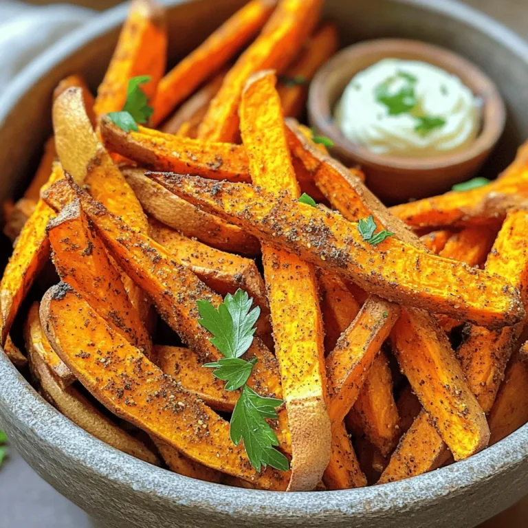 - 2 large sweet potatoes - 2 tablespoons olive oil - 1 teaspoon garlic powder - 1 teaspoon smoked paprika - ½ teaspoon cayenne pepper - Salt to taste - Freshly cracked black pepper to taste - Fresh parsley, chopped (for garnish) To make crispy air fryer sweet potato fries, you need fresh ingredients. Start with two large sweet potatoes. Their natural sweetness is key to great flavor. You will also need two tablespoons of olive oil. This oil helps the fries crisp up nicely in the air fryer. Next, gather one teaspoon each of garlic powder and smoked paprika. These spices add a warm, savory flavor. For some heat, use half a teaspoon of cayenne pepper. You can adjust this based on your taste. Don’t forget salt and freshly cracked black pepper. They enhance the overall taste. Finally, chop some fresh parsley for garnish. This adds a pop of color and freshness. With these ingredients, you're ready to create a tasty snack that is crispy and full of flavor! - Peeling and Cutting Start by peeling the sweet potatoes with a vegetable peeler. Cut them into sticks about 1/4-inch thick. This size helps them cook evenly. - Soaking in Cold Water Place the sweet potato sticks in a large bowl and cover them with cold water. Soak them for at least 30 minutes. This step removes extra starch and helps the fries turn crispy. - Tossing with Olive Oil and Spices After soaking, drain the sweet potatoes. Pat them dry well using a clean kitchen towel. In the same bowl, add 2 tablespoons of olive oil, 1 teaspoon of garlic powder, 1 teaspoon of smoked paprika, ½ teaspoon of cayenne pepper, salt, and black pepper. Toss until all the fries are evenly coated. - Ensuring Even Coating Make sure every fry gets a good layer of oil and spice. This coating is key to getting that delicious flavor and crunch. - Preheating the Air Fryer Preheat your air fryer to 380°F (190°C). This step ensures the fries cook properly and get crispy. - Cooking Instructions Place a batch of sweet potato fries in the air fryer basket. Spread them out in a single layer. Avoid overcrowding to let hot air circulate. Cook for 15-20 minutes. Shake the basket halfway through for even cooking. - Final Touches and Serving When they are golden brown and crispy, transfer the fries to a serving plate. Garnish with freshly chopped parsley for a nice touch. Enjoy your crispy treat! Soaking the sweet potatoes is key for crispiness. It removes excess starch. I soak mine for at least 30 minutes. This simple step can make a big difference. After soaking, drain and dry the fries well. This helps them crisp in the air fryer. Adjusting cooking time also matters. For softer fries, cook for 15 minutes. For extra crisp, go for 20 minutes. Remember to shake the basket halfway. This helps them cook evenly, adding to that perfect crunch. You can get creative with spices for flavor. I love using garlic powder and smoked paprika. They give a great taste and aroma. Want some heat? Add cayenne pepper. You can adjust it based on your spice level. For dipping sauces, consider homemade aioli. It's creamy and pairs well with sweet potato fries. Ketchup is classic too! You might also enjoy ranch or spicy mayo. The right dip can elevate your snack. For presentation, serve hot fries in a lovely bowl. You can sprinkle fresh parsley on top. This adds a pop of color and freshness. Arrange the fries in a fun way to impress guests. Pair the fries with burgers or sandwiches. They also go well with salads for a light meal. You can even enjoy them as a snack on their own. The options are endless! {{image_2}} You can enjoy sweet potato fries in different ways. Here are two popular methods: - Oven-Baked Sweet Potato Fries: To make these, preheat your oven to 425°F (220°C). Cut sweet potatoes into sticks and soak them like in the air fryer method. Toss them with olive oil and spices. Spread them on a baking sheet in a single layer. Bake for 25-30 minutes, flipping halfway. This method is simple but takes longer. - Deep-Fried Sweet Potato Fries: For deep-frying, heat oil in a pot to 350°F (175°C). Cut the sweet potatoes into sticks, soak, and dry them. Carefully add fries to the hot oil in batches. Fry for about 5-7 minutes until golden brown. This method gives you crispy fries but adds more oil. You can change the taste of your fries in fun ways: - Sweet vs. Savory Seasonings: For a sweet twist, toss fries with cinnamon and a bit of sugar. For savory, stick to garlic powder and smoked paprika. You can also add chili powder for a spicy kick. Experiment to find your favorite blend! - Adding Cheese or Herbs: For cheesy fries, sprinkle grated Parmesan or cheddar cheese on top after cooking. Fresh herbs like rosemary or thyme can add a lovely aroma and taste. Mix and match to create unique flavors. You can make sweet potato fries fit different diets: - Vegan Options: The base recipe is already vegan since it uses no animal products. To make them healthier, use less oil or try a spray bottle for even coating. - Gluten-Free Considerations: Sweet potatoes are naturally gluten-free. Just ensure any seasonings or dips you use are gluten-free too. This makes them a great snack for those with dietary restrictions. To keep your sweet potato fries fresh, use an airtight container. Glass or plastic containers work great. Store them in the fridge for up to three days. They taste best when eaten fresh, but you can still enjoy them later. When reheating, the air fryer is your best friend. Set it to 350°F (175°C). Heat the fries for about 5 minutes. This method keeps them crispy. You can also use a toaster oven if you don’t have an air fryer. You can freeze sweet potato fries before or after cooking them. If you freeze them raw, cut and soak them first. Lay them flat on a baking sheet to freeze. Once frozen, store them in a freezer bag. To use, just cook them straight from the freezer. If you freeze them cooked, let them cool first. Thaw them in the fridge overnight before reheating. Soak sweet potatoes for at least 30 minutes. Soaking helps remove starch. This step leads to crispier fries. You can soak them longer if you want. Just remember to rinse and dry them well before cooking. Yes, you can use other potatoes. Russets and Yukon Golds work well too. They might have a different taste and texture. Adjust cooking time as needed. Some potatoes may need a bit more time to get crispy. Sweet potato fries pair well with many dips. Try ketchup, aioli, or ranch dressing. You can also use spicy mayo or a yogurt dip. Each adds a unique flavor to your fries. Get creative and find your favorite combo! Fries may not be crispy for a few reasons. If they are too crowded, they won’t cook evenly. Make sure to soak and dry them well. Also, a sprinkle of cornstarch helps crisp them up. Adjust cooking time if needed for desired crunch. Yes, you can reheat fries in the air fryer. Set it to 350°F (175°C). Heat for about 5-10 minutes. This method keeps them crispy and delicious. Avoid using the microwave as it makes them soggy. Enjoy your tasty snack again! In this post, we explored how to make delicious air fryer sweet potato fries. We covered the key ingredients, from sweet potatoes to spices, as well as step-by-step instructions for preparation. You also learned tips for making them crispy and ways to enjoy different flavors. Finally, we discussed storing leftovers and answers to common questions. Sweet potato fries are tasty and fun to make. Try different methods and flavors for variety. Enjoy your cooking!