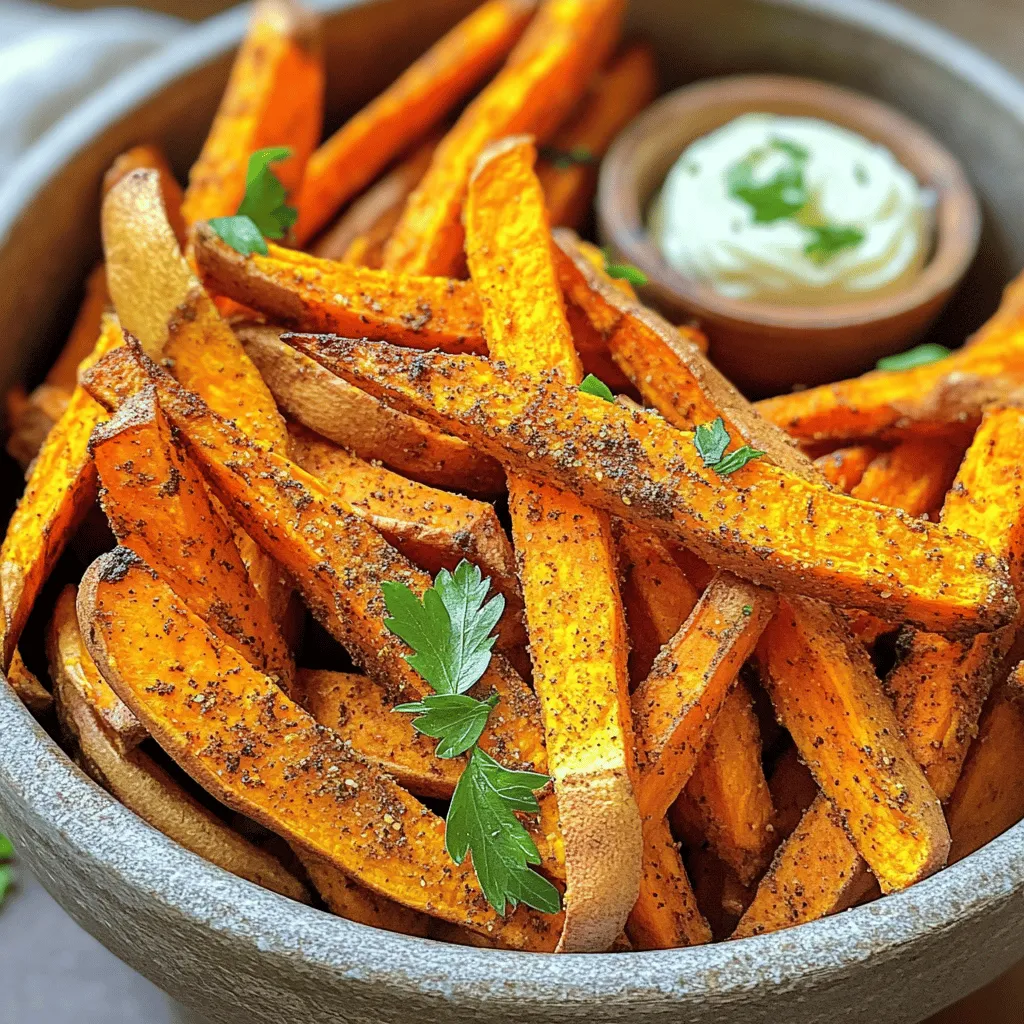 - 2 large sweet potatoes - 2 tablespoons olive oil - 1 teaspoon garlic powder - 1 teaspoon smoked paprika - ½ teaspoon cayenne pepper - Salt to taste - Freshly cracked black pepper to taste - Fresh parsley, chopped (for garnish) To make crispy air fryer sweet potato fries, you need fresh ingredients. Start with two large sweet potatoes. Their natural sweetness is key to great flavor. You will also need two tablespoons of olive oil. This oil helps the fries crisp up nicely in the air fryer. Next, gather one teaspoon each of garlic powder and smoked paprika. These spices add a warm, savory flavor. For some heat, use half a teaspoon of cayenne pepper. You can adjust this based on your taste. Don’t forget salt and freshly cracked black pepper. They enhance the overall taste. Finally, chop some fresh parsley for garnish. This adds a pop of color and freshness. With these ingredients, you're ready to create a tasty snack that is crispy and full of flavor! - Peeling and Cutting Start by peeling the sweet potatoes with a vegetable peeler. Cut them into sticks about 1/4-inch thick. This size helps them cook evenly. - Soaking in Cold Water Place the sweet potato sticks in a large bowl and cover them with cold water. Soak them for at least 30 minutes. This step removes extra starch and helps the fries turn crispy. - Tossing with Olive Oil and Spices After soaking, drain the sweet potatoes. Pat them dry well using a clean kitchen towel. In the same bowl, add 2 tablespoons of olive oil, 1 teaspoon of garlic powder, 1 teaspoon of smoked paprika, ½ teaspoon of cayenne pepper, salt, and black pepper. Toss until all the fries are evenly coated. - Ensuring Even Coating Make sure every fry gets a good layer of oil and spice. This coating is key to getting that delicious flavor and crunch. - Preheating the Air Fryer Preheat your air fryer to 380°F (190°C). This step ensures the fries cook properly and get crispy. - Cooking Instructions Place a batch of sweet potato fries in the air fryer basket. Spread them out in a single layer. Avoid overcrowding to let hot air circulate. Cook for 15-20 minutes. Shake the basket halfway through for even cooking. - Final Touches and Serving When they are golden brown and crispy, transfer the fries to a serving plate. Garnish with freshly chopped parsley for a nice touch. Enjoy your crispy treat! Soaking the sweet potatoes is key for crispiness. It removes excess starch. I soak mine for at least 30 minutes. This simple step can make a big difference. After soaking, drain and dry the fries well. This helps them crisp in the air fryer. Adjusting cooking time also matters. For softer fries, cook for 15 minutes. For extra crisp, go for 20 minutes. Remember to shake the basket halfway. This helps them cook evenly, adding to that perfect crunch. You can get creative with spices for flavor. I love using garlic powder and smoked paprika. They give a great taste and aroma. Want some heat? Add cayenne pepper. You can adjust it based on your spice level. For dipping sauces, consider homemade aioli. It's creamy and pairs well with sweet potato fries. Ketchup is classic too! You might also enjoy ranch or spicy mayo. The right dip can elevate your snack. For presentation, serve hot fries in a lovely bowl. You can sprinkle fresh parsley on top. This adds a pop of color and freshness. Arrange the fries in a fun way to impress guests. Pair the fries with burgers or sandwiches. They also go well with salads for a light meal. You can even enjoy them as a snack on their own. The options are endless! {{image_2}} You can enjoy sweet potato fries in different ways. Here are two popular methods: - Oven-Baked Sweet Potato Fries: To make these, preheat your oven to 425°F (220°C). Cut sweet potatoes into sticks and soak them like in the air fryer method. Toss them with olive oil and spices. Spread them on a baking sheet in a single layer. Bake for 25-30 minutes, flipping halfway. This method is simple but takes longer. - Deep-Fried Sweet Potato Fries: For deep-frying, heat oil in a pot to 350°F (175°C). Cut the sweet potatoes into sticks, soak, and dry them. Carefully add fries to the hot oil in batches. Fry for about 5-7 minutes until golden brown. This method gives you crispy fries but adds more oil. You can change the taste of your fries in fun ways: - Sweet vs. Savory Seasonings: For a sweet twist, toss fries with cinnamon and a bit of sugar. For savory, stick to garlic powder and smoked paprika. You can also add chili powder for a spicy kick. Experiment to find your favorite blend! - Adding Cheese or Herbs: For cheesy fries, sprinkle grated Parmesan or cheddar cheese on top after cooking. Fresh herbs like rosemary or thyme can add a lovely aroma and taste. Mix and match to create unique flavors. You can make sweet potato fries fit different diets: - Vegan Options: The base recipe is already vegan since it uses no animal products. To make them healthier, use less oil or try a spray bottle for even coating. - Gluten-Free Considerations: Sweet potatoes are naturally gluten-free. Just ensure any seasonings or dips you use are gluten-free too. This makes them a great snack for those with dietary restrictions. To keep your sweet potato fries fresh, use an airtight container. Glass or plastic containers work great. Store them in the fridge for up to three days. They taste best when eaten fresh, but you can still enjoy them later. When reheating, the air fryer is your best friend. Set it to 350°F (175°C). Heat the fries for about 5 minutes. This method keeps them crispy. You can also use a toaster oven if you don’t have an air fryer. You can freeze sweet potato fries before or after cooking them. If you freeze them raw, cut and soak them first. Lay them flat on a baking sheet to freeze. Once frozen, store them in a freezer bag. To use, just cook them straight from the freezer. If you freeze them cooked, let them cool first. Thaw them in the fridge overnight before reheating. Soak sweet potatoes for at least 30 minutes. Soaking helps remove starch. This step leads to crispier fries. You can soak them longer if you want. Just remember to rinse and dry them well before cooking. Yes, you can use other potatoes. Russets and Yukon Golds work well too. They might have a different taste and texture. Adjust cooking time as needed. Some potatoes may need a bit more time to get crispy. Sweet potato fries pair well with many dips. Try ketchup, aioli, or ranch dressing. You can also use spicy mayo or a yogurt dip. Each adds a unique flavor to your fries. Get creative and find your favorite combo! Fries may not be crispy for a few reasons. If they are too crowded, they won’t cook evenly. Make sure to soak and dry them well. Also, a sprinkle of cornstarch helps crisp them up. Adjust cooking time if needed for desired crunch. Yes, you can reheat fries in the air fryer. Set it to 350°F (175°C). Heat for about 5-10 minutes. This method keeps them crispy and delicious. Avoid using the microwave as it makes them soggy. Enjoy your tasty snack again! In this post, we explored how to make delicious air fryer sweet potato fries. We covered the key ingredients, from sweet potatoes to spices, as well as step-by-step instructions for preparation. You also learned tips for making them crispy and ways to enjoy different flavors. Finally, we discussed storing leftovers and answers to common questions. Sweet potato fries are tasty and fun to make. Try different methods and flavors for variety. Enjoy your cooking!