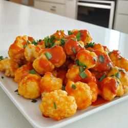 - 1 large head of cauliflower, cut into bite-sized florets - 1 cup all-purpose flour - 1 cup unsweetened almond milk (or milk of choice) - 1 teaspoon garlic powder - 1 teaspoon onion powder - 1 teaspoon smoked paprika - ½ teaspoon salt - ½ teaspoon black pepper - 1 cup buffalo sauce (store-bought or homemade) - 1 tablespoon olive oil - Fresh parsley, chopped (for garnish) - Extra spices like cayenne for heat - Vegan cheese for added flavor - Green onions for a fresh crunch - Large mixing bowl - Whisk for batter mixing - Air fryer for cooking - Spray bottle with oil for easy coating - Serving platter for presentation To start, grab a large bowl. In this bowl, whisk together the following ingredients: - 1 cup all-purpose flour - 1 cup unsweetened almond milk (or milk of choice) - 1 teaspoon garlic powder - 1 teaspoon onion powder - 1 teaspoon smoked paprika - ½ teaspoon salt - ½ teaspoon black pepper Mix them until you have a smooth batter. Make sure there are no lumps. This batter will coat the cauliflower and give it a crispy texture. Set this bowl aside for now. Next, cut 1 large head of cauliflower into bite-sized florets. Dip each floret into the batter. Ensure each piece is fully coated. Shake off any extra batter. Now it's time to preheat your air fryer to 400°F (200°C). Lightly spray the air fryer basket with olive oil to prevent sticking. Place the battered cauliflower florets in a single layer in the basket. If your air fryer is small, you may need to cook in batches. Cook the cauliflower for 12-15 minutes. Remember to shake the basket halfway through. This helps the cauliflower cook evenly. When done, the florets should look crispy and golden. In a separate bowl, mix the air-fried cauliflower with 1 cup of buffalo sauce. Toss until all the pieces are evenly coated. Return the coated cauliflower to the air fryer. Cook it again for 3-5 minutes. This step helps the sauce set and caramelize a bit. When finished, take out the cauliflower and place it on a serving platter. For a finishing touch, drizzle a little olive oil over the top and sprinkle with chopped parsley. This adds a nice freshness to your dish. Enjoy your crispy buffalo cauliflower! To make your cauliflower crispy, follow a few simple steps. First, ensure you coat each floret in batter. A good coating helps trap air, leading to that perfect crunch. Next, avoid overcrowding the air fryer basket. Give each piece space to cook evenly. Shake the basket halfway through cooking to allow for even crisping. Lastly, a light spray of oil before cooking boosts the crispiness and flavor. Feel free to get creative with flavors! You can use different spices in the batter for a unique twist. Try adding cayenne pepper for heat or smoked paprika for a deeper flavor. You can also experiment with different sauces. BBQ sauce, ranch, or even teriyaki can give your cauliflower a fresh taste. Mix up the garnishes too! Chopped scallions or crumbled feta can add extra flavor and color. Pair your buffalo cauliflower with tasty dipping sauces. Classic choices include ranch or blue cheese dressing. Both add a creamy contrast to the spicy cauliflower. If you want something lighter, try a yogurt-based dip with herbs. A simple garlic aioli also works well. You can even make a spicy dip by mixing mayo with sriracha for an extra kick. The right sauce can elevate your dish to new heights! {{image_2}} This Buffalo cauliflower recipe serves four. Each serving has about 150 calories. Most calories come from the flour and buffalo sauce. The cauliflower adds volume with fewer calories. - Fiber: Cauliflower is high in fiber. This helps with digestion. - Vitamin C: A serving gives a good amount of vitamin C. This boosts your immune system. - Folate: Cauliflower is rich in folate. It supports cell health and function. - Potassium: This helps regulate blood pressure. Cauliflower can support heart health. Cauliflower is a great vegetable. It is low in calories and high in nutrients. Eating cauliflower may help with weight loss. It is also rich in antioxidants. These can help reduce the risk of diseases. The fiber in cauliflower aids digestion and keeps you full. Plus, it is versatile. You can use it in many dishes. Enjoying this dish gives you a tasty way to add healthy veggies to your meal. Buffalo cauliflower is tasty on its own, but it shines with side dishes. Here are some great options: - Celery sticks: They add a nice crunch and coolness. - Carrot sticks: Sweet and crunchy, they balance the heat. - Creamy coleslaw: This adds creamy texture and freshness. - Quinoa salad: A light salad brings a healthy grain option. - Garlic bread: Perfect for soaking up extra sauce. How you serve your buffalo cauliflower makes a big difference. Here are some fun ideas: - Garnish: Sprinkle fresh parsley on top for color. - Platter Style: Arrange florets on a large platter. - Dipping Bowls: Add small bowls of ranch or blue cheese dressing. - Layering: Stack cauliflower in a tower for a fun look. - Colorful Plates: Use bright plates to make the dish pop. The right drink can enhance your meal. Here are some great pairings: - Light beer: Its crispness cools the spice. - Sparkling water: A refreshing choice that cleans your palate. - Iced tea: Sweet or unsweetened, it complements the flavors well. - White wine: A crisp Sauvignon Blanc pairs nicely. - Lemonade: Its sweetness balances the spicy heat. Yes, you can use any sauce you like. For a twist, try BBQ sauce or teriyaki sauce. Both give a sweet and tangy flavor. You can also use a spicy sriracha or chipotle sauce for heat. Just mix your choice of sauce with the air-fried cauliflower as you would with buffalo sauce. To store leftovers, let the cauliflower cool completely. Place it in an airtight container. You can keep it in the fridge for up to three days. If you want to reheat it, use the air fryer again for best results. This will help regain its crispy texture. Yes, this recipe can easily be made vegan. Use almond milk or any plant-based milk in the batter. Ensure that the buffalo sauce is also vegan-friendly. Many brands offer vegan options, so just check the label. This way, you can enjoy a tasty dish that fits your diet! This blog post covered making delicious buffalo cauliflower. We looked at the key ingredients and equipment you need. Then, I shared easy steps for preparing and air frying the cauliflower. Tips helped you get that perfect crisp, and I offered flavor variations. We discussed nutritional information and healthy benefits, as well as serving ideas and answers to common questions. In the end, buffalo cauliflower is tasty and fun to make. You can enjoy it as a snack or a side. Dive in, experiment, and have fun in the kitchen!