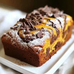 - 1 cup all-purpose flour - 1 teaspoon baking powder - 1/2 teaspoon baking soda - 1/4 teaspoon salt - 1 teaspoon ground cinnamon - 1/2 teaspoon ground nutmeg - 1/2 cup unsalted butter, softened - 1 cup granulated sugar - 2 large eggs - 1/2 cup pure pumpkin puree - 1 teaspoon vanilla extract - 1/2 cup unsweetened cocoa powder - 1/4 cup milk - 1/4 cup chocolate chips (optional) The ingredients for pumpkin chocolate swirl pound cake are simple yet essential. Each one plays a key role in the cake's taste and texture. Start with 1 cup of all-purpose flour. This gives the cake its structure. Next, we add 1 teaspoon of baking powder and 1/2 teaspoon of baking soda. These help the cake rise and become fluffy. A pinch of salt, 1/4 teaspoon, enhances all the flavors. For warmth, we mix in spices. Use 1 teaspoon of ground cinnamon and 1/2 teaspoon of ground nutmeg. These add a lovely fall aroma. The base of the cake needs 1/2 cup of softened unsalted butter. It makes the cake rich and moist. To sweeten it, we use 1 cup of granulated sugar. This balances the spices. Next, we need 2 large eggs. They bind the ingredients and add moisture. For the star of the show, add 1/2 cup of pure pumpkin puree. It gives the cake a beautiful color and flavor. Don’t forget 1 teaspoon of vanilla extract for extra depth. Now, let’s create the chocolate swirl! You will need 1/2 cup of unsweetened cocoa powder. Combine it with 1/4 cup of milk to make a smooth chocolate batter. If you want a little extra sweetness, add 1/4 cup of chocolate chips on top. These ingredients blend to create a delightful cake that combines the best of fall flavors and chocolatey goodness. - Preheat your oven to 350°F (175°C). - Grease and flour a 9x5-inch loaf pan. - In a medium bowl, whisk together: - 1 cup all-purpose flour - 1 teaspoon baking powder - 1/2 teaspoon baking soda - 1/4 teaspoon salt - 1 teaspoon ground cinnamon - 1/2 teaspoon ground nutmeg - Set this mixture aside. - In a large bowl, beat: - 1/2 cup unsalted butter, softened - 1 cup granulated sugar until the mix is light and fluffy. - Add: - 2 large eggs, one at a time. - Mix well after each egg. - Next, add: - 1/2 cup pure pumpkin puree - 1 teaspoon vanilla extract - Stir until smooth. - Gradually add the dry mix to the pumpkin mixture. - Mix until just combined. - In another bowl, combine: - 1/2 cup unsweetened cocoa powder - 1/4 cup milk - Mix until smooth to create the chocolate batter. - Pour half of the pumpkin batter into the prepared loaf pan. - Top it with half of the chocolate batter. - Use a knife or skewer to swirl the two batters together. - Repeat with the remaining batters, swirling to create a nice pattern. - If you want, sprinkle: - 1/4 cup chocolate chips on top. - Bake in the oven for 50-60 minutes. - A toothpick inserted in the center should come out clean. - Let the cake cool in the pan for about 10 minutes. - Then, transfer it to a wire rack to cool completely. - Ensuring Even Baking: Place your loaf pan in the center of the oven. This helps the heat flow evenly around the cake. Also, avoid opening the oven door too much. Each time you do, you let out warm air. - Checking for Doneness: To check if your cake is done, insert a toothpick into the center. If it comes out clean, your cake is ready. If it has batter on it, bake for a few more minutes. - Adjusting Spices for Personal Taste: You can change the spice amounts to suit your taste. If you love cinnamon, add a bit more. Want a little heat? Try adding a dash of ground ginger. - Using Different Chocolate Options: You can use dark chocolate or milk chocolate instead of unsweetened cocoa. This will change the cake's flavor profile. For a twist, try adding a splash of espresso powder. - Serving Suggestions: Slice the pound cake and place it on a pretty platter. You can serve it with whipped cream or a scoop of vanilla ice cream for a treat. - Garnishing Options: Dust the top with powdered sugar for a sweet finish. You can also add a sprinkle of cinnamon or some chocolate shavings to make it look fancy. {{image_2}} Gluten-Free Alternatives You can make this cake gluten-free! Substitute the all-purpose flour with a gluten-free blend. Make sure the blend contains xanthan gum. This helps bind the ingredients together, mimicking regular flour. Dairy-Free Options To go dairy-free, swap the unsalted butter for coconut oil or a dairy-free butter substitute. Use almond milk or oat milk in place of regular milk. These swaps keep the cake moist and tasty. Nuts and Seeds Want to add some crunch? Try mixing in nuts like walnuts or pecans. You can also add pumpkin seeds for a fun texture. Just fold them into the batter before baking. Flavor Infusions For extra flavor, consider adding a splash of maple syrup or almond extract. You can even mix in some orange zest for a fresh twist. These additions enhance the cake's flavor profile. Adding Holiday Spices During the holidays, you might want a festive touch. Add spices like ginger or cloves to the batter. This adds warmth and makes the cake perfect for special occasions. Adapting for Different Celebrations For different celebrations, change the toppings. Use a cream cheese frosting for birthdays or a glaze for a more elegant look. Seasonal decorations like candied cranberries can also brighten the cake. To keep your pumpkin chocolate swirl pound cake fresh, wrap it well. Use plastic wrap or aluminum foil. This helps keep moisture in and air out. You can also store it in an airtight container. This way, the cake stays soft and tasty. Refrigeration vs. Freezing - Refrigeration: If you plan to eat the cake in a few days, the fridge works well. Just wrap it tightly. It can last about a week in the fridge. - Freezing: For longer storage, freeze the cake. Wrap it in two layers of plastic wrap and then in foil. It can last up to three months in the freezer. When you want to enjoy it, let it thaw in the fridge overnight. How Long Does it Last? The pumpkin chocolate swirl pound cake lasts up to a week at room temperature. In the fridge, it can last around a week. If frozen, it can stay good for three months. Signs of Spoilage Check for mold or an off smell. If the cake feels dry or hard, it may be past its best time. Always give it a look and a sniff before taking a bite. This ensures you enjoy the best flavors and textures. Can I use fresh pumpkin instead of puree? Yes, you can use fresh pumpkin. First, cook the pumpkin until soft, then mash it. Make sure to drain any extra water to avoid a soggy cake. For best results, aim for the same amount as the puree. How do I know when the cake is done baking? Check the cake with a toothpick. Insert it in the center of the cake. If it comes out clean, the cake is done. If it has wet batter, bake it a bit longer. Can I substitute other types of flour? Yes, you can try whole wheat flour for more fiber. Almond flour is another option, but it may change the texture. Adjust the liquid if you use a non-wheat flour. Why is my cake dense? A dense cake might come from too much flour. Make sure to measure it correctly. Also, avoid overmixing the batter, as it can create a tough texture. How can I fix a dry pound cake? You can add moisture by using a simple syrup. Mix equal parts sugar and water, heat until dissolved, then brush it on the cake. Adding whipped cream or yogurt can also help. What are the best ways to serve Pumpkin Chocolate Swirl Pound Cake? Slice the cake and serve it on a pretty plate. Dust it with powdered sugar for a nice touch. Pair it with whipped cream or ice cream for extra flavor. Can it be served warm or cold? You can serve it warm or cold. Warm cake offers a comforting feel, while cold cake has a firmer texture. Choose what you enjoy most! This blog post covered how to make a Pumpkin Chocolate Swirl Pound Cake. We looked at the key ingredients and step-by-step instructions. I shared helpful baking tips and ideas to customize your cake. You can store leftovers properly to keep them fresh. Try these ideas for different flavors and festive touches. Enjoy baking and sharing this tasty treat with others. Your efforts will surely delight friends and family!