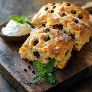To make bakery-style chocolate chip scones, gather these key ingredients: - 2 cups all-purpose flour - 1/4 cup granulated sugar - 1 tablespoon baking powder - 1/2 teaspoon salt - 1/2 cup unsalted butter, chilled and cubed - 3/4 cup heavy cream - 1 teaspoon vanilla extract - 1/2 cup semi-sweet chocolate chips - 1 egg (for egg wash) - Turbinado sugar for sprinkling These ingredients work together to create a soft and fluffy texture. The cold butter keeps the scones tender while the baking powder helps them rise. You can add your twist to these scones with optional ingredients: - Nuts, like walnuts or pecans - Dried fruits, such as cranberries or apricots - Citrus zest for a fresh flavor - Different types of chocolate, like dark or white chocolate Each addition can change the flavor and texture. Feel free to mix and match based on what you like! If you need substitutes, here are some alternatives: - For all-purpose flour, try a gluten-free blend. - Swap heavy cream with whole milk or a non-dairy milk. - Use coconut oil instead of unsalted butter for a dairy-free option. These alternatives can help you adapt the recipe to your dietary needs without losing the scone's charm. Start by preheating your oven to 400°F (200°C). This step is key for fluffy scones. While the oven heats, line a baking sheet with parchment paper. This prevents sticking and makes cleanup easy. In a large bowl, add 2 cups of all-purpose flour, 1/4 cup of granulated sugar, 1 tablespoon of baking powder, and 1/2 teaspoon of salt. Whisk these together until they blend well. Next, add in 1/2 cup of chilled, cubed unsalted butter. Use your fingers or a pastry cutter to work the butter into the flour. Stop when the mixture looks like coarse crumbs. This keeps the scones light. In a different bowl, mix 3/4 cup of heavy cream with 1 teaspoon of vanilla extract. Gradually pour this cream mixture into the dry ingredients. Stir gently until the dough comes together. Be careful not to overmix! Finally, fold in 1/2 cup of semi-sweet chocolate chips. This adds rich flavor and sweetness. Turn the dough onto a lightly floured surface. Shape it into a round disc about 1 inch thick. Use a knife to cut the disc into wedges or a round cutter for individual scones. This step is fun and gives each scone its shape! Place the shaped scones on your lined baking sheet. Whisk 1 egg and brush it on top of the scones for a shiny finish. Sprinkle turbinado sugar on top for extra crunch. Bake for 15-20 minutes until they turn golden brown. Let them cool for a few minutes on the sheet, then move them to a wire rack to finish cooling. Enjoy the aroma as they bake! To get soft and fluffy scones, follow these simple tips. First, use cold butter. It helps create flaky layers. Cut the butter into small cubes before mixing it with the dry ingredients. This step is key. Next, mix gently. Overworking the dough makes scones tough. When you add the cream, stir until just combined. Watch out for these common mistakes. One big mistake is using warm butter. It can ruin the texture. Another error is rolling the dough too thin. Aim for a thickness of about one inch. If you cut the scones unevenly, they may bake at different rates. Finally, avoid skipping the egg wash. It gives the scones a nice shine and crunch. For even baking, follow a few simple steps. First, preheat the oven properly. An oven that’s too cool will lead to soggy scones. Use parchment paper on your baking sheet. This prevents sticking and helps with even heat. Space the scones apart on the sheet, so air can flow around them. Lastly, rotate the baking sheet halfway through baking. This helps all scones bake evenly. {{image_2}} You can make scones even better by adding flavors. Try mixing in nuts like walnuts or pecans. They add a nice crunch. Dried fruits like cranberries or cherries also work well. They give a sweet bite. Just be sure to chop larger pieces into smaller bits. This way, they mix in evenly and don’t clump together. Want to make gluten-free scones? Swap all-purpose flour for gluten-free flour. Look for a blend that has xanthan gum in it. This helps mimic the texture of regular flour. You may need to add a bit more liquid. Check the dough's consistency. It should be soft but not sticky. This way, you can still enjoy fluffy scones without gluten. If you want a twist, try different types of chocolate chips. Dark chocolate or milk chocolate can change the flavor. You can even use white chocolate chips for a sweeter taste. If you want something fruity, use mini chocolate chips with orange zest. This adds a fresh and bright flavor. Feel free to mix and match to find your favorite combo! To keep your scones fresh, place them in an airtight container. This helps maintain their fluffy texture. You can also wrap them in plastic wrap before placing them in the container. Store them at room temperature for up to two days. If you want to keep them longer, refrigeration is an option, but it may change their texture. When you’re ready to enjoy your scones again, reheating is easy. Preheat your oven to 350°F (175°C). Place the scones on a baking sheet. Cover them loosely with foil to prevent over-browning. Heat for about 5 to 10 minutes, or until warm. This brings back the delightful taste and texture. You can also use a microwave if you’re in a hurry. Just heat them for 10 to 15 seconds, but they won’t be as crispy. If you want to store scones for a longer time, freezing is a great choice. First, let the scones cool completely. Then, wrap each scone in plastic wrap. Place the wrapped scones in a freezer bag or container. They can last up to three months in the freezer. To enjoy, just follow the reheating steps mentioned earlier. This way, you’ll have delicious scones ready whenever you want! To make scones flaky, keep your butter very cold. Use chilled butter and work it into the flour until it looks like crumbs. This method creates layers. Don't overwork the dough once you add the wet ingredients. Mix just until combined for the best texture. If you need a substitute for heavy cream, try using milk mixed with butter. Combine 1/4 cup of melted butter with 3/4 cup of milk. You can also use half-and-half, or even yogurt for a tangy twist. Each option changes the taste a little but still works well in scones. Bakery-style scones can stay fresh for about 2 days at room temperature. Store them in an airtight container to keep them soft. If you want to keep them longer, place them in the fridge for about a week. For the best taste, eat them within the first two days. Yes, you can make the dough ahead of time! Wrap it tightly in plastic wrap and store it in the fridge for up to 24 hours. This helps the flavors meld and makes for a nice, easy bake. Just remember to shape and cut the scones before baking. In this article, we explored the key ingredients and steps for making bakery-style scones. We covered how to customize flavors, avoid common mistakes, and even store leftovers. Remember, the right mix of ingredients and careful baking make all the difference. With practice, you will master the art of scone-making. Enjoy your scones fresh, and share them with friends! Happy baking!