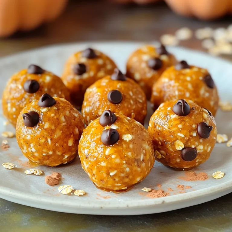 Let's dive into what you need for these tasty no-bake pumpkin spice energy balls. Keeping it simple makes it fun. Here’s the list of ingredients: - 1 cup rolled oats - 1/2 cup pumpkin puree - 1/4 cup almond butter (or peanut butter) - 1/4 cup honey or maple syrup - 1/2 teaspoon pumpkin spice (cinnamon, nutmeg, ginger, allspice) - 1/4 cup ground flaxseed - 1/4 cup mini chocolate chips (optional) - Pinch of salt Each ingredient plays a key role in flavor and texture. The rolled oats give a hearty base. Pumpkin puree adds moisture and a seasonal taste. Almond or peanut butter boosts protein and creaminess. Honey or maple syrup sweetens the mix naturally. Pumpkin spice brings warmth and comfort, while ground flaxseed adds fiber and healthy fats. If you like a bit of chocolate, the mini chocolate chips are a fun touch. Make sure to measure everything out before you start. This way, you can mix without any fuss. Each bite of these energy balls will pack in flavor and nutrition. Enjoy creating this easy snack! Mixing the Base Ingredients Start by taking a large mixing bowl. Add 1 cup of rolled oats, 1/2 cup of pumpkin puree, and 1/4 cup of almond butter (or peanut butter). Use a spatula or spoon to stir these ingredients well. You want a smooth mix that sticks together. Adding Flavor Elements Next, pour in 1/4 cup of honey or maple syrup. Then add 1/2 teaspoon of pumpkin spice, which gives that warm fall flavor. Mix in 1/4 cup of ground flaxseed and a pinch of salt. Keep stirring until everything is well combined. If you want some sweetness, fold in 1/4 cup of mini chocolate chips. Forming the Energy Balls Now comes the fun part! Use your hands to scoop out the mixture. Roll it into small balls, about 1 inch wide. Place the energy balls on a parchment-lined baking sheet. Make sure to leave some space in between each ball. Chilling the Mixture Once all your balls are formed, put the baking sheet in the fridge. Let them chill for at least 30 minutes. This helps them firm up, making them easy to grab as a snack later. After chilling, they are ready to enjoy! You can store any leftovers in an airtight container in the fridge for up to a week. - Using Different Nut Butters: You can swap almond butter for peanut butter or Cashew butter. Each nut butter adds a unique taste and texture. Experiment to find your favorite! - Adding Additional Mix-ins: Feel free to add chopped nuts or dried fruit. Walnuts or cranberries can enhance the flavor. Mix in your favorites for a personal touch! - Adjusting Sweetness Levels: If you prefer less sweetness, cut back on honey or maple syrup. You can also add a pinch of stevia or monk fruit for a low-calorie option. - Correct Storage Methods: Store your energy balls in an airtight container. This keeps them fresh and prevents them from drying out. - Recommended Storage Duration: These energy balls last up to a week in the fridge. They make for a quick and tasty snack anytime! - How to Freeze Energy Balls: To freeze, place them in a single layer on a baking sheet. Once frozen, transfer them to a freezer bag. They can last up to three months frozen! {{image_2}} You can change up the flavor of your energy balls to keep things fun! - Chocolate Pumpkin Spice Energy Balls: Add 1/4 cup of cocoa powder. This gives a rich chocolate taste. You can also mix in mini chocolate chips for extra sweetness. - Maple Pecan Pumpkin Spice Balls: Swap almond butter for pecan butter. Use maple syrup instead of honey. This makes a tasty, nutty flavor that pairs well with pumpkin. If you follow a specific diet, you can still enjoy these energy balls. - Vegan-Friendly Version: Use maple syrup in place of honey. This keeps the recipe vegan and just as sweet. - Gluten-Free Modifications: Make sure to use certified gluten-free oats. This way, everyone can enjoy your tasty snacks without worry. These variations and adaptations let you create your perfect snack! Caloric Breakdown Each energy ball contains about 80-100 calories. The total calories per batch can vary based on the specific ingredients you use. Here’s a rough breakdown: - Rolled oats contribute about 30-35 calories per ball. - Pumpkin puree adds around 10 calories. - Almond or peanut butter brings in 25-30 calories. - Honey or maple syrup adds about 15-20 calories. - Ground flaxseed adds a little more, around 5-10 calories. Health Benefits of Key Ingredients - Pumpkin Puree: Rich in vitamin A and fiber, it supports eye health and digestion. - Almond Butter: Packed with healthy fats, protein, and vitamin E, it promotes heart health. - Flaxseed: A great source of omega-3 fatty acids, it helps reduce inflammation. - Rolled Oats: Full of fiber, they aid in digestion and keep you full longer. - Honey or Maple Syrup: Natural sweeteners that provide quick energy and antioxidants. Suggested Serving Sizes Aim for 1-2 energy balls per serving. This amount offers a nice balance of nutrients and energy without overdoing it. You can adjust based on your activity level or hunger. Pairing Suggestions for Balanced Snacks - Pair these energy balls with Greek yogurt for added protein. - Enjoy with a piece of fruit for extra vitamins and hydration. - Pair with a handful of nuts for a boost in healthy fats. These combinations help create a well-rounded snack, keeping you satisfied and energized throughout the day. Can I use a different sweetener? Yes, you can. You can swap honey for maple syrup or agave nectar. Each sweetener gives a unique taste but keeps it sweet. Try brown sugar if you want something different. How long do these energy balls last? These energy balls last about one week in the fridge. Keep them in an airtight container to stay fresh. If you freeze them, they can last for up to three months. Just let them thaw before eating. Can I substitute the oats for another ingredient? Yes, you can. You might use quick oats, almond flour, or even ground nuts. Just remember that this may change the texture a bit. Stick with rolled oats for the best results. Are these energy balls suitable for kids? Absolutely! These energy balls are a fun and healthy snack for kids. They are easy to make and packed with nutrients. Just watch for any nut allergies when using almond or peanut butter. We’ve explored a simple and tasty recipe for no-bake energy balls. You learned the key ingredients, steps to prepare them, and ways to customize your snacks. Remember, you can switch up butters and add fun mix-ins. Whether you enjoy those pumpkin spice flavors or prefer chocolate, options abound. With proper storage, these energy balls stay fresh, making them perfect for your busy days. Try this recipe, and enjoy a nutritious treat that fits your taste!