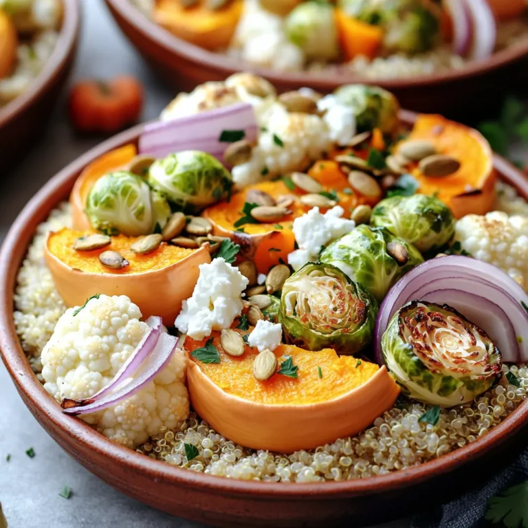 - 1 medium butternut squash, peeled and diced - 2 cups Brussels sprouts, halved - 1 red onion, cut into wedges - 2 medium carrots, sliced - 1 cup cauliflower florets These vegetables bring bright colors and rich flavors to your bowl. Butternut squash adds sweetness, while Brussels sprouts give a nice crunch. Red onion adds depth, and carrots and cauliflower round out the mix. - 3 tablespoons olive oil - 1 teaspoon dried thyme - 1 teaspoon paprika - Salt and pepper to taste The olive oil helps the veggies roast to perfection. Thyme and paprika add warmth and earthiness. Salt and pepper enhance the natural flavors, making each bite delicious. - ½ cup feta cheese, crumbled - ¼ cup pumpkin seeds, toasted - Fresh parsley, chopped for garnish Feta cheese adds creaminess, while pumpkin seeds give a nice crunch. Fresh parsley brightens the dish with its color and flavor. You can mix and match these toppings to suit your taste. 1. First, preheat your oven to 425°F (220°C). This step is key for crisp veggies. 2. In a large mixing bowl, combine: - 1 medium butternut squash, peeled and diced - 2 cups Brussels sprouts, halved - 1 red onion, cut into wedges - 2 medium carrots, sliced - 1 cup cauliflower florets 3. Drizzle 3 tablespoons of olive oil over the veggies. Add 1 teaspoon of dried thyme, 1 teaspoon of paprika, and salt and pepper to taste. 4. Toss everything together until each piece is coated. This makes the flavors pop. 1. Spread the seasoned veggies on a large baking sheet. Make sure they are in a single layer. 2. Roast the veggies in your preheated oven for about 25-30 minutes. Stir the veggies halfway through. This helps them cook evenly. Look for a tender and golden brown finish. 1. While the veggies roast, cook 1 cup of quinoa or farro. Follow the package instructions for best results. 2. Once the grains are ready, they will add a nice base for your veggie bowl. To ensure even cooking, spread your veggies in a single layer. If they touch, they steam instead of roast. This can lead to soggy veggies. Stir them halfway through cooking. This helps them brown all over. Use a large baking sheet for more space. For added flavor, consider using spices like garlic powder or cumin. These spices can elevate your dish. You can also mix in a splash of balsamic vinegar for a tangy kick. When serving, try a drizzle of tahini or a squeeze of lemon juice. These dressings can brighten the taste. Make your bowls look great with artistic plating. Use colorful bowls to add visual appeal. Place grains at the bottom, then artfully arrange the veggies on top. Finish with a sprinkle of feta and pumpkin seeds for crunch. This added texture makes your meal even more enjoyable. {{image_2}} You can switch up the veggies in this dish. Seasonal substitutes add fresh flavor. Consider using sweet potatoes or parsnips. Both provide a sweet taste and creamy texture. You can also try beets or turnips for a colorful twist. Root vegetables work well too. They roast nicely and add depth. Carrots are great, but you can also use rutabaga or celery root. They bring a unique flavor and heartiness to your meal. Adding protein makes the meal heartier. Chickpeas or beans are great choices. They add fiber and help keep you full. Simply toss them in with the veggies before roasting. If you want more protein, try adding cooked chicken or tofu. Both options blend well with roasted veggies. They also soak up the great flavors from the spices. For vegan options, skip the feta cheese. Instead, add extra pumpkin seeds for crunch. They provide healthy fats and nutrients. If you need gluten-free adjustments, use quinoa or rice. Both grains work well with the roasted veggies. They make a satisfying base for your bowl. To store your leftover veggie bowls, use an airtight container. This helps keep the flavors fresh. Place the bowls in the fridge within two hours of cooking. They stay fresh for up to three days. After that, the veggies may lose their taste and texture. You can reheat your bowls in the microwave or oven. For the microwave, place the bowl inside and heat for about one to two minutes. Stir halfway through for even heating. If you prefer the oven, set it to 350°F (175°C). Place the bowl on a baking sheet and heat for about 10 minutes. This keeps the veggies crisp and tasty. If you want to store your veggie bowls for longer, freezing is a great option. Make sure the bowls are fully cool before freezing. Use freezer-safe containers or bags. They can last up to three months in the freezer. To thaw, place them in the fridge overnight. You can also microwave them directly from the freezer, but this may change the texture slightly. Yes, you can make this recipe in advance. Roast the veggies and grains early in the day. Store them in separate containers in the fridge. When it’s time to eat, reheat them in the oven or microwave. This keeps the veggies crisp and tasty. You can use many other grains. Brown rice or barley works well too. Bulgur and couscous are great options too. Each grain adds a different flavor and texture to your meal. To spice up your dish, add red pepper flakes. You can also try some cayenne pepper. A splash of hot sauce or sriracha can boost the heat. Go easy at first, then taste and adjust to your liking. Yes, this recipe is perfect for meal prep. It fills you up and keeps well. You can portion it out for the week. Just pack the grains and veggies in individual containers. Add toppings like cheese or seeds just before eating. You can use frozen vegetables, but they may not roast as well. Fresh veggies give the best flavor and texture. If using frozen, thaw them first and pat them dry. This helps avoid sogginess when roasting. We explored a vibrant roasted vegetable dish using butternut squash, Brussels sprouts, and more. By mixing these with olive oil, thyme, and paprika, you create a tasty base. Optional toppings like feta and pumpkin seeds can enhance flavor and texture. Overall, making this dish is simple and fun. Remember to experiment with different vegetables or grains for variety. Enjoy your cooking and taste the joy of these colorful meals!
