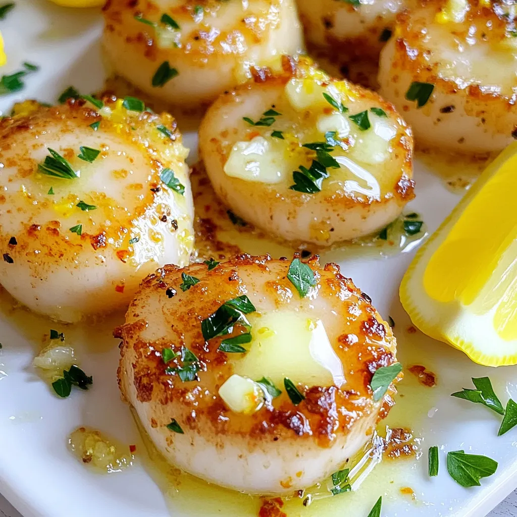 - 1 pound sea scallops, cleaned and patted dry - 4 tablespoons unsalted butter - 4 cloves garlic, minced - 1 teaspoon fresh lemon juice - 1 tablespoon fresh parsley, chopped - Salt and pepper to taste - Lemon wedges, for serving When making Minute Garlic Butter Scallops, you need just a few key ingredients. First, you want fresh sea scallops. They should be cleaned and dry. This helps them sear well. Next, you need unsalted butter. Butter gives the scallops a rich taste. Garlic adds a nice punch of flavor. Minced garlic cooks fast, so it’s perfect for this dish. For seasoning, fresh lemon juice brightens the scallops. Chopped parsley adds color and freshness. Don’t forget salt and pepper. They enhance the taste of the scallops. Lastly, lemon wedges are great for serving. They add a zesty touch that pairs well. The beauty of this dish lies in its simplicity. Each ingredient plays a role in enhancing flavor. Fresh ingredients make all the difference in this quick meal. You can enjoy gourmet flavors in just minutes. Use quality ingredients for the best results. First, season the cleaned scallops with salt and pepper. This step adds great flavor. Use just enough to coat both sides. Next, ensure the scallops are clean and dry. Pat them with paper towels. Dry scallops will sear better and create a nice crust. In a large skillet, melt 2 tablespoons of butter over medium-high heat. Wait until the butter starts to foam. This means it is hot enough. Then, add the scallops to the skillet. Make sure not to overcrowd the pan. Sear the scallops for about 2 minutes. They should turn golden brown on one side. Flip the scallops over and cook for another 1-2 minutes. The center should be opaque, and the outside seared. Now, reduce the heat to medium-low. Add the remaining 2 tablespoons of butter and minced garlic to the skillet. Stir gently to coat the scallops. Cook for about 30 seconds, allowing the garlic to smell great but not burn. Drizzle fresh lemon juice over the scallops for brightness. Sprinkle chopped parsley on top for color and flavor. This adds a nice touch. Serve immediately with lemon wedges on the side. These make a lovely garnish and enhance the dish. Enjoy your flavorful Minute Garlic Butter Scallops! To get nice, golden-brown scallops, start with dry scallops. If they are wet, they won’t sear well. Pat them dry with a paper towel. This helps form that beautiful crust. Place them in a hot pan but don’t crowd them. If too many scallops are in the pan, they will steam instead of sear. Cook them for about 2 minutes on one side. Once they’re golden, flip them for another 1-2 minutes. The center should look opaque and firm. You can easily boost the taste of your scallops. Herbs like thyme or basil work great. A pinch of paprika adds warmth. For a twist, try adding a dash of chili flakes for heat. Want more? Top your scallops with crispy bacon or fresh avocado. These toppings will make your dish even more special. Experiment to find your perfect flavor blend, and enjoy the process! {{image_2}} You can easily change the taste of your Minute Garlic Butter Scallops. Adding spices gives you new flavors. Try adding paprika for a smoky kick. Use chili flakes for some heat. These spices mix well with the rich butter and garlic. You can also add white wine or broth to your dish. Pour in a splash of white wine after searing the scallops. Let it cook down for a minute. This adds a nice depth to the sauce. If you prefer broth, chicken or vegetable broth works well too. Just add it after the garlic for a savory boost. You can serve your scallops in many ways. One delicious option is to serve them over pasta or rice. The buttery sauce soaks into the pasta or rice, making every bite tasty. Pairing your scallops with vegetables or salads is also great. Light greens like arugula or spinach add freshness. You can sauté some seasonal veggies too. Broccoli, asparagus, or zucchini complement scallops nicely. These choices create a balanced meal that is both quick and satisfying. To keep your scallops fresh, use airtight containers. Glass or plastic containers work well. Make sure the scallops cool down before sealing. This step prevents condensation and keeps them from getting soggy. Store them in the fridge. They will last for one to two days. If you need more time, freeze them. Place them in freezer-safe bags, removing as much air as possible. You can reheat scallops in two ways: in the microwave or on the stovetop. The stovetop is better for keeping their texture. Heat a small amount of butter in a skillet over low heat. Place the scallops in the pan, gently warming them for a few minutes. For the microwave, use a low power setting. Heat them for short bursts, checking often. This method may make them a bit rubbery. Always cover the scallops while reheating to maintain moisture. Enjoy your dish just as delightful as when you first made it! Scallops cook fast. Usually, they take about 3 to 4 minutes in total. You will sear them for 2 minutes on one side. Then, flip them and cook for another 1 to 2 minutes. The key is to watch the color. They should turn golden brown outside and opaque inside. Yes, you can use frozen scallops. First, you must thaw them. Place the scallops in the fridge overnight. If you need them quick, you can run them under cold water for about 30 minutes. After thawing, pat them dry. This helps them sear nicely. You can tell scallops are done by their color and texture. They should be opaque all the way through. If you poke them with a fork, they should feel firm but springy. Overcooked scallops become tough, so watch them closely. You now have a clear guide to cooking scallops. We covered the key ingredients, step-by-step instructions, and helpful tips. Perfectly cooked scallops are easy with practice. Customize flavors and serve them in many ways. Don’t forget to store and reheat leftovers correctly. Enjoy your cooking journey with scallops and impress your family and friends. This dish can be a star at any meal. Happy cooking!