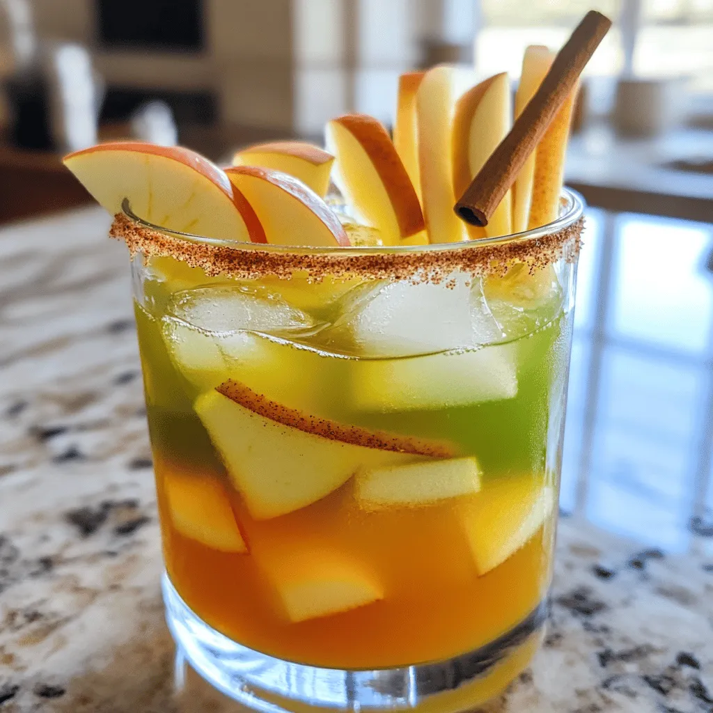 - 1 cup fresh apple cider - 1/4 cup fresh lime juice - 1/4 cup orange juice - 2 tablespoons agave syrup (or honey) - 1/2 teaspoon ground cinnamon - 1/4 teaspoon ground nutmeg - Ice cubes - Apple slices and cinnamon sticks for garnish To get the best taste, use a liquid measuring cup for juices. This helps you pour the right amounts. Use a standard tablespoon to measure syrup. A kitchen scale can help if you want precise measurements for spices. Consistency matters in cooking. Also, remember that fresh juice tastes best. For cider, I prefer local brands, as they often taste fresher. Look for organic options if you can. For lime juice, fresh is always better than bottled. For agave syrup, choose raw for a richer flavor. For spices, I recommend buying whole cinnamon and nutmeg. Grate them fresh for a stronger taste. To make your Apple Cider Margarita, start by gathering all the ingredients. You need fresh apple cider, lime juice, orange juice, agave syrup, ground cinnamon, and ground nutmeg. Here’s how to mix them: 1. In a cocktail shaker, add 1 cup of fresh apple cider. 2. Pour in 1/4 cup of fresh lime juice. 3. Add 1/4 cup of fresh orange juice. 4. Spoon in 2 tablespoons of agave syrup or honey. 5. Sprinkle in 1/2 teaspoon of ground cinnamon. 6. Add 1/4 teaspoon of ground nutmeg. Once you have everything in your shaker, fill it with ice cubes. Cover the shaker and shake it hard for about 15 seconds. This mixes the flavors and chills the drink. Next, strain the mixture into a glass filled with fresh ice cubes. You now have a refreshing Apple Cider Margarita ready to enjoy! Using a cocktail shaker can be easy if you follow some simple tips. First, fill the shaker halfway with ice. This helps chill the drink quickly. When you add the ingredients, do not overfill it. Leave some space for shaking. Make sure to seal the shaker well. Tap it gently to ensure it closes tight. When shaking, hold the shaker with both hands to keep it steady. Shake it vigorously to mix all the flavors. If you feel it getting cold, you’ve shaken it enough! Garnishing your Apple Cider Margarita makes it look great and adds flavor. For this drink, slice an apple and add a few slices to the glass. A cinnamon stick also adds a nice touch. It looks pretty and gives a warm spice aroma. Garnishes can change how we enjoy a drink. They make it feel special. Plus, they can enhance the flavors. The fresh apple and cinnamon create a perfect fall vibe. So, take the time to garnish your cocktail right! One common mistake is using old apple cider. Always use fresh cider for the best taste. Another error is not shaking enough. Shake your cocktail for at least 15 seconds. This chills the drink and mixes flavors. Avoid using too much agave syrup. Start with two tablespoons, and taste before adding more. Too much sweetness can overpower the drink. To balance flavors, focus on the lime juice. It adds tartness that cuts through the sweetness. Use fresh lime juice instead of bottled. The orange juice adds a nice citrus note. The spices, like cinnamon and nutmeg, should be subtle. Start with the suggested amounts, and adjust to your taste. If you want more spice, add a dash more cinnamon. Serve your Apple Cider Margarita chilled. Use a glass filled with ice to keep it cold. A rocks glass works well for this cocktail. The ice helps maintain the drink's refreshing profile. For a festive touch, consider using mason jars. They add charm and are easy to hold. Enjoy your drink right after making it for the best taste! {{image_2}} When making an Apple Cider Margarita, you can choose different spirits. Tequila is a classic choice. It adds a nice kick and blends well with apple cider. If you prefer a smoother taste, try vodka. Vodka keeps the flavors light. Both options create a tasty drink, so pick what you like best. Garnishing can make your drink look great and taste even better. Besides apple slices and cinnamon sticks, think about using other fruits. Slices of pear or orange add fresh flavor. For a spicy touch, sprinkle some chili powder or cayenne pepper on the rim of your glass. This adds a fun twist and surprise to every sip. You can enjoy an Apple Cider Margarita without alcohol. Simply replace the tequila or vodka with sparkling water or soda. This makes a bubbly, refreshing drink. Keep all the other ingredients the same. You still get the tasty mix of apple, lime, and orange. It’s perfect for anyone who wants a festive drink without the alcohol. To store leftover apple cider margarita mixture, pour it into a clean jar. Seal it tightly with a lid. Keep it in the fridge for up to three days. When you’re ready to drink, shake it again before serving. This helps mix the flavors well. To extend the shelf life of your ingredients, focus on freshness. Use fresh apple cider and citrus juices. Store them in the fridge right after buying. Keep spices in a cool, dark place. Avoid moisture to maintain their flavor. Always check the expiration dates on your juices. Batch-prepping your apple cider margarita is easy! Mix the apple cider, lime juice, and orange juice first. Store this mixture in the fridge. Add agave syrup, cinnamon, and nutmeg just before serving. This keeps the spices fresh. Prepare garnishes like apple slices and cinnamon sticks ahead of time, too. Yes, you can use store-bought apple cider. It saves time and still tastes great. Look for a brand with no added sugars or preservatives. Fresh cider will give you the best flavor. If you want a sweeter drink, store-bought can work well. Just adjust the agave syrup to taste. I recommend using a good quality blanco tequila. Blanco has a clean taste that works well with the apple and citrus flavors. Brands like Espolon or Patron offer smooth options. Avoid using flavored tequilas, as they can overpower the drink. Always choose a tequila you enjoy sipping. To make this cocktail ahead, mix the apple cider, lime juice, orange juice, agave syrup, cinnamon, and nutmeg. Store this mixture in the fridge. When you are ready to serve, shake it with ice and strain it into glasses. Garnish just before serving for best results. You now have the tools to make a great Apple Cider Margarita. We discussed key ingredients, measurement tips, and how to enhance flavors. I shared detailed steps for shaking and garnishing, along with common mistakes to avoid. We explored fun variations and how to store the mixture for later use. With these tips, you can enjoy a tasty drink that fits any occasion. Get ready to impress your friends and enjoy this refreshing cocktail!