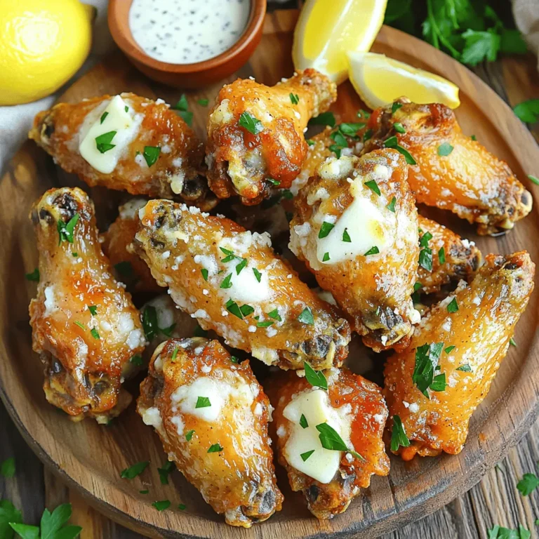 - 2 lbs chicken wings, separated into flats and drumettes - 1 teaspoon salt - 1/2 teaspoon black pepper - 1/2 teaspoon smoked paprika - 1/2 teaspoon garlic powder - 1/4 cup unsalted butter, melted - 1/3 cup grated Parmesan cheese - 2 tablespoons fresh parsley, chopped - 4 cloves garlic, minced - Zest of 1 lemon - Juice of 1/2 lemon You need fresh chicken wings for this dish. Choose wings that are plump and juicy. The seasoning is simple but key to great flavor. Use salt, black pepper, smoked paprika, and garlic powder to spice things up. The garlic Parmesan sauce makes these wings shine. You’ll need unsalted butter, grated Parmesan cheese, fresh parsley, minced garlic, lemon zest, and lemon juice. The butter adds richness, while the garlic and lemon bring brightness. This mix of ingredients creates a tasty dish that is easy to make. You can find these items in most grocery stores. With these ingredients, your air fryer garlic Parmesan wings will impress everyone. How to prep the wings: Start by patting the chicken wings dry with paper towels. This is key for crispiness. Then, place the wings in a large bowl. Add salt, black pepper, smoked paprika, and garlic powder. Toss well until the wings are evenly coated. Preheating the air fryer: Next, preheat your air fryer to 400°F (200°C). This step takes about five minutes. A hot air fryer helps cook the wings faster and makes them crispy. Air frying technique: Once the air fryer is ready, place the seasoned wings in a single layer in the basket. Avoid stacking them. This allows air to flow around each wing for even cooking. Time and temperature details: Cook the wings for 25-30 minutes. Halfway through, shake the basket to flip the wings. This ensures all sides get golden brown and crispy. Steps to make the garlic Parmesan sauce: While the wings cook, make the sauce. Melt butter in a small saucepan over low heat. Add minced garlic and sauté for 1-2 minutes. When it smells wonderful, remove it from heat. Stir in grated Parmesan, lemon zest, and lemon juice. Mix until smooth and combined. Tossing wings in sauce: When the wings are done, move them to a large mixing bowl. Pour the garlic Parmesan sauce over the wings. Toss until every wing is well coated in the sauce. Garnishing tips: Lastly, add chopped parsley for color and flavor. Serve the wings on a large platter. You can add lemon wedges and extra parsley for a fresh touch. Consider a small bowl of ranch or blue cheese dressing on the side for dipping. To make your wings crispy, start by drying them well. Use paper towels to pat them dry. Removing moisture helps the wings crisp up in the air fryer. I also suggest using cooking spray. A light coat on the wings and basket helps them brown nicely. Every air fryer cooks a bit differently. Some may cook faster than others. I recommend checking your wings at 20 minutes. If they need more time, add 5-minute intervals. Look for a deep golden color as a sign they are done. Always ensure the internal temperature reaches 165°F (74°C). This keeps your wings safe to eat. {{image_2}} You can spice up your garlic Parmesan wings. Here’s how: - Spicy Garlic Parmesan Wings: Add cayenne pepper or hot sauce to the seasoning mix. This will give your wings a nice kick. Toss the wings in the spicy garlic sauce for a fiery flavor. - Honey Garlic Variation: Mix honey into the sauce. This sweet touch balances the garlic. Simply stir in 2 tablespoons of honey with the butter and garlic for a tasty twist. You can try other sauces for your wings. Here are some ideas: - Other Sauce Options for Coating: Use buffalo sauce, teriyaki sauce, or barbecue sauce. They all give a unique taste. You can mix these sauces with the garlic Parmesan sauce for extra flavor. - Dipping Sauces Suggestions: Serve with ranch dressing, blue cheese dressing, or a spicy mayo. These dips complement the wings well. They add creaminess and flavor that make each bite even better. To keep your garlic Parmesan wings fresh, store them right. Place the cooled wings in an airtight container. Make sure they are dry to avoid sogginess. You can keep them in the fridge for up to three days. For longer storage, freeze the wings. Use a freezer-safe bag or container, and remove as much air as possible. They will stay good for about three months in the freezer. To reheat the wings, the air fryer is your best friend. Preheat the air fryer to 350°F (175°C). Place the wings in a single layer in the basket. Heat for about 10-12 minutes until they are hot and crispy. If you want to use a microwave, place the wings on a microwave-safe plate. Heat them in short bursts of 30 seconds. This method may not keep them crispy, but it will warm them up. To get crispy chicken wings, cook them for 25 to 30 minutes at 400°F (200°C). I like to shake the basket halfway through. This helps them cook evenly. You want a golden brown color and a nice crunch. Yes, you can use frozen wings! Just add a few extra minutes to your cooking time. Cook them for about 30 to 35 minutes. Check their doneness to ensure they are cooked through. These wings pair well with many sides. Here are some ideas: - Celery sticks: Crunchy and refreshing. - Carrot sticks: Adds color and sweetness. - French fries: A classic comfort food. - Potato wedges: Perfect for dipping. For drinks, consider these pairings: - Beer: A light lager or pale ale works great. - Lemonade: A refreshing, tangy option. - Iced tea: A cool drink that balances the wings' flavor. These sides and drinks will make your meal even better! You now have all you need to make amazing garlic Parmesan chicken wings! We covered ingredients, cooking steps, and even storage tips. You learned how to achieve crispiness and explore fun flavor variations. Remember, cooking is about experimenting and having fun. So don’t be afraid to try new sauces or adjustments. Enjoy your wings with great sides and drinks, and impress your friends and family. Happy cooking!