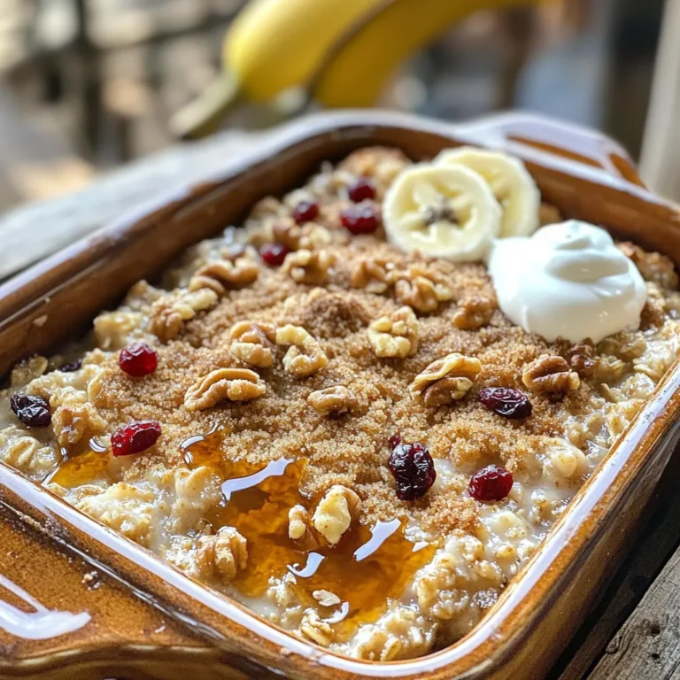 - 2 cups rolled oats - 1 cup milk (or non-dairy milk) - 2 tablespoons maple syrup - 1/4 cup brown sugar - 1 teaspoon baking powder - 1 teaspoon cinnamon - 1/2 teaspoon salt - 1/2 cup chopped nuts (walnuts or pecans) - 1/2 cup dried fruit (such as cranberries or raisins) - 2 large eggs - 1/2 teaspoon vanilla extract - 1/4 cup melted coconut oil (or butter) This recipe for Maple Brown Sugar Baked Oatmeal uses simple ingredients. The oats form the base. They provide a hearty texture and help keep you full. Milk or non-dairy milk adds moisture. Maple syrup and brown sugar give sweetness. The baking powder makes it rise and stay fluffy. Cinnamon adds warmth and spice. Salt enhances all the flavors. Nuts provide crunch and healthy fats. Dried fruit adds chewiness and natural sweetness. Eggs bind everything together. Vanilla extract adds a lovely aroma. Coconut oil or butter adds richness. These ingredients blend well to create a tasty dish. You can easily swap items based on your needs. Enjoy the process of mixing and creating! - Preheat the oven to 350°F (175°C). - Grease an 8x8-inch baking dish with coconut oil or cooking spray. - In a large bowl, mix together the dry ingredients: rolled oats, baking powder, cinnamon, and salt. - In a separate bowl, whisk together 2 large eggs, 1/2 teaspoon vanilla extract, and 1/4 cup melted coconut oil. - Make sure the oil is not too hot. You want it warm, not hot. - Add the wet mixture to the dry oat mixture. Stir until well mixed. - Gently fold in 1/2 cup of chopped nuts and 1/2 cup of dried fruit. - Pour this mixture into the greased baking dish. Spread it evenly. - Bake for 30-35 minutes. The top should look golden brown. - Check with a toothpick. If it comes out clean, it’s ready. Let it cool for a few minutes. Slice before serving. To achieve the perfect texture in your Maple Brown Sugar Baked Oatmeal, focus on the right balance of ingredients. The oats should be moist but not soggy. Use two cups of rolled oats and one cup of milk. This will help the oats soak well. The addition of eggs adds structure, so don’t skip those. To ensure even baking, preheat your oven to 350°F (175°C). A well-preheated oven helps the oatmeal rise and bake uniformly. Spread the mixture evenly in your greased baking dish. If you notice uneven browning, rotate the dish halfway through baking. You can try alternative sweeteners to change the taste. Honey or agave syrup works well if you want a different flavor. For spices, consider adding nutmeg or ginger for a warm kick. Adding fresh fruit before baking enhances the dish. You can mix in sliced bananas or diced apples. These fruits add moisture and natural sweetness. You can also sprinkle some berries on top for a vibrant finish. For ideal toppings, serve your baked oatmeal warm with a drizzle of extra maple syrup. A sprinkle of fresh fruit adds color and flavor. You might also try adding a dollop of yogurt for creaminess. If you have leftovers, cut them into bars for a quick snack. You can also serve them cold with milk. Another idea is to warm them up in the microwave for a cozy breakfast option. {{image_2}} You can easily make baked oatmeal gluten-free. Just use certified gluten-free oats. For non-dairy options, swap regular milk for almond, soy, or oat milk. These changes keep the dish tasty and friendly for more diets. Want to switch things up? Add chocolate chips for a sweet twist. You can mix in nuts like almonds or pecans. Dried fruits, such as raisins or blueberries, add fun bursts of flavor. Experiment with your favorite combinations to find what you love most. You can serve baked oatmeal in many ways. Cut it into bars for a quick snack on the go. Alternatively, use muffin tins to make individual servings. This way, you can grab one for breakfast or a snack anytime. Both styles make it easy to enjoy this dish! To store leftovers in the refrigerator, first let the baked oatmeal cool. Then, cut it into squares. Place the squares in an airtight container. This will keep it fresh for up to five days. You can enjoy it warm or cold. For longer shelf life, you can freeze the baked oatmeal. After cutting it into squares, wrap each piece in plastic wrap. Then, place the wrapped squares in a freezer-safe bag. They will stay good for up to three months. Just label the bag with the date. When you want to enjoy your baked oatmeal again, use the oven or microwave. To reheat in the oven, preheat it to 350°F (175°C). Place the oatmeal on a baking sheet and cover it with foil. Heat for about 15 minutes. If using a microwave, place a square on a plate. Heat it for 30 seconds to one minute. Check if it’s warm enough before eating. Can I make it ahead of time? Yes, you can prepare this dish a day before. Just mix all the ingredients, cover, and store in the fridge. Bake it fresh in the morning. How do you store baked oatmeal? Store it in an airtight container in the fridge. It lasts for about five days. You can also cut it into squares for easy serving. Is this recipe suitable for meal prep? Absolutely! This baked oatmeal is perfect for meal prep. You can make a batch, slice it, and enjoy it throughout the week. Can I substitute maple syrup with another sweetener? Yes, you can use honey or agave syrup as alternatives. Adjust the amount to match your taste. What to do if it’s too dry/wet? If it’s too dry, add a splash of milk. If it’s too wet, bake it a bit longer. Check for doneness by inserting a toothpick. How to fix overcooked oatmeal? If your baked oatmeal is overcooked, it may be crumbly. Try adding a little milk or yogurt on top before serving to add moisture. Caloric content per serving Each serving has about 200 calories. This is a great option for a filling breakfast. Breakdown of nutritional values - Carbohydrates: 30g - Protein: 6g - Fat: 8g - Fiber: 4g This dish is a good source of fiber and healthy fats, thanks to the nuts. This blog post covered a simple baked oatmeal recipe. We looked at the main ingredients, detailed step-by-step instructions, and tips for the best bake. You learned how to customize flavors and store leftovers. Remember, baked oatmeal is versatile; you can enjoy it for breakfast or as a snack. Don't be afraid to experiment with your favorite mix-ins. Every bite can be delicious and nutritious. Now, it’s time to gather your ingredients and start baking!
