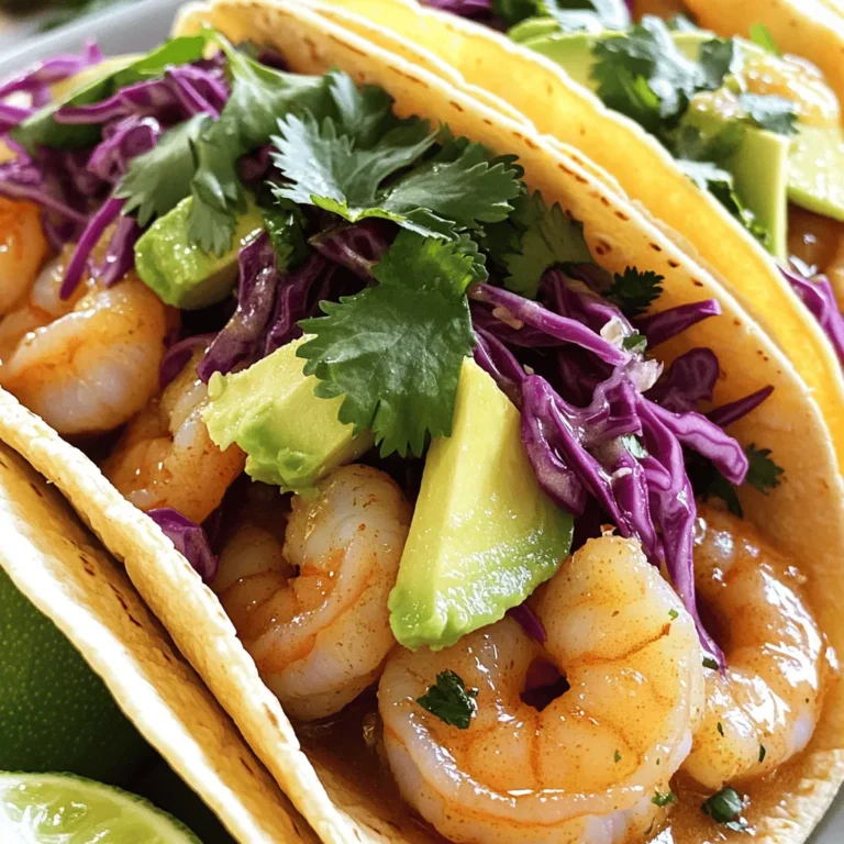 - 1 lb large shrimp, peeled and deveined - 4 tablespoons unsalted butter - 4 garlic cloves, minced - 1 teaspoon smoked paprika - 1 teaspoon cumin - 1 lime (zested and juiced) - Salt and pepper to taste - 8 small corn tortillas - 1 cup red cabbage, finely shredded - 1 avocado, sliced - Fresh cilantro, for garnish - Lime wedges, for serving Gathering the right ingredients makes cooking easy and fun. I always start with fresh shrimp. You want shrimp that are large, peeled, and deveined. This saves time and makes eating easier. Next, I use unsalted butter for that rich flavor. Garlic is a must in this recipe. Minced garlic adds a nice punch. I also add smoked paprika and cumin for warmth and depth. Don't forget the lime! Zest and juice it for a burst of flavor. You can adjust salt and pepper to your taste. The corn tortillas are perfect for wrapping those tasty shrimp. Finally, I love to dress the tacos with fresh toppings. Shredded red cabbage adds crunch. Slices of avocado bring creaminess. A sprinkle of cilantro gives freshness. Lime wedges on the side add extra zing. With these ingredients, you’ll make garlic butter shrimp tacos that are full of flavor! 1. Start by melting the butter in a large skillet over medium heat. 2. Once melted, add the minced garlic. Sauté it for about a minute. Keep an eye on it to avoid burning. 3. Next, sprinkle in the smoked paprika and cumin. Stir these spices with the garlic. This will create a rich flavor. 4. Now, add the shrimp. Season with salt and pepper. Cook for 3-4 minutes. Watch for the shrimp to turn pink, indicating they are fully cooked. 5. Finally, squeeze in the lime juice and add the lime zest. Toss the shrimp in this garlicky butter sauce. Remove from heat. 1. In a separate skillet, warm the corn tortillas over low heat. Heat them for about 1 minute on each side. 2. To keep the tortillas pliable, cover them with a clean towel after warming. This will help them stay soft and easy to fold. 1. Begin by layering shredded cabbage on each warmed tortilla. This adds a nice crunch. 2. Next, place a few garlic butter shrimp on top of the cabbage. 3. Add slices of avocado for creaminess. 4. For the finishing touch, garnish with fresh cilantro. Serve with lime wedges on the side for some extra zing. To cook shrimp just right, keep the cooking time short. You should cook shrimp over medium heat for about 3 to 4 minutes. Watch carefully as they turn from gray to pink. This change means they are done. Another clear sign is when they curl into a C shape. Avoid overcooking, as shrimp can become tough. You can add extra spices to boost flavor. For a kick, try adding chili powder or cayenne pepper. If you want a fresh taste, mix in some chopped green onions or fresh lime juice. If you have dietary needs, swap butter for olive oil. Use gluten-free tortillas if needed. For plating, stack the tacos on a bright plate. This makes them pop! Place a lime wedge on the side for a splash of color. You can also sprinkle extra cilantro on top for a fresh look. If you’re hosting a party, serve the tacos on a large platter. This makes it easy for guests to help themselves and enjoy! {{image_2}} You can swap the shrimp for chicken or fish. Chicken thighs work well. Just cut them into small pieces and follow the same cooking steps. Fish like cod or tilapia can also shine in these tacos. They cook fast and soak up the flavors nicely. If you prefer a vegetarian option, tofu is a great choice. Firm tofu holds up well when cooked. Cut it into cubes, and sauté it in the garlic butter sauce. Tofu takes on the flavors beautifully, making for a tasty taco. Want to spice things up? Try spicy garlic butter shrimp. Add red pepper flakes or diced jalapeños when cooking. This adds heat and a nice kick. You’ll love the extra flavor! For a zesty twist, make cilantro lime shrimp. Mix chopped cilantro and lime juice into the butter sauce. The fresh herbs brighten the dish and give it a refreshing taste. Taco toppings can change everything. Instead of just avocado, try adding mango salsa or diced tomatoes. These add sweetness and color. Crumbled feta cheese can add a creamy texture, too. Get creative with your fillings. Try using grilled veggies like bell peppers or zucchini. You can even add a spoonful of black beans for extra protein. The options are endless! To refrigerate garlic butter shrimp, first let it cool completely. Place the shrimp in an airtight container. This keeps the shrimp fresh and prevents odors. The shrimp will stay good in the fridge for up to three days. To maintain flavors, add a little extra lime juice before sealing. This helps keep the taste bright and zesty. When reheating shrimp tacos, use a skillet for the best results. Heat the skillet on low and add the shrimp. Stir gently until warmed through. This usually takes about 3-4 minutes. Avoid overcooking during reheating. Shrimp can become tough if heated too long. You can also microwave the shrimp. Heat in 30-second bursts to ensure you don’t overcook. Shrimp can be frozen for later use. Place cooked shrimp in a freezer-safe bag. Remove as much air as possible before sealing. Write the date on the bag for reference. Frozen shrimp can last up to three months. When ready to use, thaw in the fridge overnight. Avoid refreezing shrimp after it has been thawed. Garlic butter shrimp lasts about 3 days in the fridge. Store it in an airtight container. This helps keep it fresh and safe to eat. Always check for any off smells before consuming. If it smells funny, it’s best to throw it out. Yes, you can make the shrimp ahead of time. Cook it as directed, then let it cool. Place it in a container and store it in the fridge. This way, you save time when you are ready to eat. Just reheat gently on the stove or in the microwave. Garlic butter shrimp tacos pair well with various sides. Consider serving them with: - Mexican rice - Black beans - Grilled corn - Fresh salad These options add color and flavor to your meal. Plus, they complement the tacos nicely! This blog post covered the key ingredients and steps for making delicious garlic butter shrimp tacos. You learned about essential flavors, cooking methods, and tips for perfect shrimp. We explored tasty variations, storage tips, and answers to common questions. Now, you can confidently prepare these tacos at home. Enjoy experimenting with different ingredients and flavors. Happy cooking!
