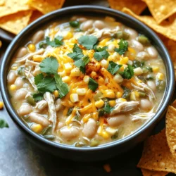 - 2 pounds boneless, skinless chicken breasts - 1 can (15 oz) white beans, drained and rinsed - 1 can (15 oz) corn, drained - 1 can (4 oz) diced green chilies - 1 onion, diced - 3 cloves garlic, minced - 4 cups chicken broth - 1 teaspoon ground cumin - 1 teaspoon chili powder - 1 teaspoon paprika - Salt and pepper to taste - 1 cup sour cream - 1 cup shredded Monterey Jack cheese - Fresh cilantro, for garnish In this recipe, you use simple, fresh ingredients to build rich flavors. The chicken serves as the base, making it hearty. White beans and corn add texture and sweetness. Diced green chilies bring a mild heat and depth. Aromatics like onion and garlic are key to boosting taste. They create a fragrant foundation. Seasonings like cumin, chili powder, and paprika add warmth and flavor. Finally, the creamy additions transform the chili. Sour cream and cheese create a smooth finish. Garnish with fresh cilantro for a pop of color and freshness. This combination makes for a comforting and satisfying meal. To make Slow Cooker White Chicken Chili, start by placing the chicken breasts at the bottom of your slow cooker. This helps them cook nicely. Next, layer on the other ingredients. Add the drained white beans, corn, diced green chilies, diced onion, and minced garlic on top of the chicken. These veggies add great flavor. Now, it’s time to season. Pour in the chicken broth, then sprinkle the ground cumin, chili powder, paprika, salt, and pepper over everything. This mix gives the chili a warm taste. You have two cooking options. Set your slow cooker to low for 6-8 hours or high for 3-4 hours. The chicken should be fully cooked and tender. Check the chicken by making sure it reaches an internal temperature of 165°F. This ensures your meal is safe to eat! When the chicken is ready, take it out of the slow cooker. Shred it using two forks. This makes it easier to mix into the chili. Return the shredded chicken back to the slow cooker. Now, stir in the sour cream and shredded Monterey Jack cheese. This step makes the chili creamy and rich. Taste your chili and adjust the seasoning if needed. You can add more salt or spices to suit your taste. To get the best texture when shredding chicken, let it cool a bit first. Use two forks to pull the chicken apart. This makes it easier and keeps the meat juicy. Shredding it back into the chili adds flavor and keeps every bite tender. To enhance creaminess, add more sour cream or cheese. You can also mix in cream cheese for a richer taste. Stir these in after the chicken is shredded. This way, they melt nicely and make the chili smooth and thick. When serving, use deep bowls to hold the chili. This keeps it warm and helps with presentation. Top each bowl with fresh cilantro and a sprinkle of extra cheese. This adds color and flavor. Tortilla chips are perfect on the side. They give a nice crunch and make the meal fun. You can also offer slices of avocado or a dollop of guacamole for extra richness. If your chili is too thick, add more chicken broth. A little at a time is best. Stir well and let it heat up. This will help reach your desired consistency. For spice levels, taste as you go. If it's too mild, add more chili powder or diced green chilies. If it’s too spicy, balance it with more sour cream or cheese. This will help tone down the heat and keep the flavor right. {{image_2}} You can change the beans in your chili. Use black beans or pinto beans for a new taste. You can also add more vegetables. Chopped bell peppers or zucchini work great. They add color and nutrients. If you need a gluten-free version, skip any flour-based thickeners. Use gluten-free broth and double-check all labels. For a dairy-free meal, swap sour cream with coconut cream. You can also make it vegetarian. Just replace chicken with more beans or lentils. Spice up your chili with different herbs and spices. Try adding oregano or coriander for a fresh twist. You can also use lime juice to add some zing. For toppings, consider avocado slices, jalapeños, or crushed tortilla chips. These add crunch and flavor to every bite! To keep your chili fresh, use airtight containers. Glass or plastic containers work well. Store the chili in the fridge for up to four days. This ensures the flavors stay great and your meal remains safe to eat. You can freeze white chicken chili for up to three months. First, let it cool completely. Then, transfer it to freezer-safe bags. Remove as much air as possible before sealing. When you want to eat it, place it in the fridge overnight to thaw. This keeps the taste and texture nice. To reheat, use the stove or microwave. If using the stove, heat in a pot over low heat. Stir often to prevent sticking. In the microwave, use a microwave-safe bowl. Heat in 1-minute bursts, stirring in between. This way, the flavors stay rich and creamy. You can store your Slow Cooker White Chicken Chili in the fridge for up to four days. Make sure to place it in an airtight container. This keeps the chili fresh and safe to eat. If you want to enjoy it longer, consider freezing it. Yes, you can make this recipe in advance. Prepare the chili a day or two ahead of time. This allows the flavors to blend and deepen. Just follow the recipe and let it cool before storing. Reheat it when you are ready to enjoy. You can serve this chili with tortilla chips for crunch. It also pairs well with cornbread or rice for a hearty meal. For a fresh touch, add a side salad or sliced avocado. These options create a balanced and tasty meal. This blog post shared a simple recipe for Slow Cooker White Chicken Chili. We covered the key ingredients, step-by-step cooking instructions, and helpful tips for the best results. You learned about ingredient swaps and storing leftovers. For delicious chili, stick to the details. Enjoy this easy, tasty dish with family and friends. Adapt it to fit your taste, and don’t forget to make enough for seconds!